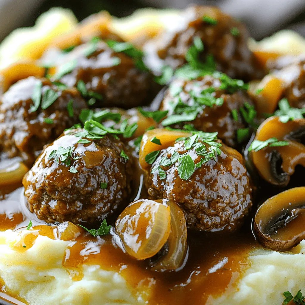 - 1 pound ground beef - 1/2 cup breadcrumbs - 1/4 cup grated Parmesan cheese - 1 large egg - 1 teaspoon garlic powder - 1 teaspoon onion powder - Salt and black pepper to taste - 3 cups beef broth - 1 medium onion, sliced into thin rings - 1 cup mushrooms, sliced - 1 tablespoon Worcestershire sauce - 1 tablespoon soy sauce - 2 tablespoons cornstarch mixed with 3 tablespoons cold water - Fresh parsley, roughly chopped Gathering the right ingredients is key to making great Slow Cooker Salisbury Steak Meatballs. Each item adds flavor and texture. Start with ground beef. It forms the base of your meatballs. The breadcrumbs give them a nice bite. The grated Parmesan cheese adds a rich, savory taste. Don’t forget the egg. It helps bind everything together. Garlic powder and onion powder bring in that classic flavor. Season with salt and pepper to taste for balance. Next, you’ll need beef broth, which keeps the meatballs moist. The sliced onion and mushrooms create a tasty layer underneath the meatballs. Worcestershire sauce and soy sauce add depth to the broth. Finally, you’ll use cornstarch mixed with cold water to thicken the sauce later. Fresh parsley is a beautiful garnish that brightens up the dish. This is the full recipe to guide you through the process. - In a large bowl, mix the ground beef, breadcrumbs, Parmesan cheese, egg, garlic powder, onion powder, salt, and black pepper. Use your hands to mix gently. Be careful not to overmix; it can make the meatballs tough. - Shape the mixture into meatballs about the size of golf balls, around 1.5 inches wide. Place them on a baking sheet to keep them ready for the next step. - Start by layering the sliced onions and mushrooms at the bottom of the slow cooker. This will add great flavor to the meatballs. - Next, place the meatballs carefully on top of the onions and mushrooms. Make sure they sit nicely without crowding. - In a separate bowl, whisk together the beef broth, Worcestershire sauce, and soy sauce until smooth. This mix adds depth to the dish. - Pour this mixture over the meatballs in the slow cooker. Ensure the meatballs are mostly submerged in the broth. - Cover the slow cooker. Cook on low for 6 to 8 hours or on high for 3 to 4 hours. The meatballs should be tender and fully cooked. - About 30 minutes before serving, take out 1 cup of broth. Mix it with cornstarch and cold water in a small bowl until smooth. Stir this back into the slow cooker to thicken the sauce. For the full recipe, check out the detailed instructions provided above. To make the best meatballs, avoid overmixing the meat. Gently combine the ground beef, breadcrumbs, and spices until they just blend. Overmixing can make your meatballs tough, which is not what we want. When shaping your meatballs, aim for consistency. Use your hands to form balls about the size of golf balls, roughly 1.5 inches in diameter. This will help them cook evenly and look nice on the plate. To boost the flavor of your meatballs, consider adding herbs or spices. Fresh herbs like parsley or thyme can brighten the dish. Garlic powder and onion powder already add depth, but you can also try a pinch of paprika or Italian seasoning for an extra kick. Adjusting the sauce thickness is key. If you want a thicker sauce, use the cornstarch mixture as directed in the recipe. If you prefer a thinner sauce, skip the cornstarch or add more broth to achieve your desired consistency. These Salisbury steak meatballs shine when paired with creamy mashed potatoes or fluffy egg noodles. The sauce drizzles beautifully over these sides, making each bite a delight. For garnishing, fresh parsley adds color and a burst of flavor. You can also sprinkle some extra grated Parmesan cheese on top for added richness. Enjoy your meal and the smiles it brings! {{image_4}} You can switch up the meat in this recipe. Ground turkey or chicken works well. These meats are leaner, giving a lighter taste. If you want a plant-based option, try using lentils or chickpea-based ground meat. Both choices keep the meal filling and tasty, perfect for any diet. Don't hesitate to play with the sauce! You can use BBQ sauce for a sweet twist. Mushroom sauce adds a rich, earthy flavor. Adjusting seasonings also changes the taste. Try adding thyme or smoked paprika to enhance the dish. Experimenting keeps things fun and fresh. For gluten-free meatballs, use gluten-free breadcrumbs. This small change keeps the dish safe for those with gluten sensitivities. If you want to lower calories, cut back on breadcrumbs. You can also use lean ground beef or turkey. This helps make a lighter meal without losing flavor. For the full recipe, check out the details above. To keep your Slow Cooker Salisbury Steak Meatballs fresh, follow these tips: - Refrigeration: Allow the meatballs to cool down before storing. Place them in an airtight container. They will last in the fridge for up to three days. - Freezing tips: If you want to save them for later, freeze the meatballs in a single layer on a baking sheet. Once frozen, transfer them to a freezer-safe bag. They can stay good for up to three months. When it's time to enjoy your leftovers, you have two great options: - Microwave: Place the meatballs in a microwave-safe dish. Cover with a damp paper towel. Heat for 1-2 minutes on high. Check if they're warm enough; if not, heat in 30-second bursts. - Oven: Preheat your oven to 350°F (175°C). Place the meatballs in an oven-safe dish and cover with foil. Heat for about 20 minutes, or until hot throughout. This method helps keep the texture and flavor intact. For both methods, always check that the meatballs are hot all the way through. Enjoy your hearty comfort meal! These delicious meatballs can last 3 to 4 days in the fridge. Store them in an airtight container. For longer storage, freeze them for up to 3 months. Just let them cool before freezing. When ready to eat, thaw in the fridge overnight. Yes, you can cook this recipe on high. When using the high setting, cook for 3 to 4 hours instead of 6 to 8 hours. The meatballs will still be tender, but cooking on low helps the flavors blend better over time. I love serving these meatballs with creamy mashed potatoes or fluffy egg noodles. You can also add steamed vegetables like green beans or broccoli for a balanced meal. A fresh side salad rounds out the plate nicely. Absolutely! You can use frozen meatballs to save time. Just add them to the slow cooker without thawing. Increase cooking time to about 5 to 6 hours on low or 2 to 3 hours on high. The sauce will still be rich and flavorful. To thicken the sauce, make a slurry. Mix 2 tablespoons of cornstarch with 3 tablespoons of cold water in a small bowl. Stir this mixture into the slow cooker about 30 minutes before serving. This will help the sauce become thicker and more delicious! In this post, I covered how to make Slow Cooker Salisbury Steak Meatballs. We discussed the key ingredients, preparation steps, and cooking tips to ensure delicious results. Remember, mix your meat carefully and experiment with flavors to suit your taste. Try different meats or sauces to keep things exciting. Store leftovers properly for later meals. With these tips, you can make a hearty dish that pleases everyone. Enjoy your cooking adventure!