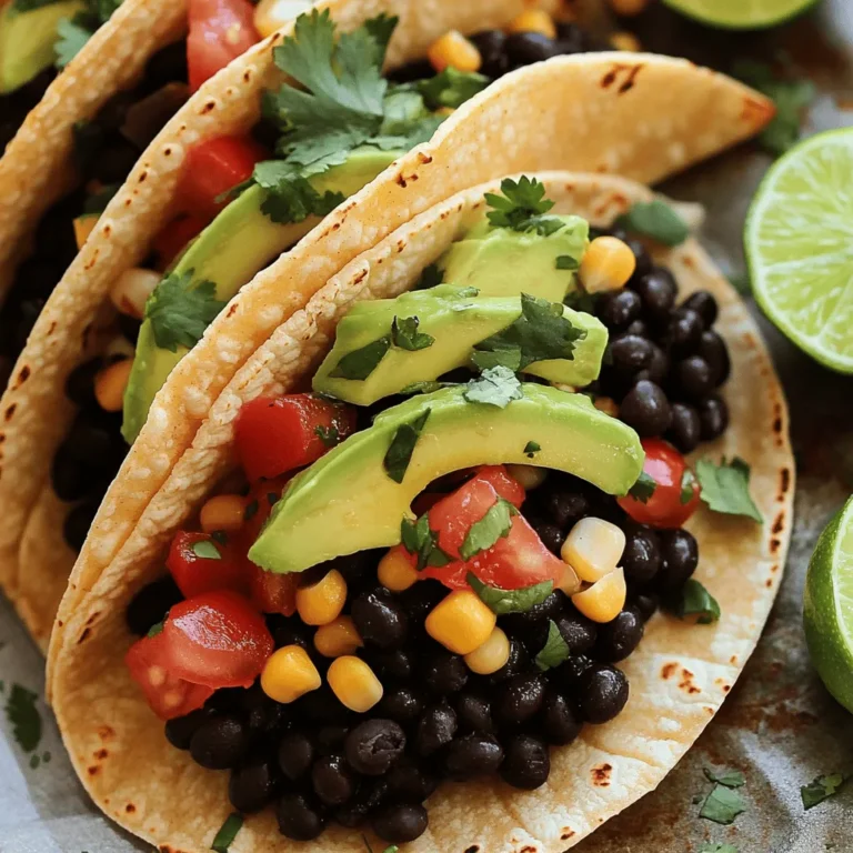 To make delicious budget-friendly black bean tacos, you need a few key items: - 2 cans black beans, rinsed and drained - 1 cup corn (fresh, frozen, or canned) - 1 medium onion, diced - 2 cloves garlic, minced These ingredients pack flavor and nutrition. Black beans are rich in protein and fiber. Corn adds sweetness and texture. Onion and garlic bring depth to your dish. Spice it up with these: - 1 teaspoon ground cumin - 1 teaspoon smoked paprika - Salt and pepper to taste Cumin gives warmth and earthiness. Smoked paprika adds a hint of smokiness. Salt and pepper enhance all the flavors and make your tacos shine. Finish your tacos with these delicious toppings: - 8 small corn tortillas - 1 ripe avocado, sliced - 1 cup diced tomatoes - Fresh cilantro leaves, for garnish - Lime wedges, for serving Corn tortillas are perfect for wrapping your filling. Avocado adds creaminess. Diced tomatoes provide freshness. Cilantro gives a burst of flavor. Lime wedges add a zesty kick right before eating. With these ingredients, you can easily whip up tasty black bean tacos. Check out the Full Recipe for step-by-step instructions and tips! - Heating the skillet: Start by taking a large skillet. Add 1 tablespoon of cooking oil. Heat it over medium heat until it shimmers. - Sautéing onions and garlic: Now, add your diced onion. Cook it for about 5 minutes until it gets soft. Then, add minced garlic and cook for one more minute. You want it to smell great! - Incorporating beans and corn: Next, add the rinsed black beans and corn. Sprinkle in the ground cumin and smoked paprika. Make sure to add salt and pepper to taste. Stir well and cook for about 5-7 minutes. This allows all flavors to mix. - Seasoning the mixture: As everything cooks, keep stirring occasionally. You want the filling to be heated through and nicely combined. This is where the magic happens! - Warming the tortillas: In a separate skillet, warm the corn tortillas. Heat them over medium for about 30 seconds on each side. They should be soft and pliable. - Adding toppings and serving: Place a scoop of the black bean mixture in each tortilla. Top with slices of avocado and diced tomatoes. Don’t forget fresh cilantro for flavor! Serve with lime wedges on the side for that zesty kick. Enjoy your budget-friendly black bean tacos! For a full recipe, check [Full Recipe]. - Buying ingredients in bulk: When you buy in bulk, you save money over time. Look for stores that offer discounts on larger packages of beans, rice, or grains. These staples make great meals that last. - Using frozen or canned options: Frozen vegetables and canned beans are often cheaper and just as good as fresh ones. They save time and reduce waste. I always keep a few cans of beans and bags of frozen corn on hand for quick meals. - Perfecting the texture of the beans: If you want creamy beans, soak dried beans overnight. Cook them slowly until tender. If you use canned beans, rinse them well. This helps remove extra sodium and gives a better taste. - Enhancing flavors with spices: Spices can make a big difference. Use ground cumin and smoked paprika for warmth. A pinch of salt and pepper elevates the dish. Don't be afraid to experiment with spices you love! - Garnishing creatively: Presentation matters, even on a budget. Use avocado slices and fresh cilantro for color. A squeeze of lime adds brightness. Simple garnishes can make your meal look gourmet. - Serving suggestions for meals: Serve your tacos on a colorful platter. This adds fun to the meal. You can also provide a side of salsa for extra flavor. It keeps things interesting and gives everyone options. For an easy and delicious recipe, check out the Full Recipe for Budget-Friendly Black Bean Tacos. These tips will help you stretch your budget and enjoy great meals. {{image_4}} You can easily change the main ingredients in your tacos. If you want to save money or try something new, consider these swaps: - Substitute beans with lentils or chickpeas: Lentils and chickpeas are cheap, healthy, and full of protein. They cook fast and add great flavor. You can use cooked lentils in the same way as black beans. Chickpeas can be mashed for a creamy texture. - Using different vegetables: Veggies like bell peppers, zucchini, or spinach can replace corn or beans. They add color and crunch. You can sauté them with the onion and garlic to bring out their flavor. Cooking methods can change how your meal turns out. Here are two great options: - Baking vs. frying tortillas: Frying tortillas gives them a crispy texture. Just add a little oil to a pan and fry until golden. Baking is healthier. Bake tortillas at 350°F (175°C) for about 10 minutes. This makes them warm and slightly crisp. - Using a slow cooker for filling: A slow cooker is perfect for busy days. Toss in your beans, veggies, and spices, and let it cook on low for 6-8 hours. This method blends the flavors well and makes the filling super tender. Adding extra flavors can make your tacos pop. Here are some ideas: - Adding cheese or hot sauce: A sprinkle of cheese can make tacos creamy and rich. Use cheddar, feta, or even vegan cheese. Hot sauce adds spice and excitement. You can choose your favorite brand for a kick! - Incorporating different herbs: Fresh herbs like cilantro, parsley, or green onions enhance the taste. They add freshness and aroma. You can mix them in with the filling or sprinkle on top for a burst of flavor. Experimenting with these variations can make your budget-friendly black bean tacos even more exciting. For the full recipe, check the main section! After enjoying your budget-friendly black bean tacos, store the leftovers right away. Cool them to room temperature first. Keep the tacos separate from the filling. This keeps the tortillas from getting soggy. Use airtight containers for best results. Glass or plastic containers work well. Label them with the date, so you know when to eat them. You can also freeze the filling for later. Place it in an airtight container or freezer bag. Remove as much air as possible. This helps it last longer. When you're ready to eat, thaw the filling in the fridge overnight. Reheat it in a skillet over medium heat. Stir occasionally until hot. You can also use the microwave. Heat it in short bursts, stirring in between. How long do your ingredients last? Cooked black bean filling lasts 3-5 days in the fridge. Corn and onions also last about the same time. Keep an eye on them for freshness. Watch for signs of spoilage. If the filling smells off or has a strange color, toss it. Trust your senses! Eating spoiled food can make you sick. To make black bean tacos vegetarian or vegan, use plant-based toppings. Replace sour cream with avocado or a vegan yogurt. If a cheese substitute is needed, try a nut-based cheese or skip it altogether. These swaps keep the dish tasty and plant-based. You can also check for any non-vegan fillers in store-bought sauces. You can add many tasty toppings to your tacos. Consider fresh lettuce, diced onions, or jalapeños for a kick. A sprinkle of cheese can add creaminess. You might also include salsa or hot sauce for extra flavor. Black olives and radishes bring crunch and color. Experiment with your favorite toppings! Yes, you can meal prep black bean tacos easily. Cook the filling in advance and store it in the fridge. Use airtight containers for best results. When you’re ready to eat, warm the filling in a skillet. Heat the tortillas for a few seconds. This way, you enjoy fresh tacos in no time! Yes, black bean tacos can be gluten-free. Use 100% corn tortillas, which are naturally gluten-free. Always check the labels on your tortillas to confirm. Avoid any sauces or toppings with gluten. By following these tips, you can enjoy delicious gluten-free tacos without worry. In this article, I shared how to make delicious black bean tacos. The key ingredients include black beans, corn, onion, and garlic. I guided you through each step, from preparation to assembly. You learned tips for saving money and enhancing flavors, plus variations for extra fun. Remember, these tacos are customizable, so feel free to swap ingredients. With the right storage methods, you can enjoy leftovers too. Now, go make your own tasty tacos and enjoy every bite!