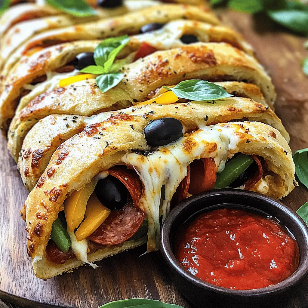 - 1 pound pizza dough (store-bought or homemade) - 1 cup marinara sauce (for dipping) - 2 cups shredded mozzarella cheese - 1 cup sliced pepperoni - 1 cup mixed bell peppers, sliced - 1/2 cup sliced black olives - 1/2 teaspoon garlic powder - 1/2 teaspoon dried Italian herbs - 1 egg, beaten - Flour, for dusting When making a delicious Stromboli, you need the right ingredients. The key is to use fresh items. This ensures each bite bursts with flavor. First, you need pizza dough. You can buy it or make it at home. I often choose store-bought dough for speed. Next, grab some marinara sauce. This will be your tasty dip. Now, let's talk cheese. Mozzarella is a must. It melts beautifully and gives that stretchy, gooey texture. Pepperoni adds a savory kick that kids love. For crunch and color, add mixed bell peppers. I like to use red, yellow, and green for a vibrant look. Black olives add a salty bite. Lastly, don't forget garlic powder and Italian herbs. They boost flavor and aroma. A beaten egg helps give the Stromboli a lovely golden crust when baked. Before you start cooking, grab flour for dusting. This prevents the dough from sticking. With these ingredients, you're ready to create a family-friendly dinner that everyone will enjoy. - Baking sheet - Rolling pin - Parchment paper - Knife You need a few tools to make your Stromboli. A baking sheet is essential for cooking. It holds the Stromboli while it bakes. A rolling pin helps you flatten the dough evenly. This is important for a good roll. Parchment paper makes cleanup easy. It also prevents sticking. Lastly, have a sharp knife on hand. You’ll use it to slice the Stromboli before serving. These tools make the process smooth and simple. - Additional vegetables (e.g., mushrooms, spinach) - Different cheese types (e.g., cheddar, provolone) - Garlic butter for brushing You can customize your Stromboli with different toppings. Want more veggies? Add mushrooms or spinach. They add nutrition and flavor. If you love cheese, try mixing in cheddar or provolone. They bring their own unique tastes. For a special touch, brush the top with garlic butter before baking. This gives your Stromboli a rich flavor and a golden finish. Feel free to get creative! Each tweak can make your meal even better. The full recipe will guide you in making your Easy Stromboli Dinner. - Preheat the oven to 425°F (220°C). - On a floured surface, roll out the pizza dough into a rectangle. - Evenly sprinkle mozzarella cheese across the dough. - Layer on the sliced pepperoni, bell peppers, and black olives. - Start at one long edge and roll the dough tightly. - Pinch the edges to seal and prevent filling from escaping. - Place the rolled Stromboli seam-side down on a lined baking sheet. - Brush with beaten egg for a golden crust. - Cut a few slits on top to let steam escape. - Bake for 20-25 minutes until golden brown. - Let cool for 5 minutes before slicing. Serve warm with marinara sauce for dipping. For the complete process, check the Full Recipe. To make the best Stromboli, focus on the dough. Roll it out evenly, about 12 x 16 inches. This helps it bake uniformly. If the dough is too thick in spots, some areas may burn while others stay raw. Next, cut slits in the top of the rolled Stromboli. This lets steam escape and keeps it from getting soggy. Without these cuts, the dough might trap moisture and ruin your meal. Serve your Stromboli warm. A cup of marinara sauce is perfect for dipping. The rich sauce adds flavor and moisture with each bite. You can also pair it with a fresh salad or a side of pasta. This adds color and nutrition to your meal. Presentation matters! Garnish your Stromboli with fresh basil leaves for a pop of green. It looks great and adds a fresh flavor. Use a rustic wooden board for serving. This creates a warm and inviting display. Place the marinara sauce in a small bowl at the center for easy dipping. This simple touch makes your meal feel special. For the full recipe, check out the Stromboli Delight section. {{image_4}} You can make Stromboli your own. One option is a vegetarian Stromboli. This version uses only vegetables and cheese. Try spinach, mushrooms, or zucchini for a fresh taste. Add some ricotta or feta for creaminess. If you love meat, go for a meat-lover’s Stromboli. Stack it with ham, sausage, or bacon. You can even mix meats for more flavor. Just remember to balance the ingredients, so it doesn't overflow! The sauce can change everything. While marinara is a classic dip, try other options. Pesto is a vibrant choice, adding herbs and nuts. Alfredo sauce provides a creamy twist. Both bring a new flair to your Stromboli. Don't feel stuck with regular dough. You can use whole wheat pizza dough for a healthier option. It adds fiber and a nutty taste. If you're gluten-free, many stores sell gluten-free pizza dough. It makes Stromboli accessible for everyone. For more great ideas, check the Full Recipe! Store any leftovers in an airtight container. This keeps your Stromboli fresh for up to three days. When you want a quick bite, just grab it from the fridge. If you have more Stromboli than you can eat, freeze it. You can freeze unbaked Stromboli for up to two months. When you are ready to enjoy it, bake it directly from the freezer. There’s no need to thaw it first. For the best texture, reheat your Stromboli in the oven. Set it to 350°F (175°C) and heat until warm. If you need a quicker option, use the microwave. Just heat it in short bursts to avoid sogginess. For the full experience, you can check the [Full Recipe]. Yes, using store-bought dough saves time and effort. It allows you to focus on adding your favorite toppings. I often choose this option when I need a quick meal. The dough still bakes beautifully, giving you that warm, fluffy texture. I usually serve Stromboli with marinara sauce for dipping. It enhances the dish's flavor and adds a nice touch. You can also pair it with a fresh salad or some crispy garlic bread. These sides balance out the meal and make it even more enjoyable. Your Stromboli should be golden brown when it is ready. Tap the top gently; it should sound hollow. If it does, you can be sure it’s fully cooked. This simple trick ensures a perfect Stromboli every time! You learned how to make a tasty Stromboli using simple ingredients and easy steps. With tips for storage and serving, you can enjoy it fresh or save some for later. Feel free to customize it with your favorite toppings and sauces. Cooking should be fun and creative, so experiment and make it your own. Enjoy this delicious meal with family and friends, and share the joy of homemade food.