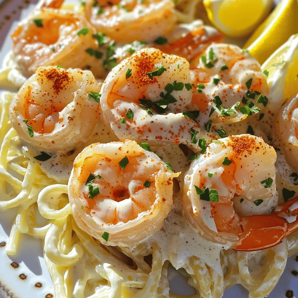 - 1 lb large shrimp, peeled and deveined - 4 tablespoons unsalted butter - 4 garlic cloves, minced - 1 cup heavy cream - 1/2 cup chicken broth The main ingredients create a rich and creamy dish. The large shrimp provide a firm texture. The unsalted butter adds a rich flavor. Garlic cloves bring a bold taste. Heavy cream makes the sauce smooth and luscious. Chicken broth enhances the overall flavor. - 1 teaspoon paprika - 1/2 teaspoon red pepper flakes (optional) - Salt and pepper to taste Seasonings make the dish pop! Paprika adds a mild sweetness and color. Red pepper flakes give a little heat, but it’s optional. Salt and pepper balance the flavors in the creamy sauce. - 1/4 cup fresh parsley, finely chopped (for garnish) - 1 tablespoon fresh lemon juice Garnishes add a fresh touch. Fresh parsley offers bright color and flavor. Lemon juice brightens the dish and adds zest. For the full recipe, check out Easy Creamy Garlic Shrimp. First, grab a large skillet and set it over medium heat. Add four tablespoons of unsalted butter. As the butter melts, it will create a rich base for your dish. Once the butter is melted, toss in four minced garlic cloves. Sauté the garlic for about one to two minutes. You want it to smell great and turn a light golden color. Be careful not to burn the garlic; this keeps the flavor fresh. Next, add one pound of peeled and deveined shrimp to the skillet. Season the shrimp with salt, pepper, and one teaspoon of paprika. If you like a bit of heat, add half a teaspoon of red pepper flakes. Cook these shrimp for about two to three minutes on each side. You’ll know they’re done when they turn pink and opaque. Once cooked, remove the shrimp and set them aside on a plate. Now, let’s make the creamy sauce. In the same skillet, pour in half a cup of chicken broth. Bring it to a gentle simmer for about two minutes. This simmering step helps to bring out all the flavors. Now, reduce the heat to low. Carefully add one cup of heavy cream to the skillet. Stir the mixture well to combine. Keep stirring until the sauce starts to thicken lightly. This should take around three to four minutes. Once it’s nice and creamy, squeeze in one tablespoon of fresh lemon juice. Taste the sauce and adjust the seasoning with salt and pepper if needed. It’s time to bring the shrimp back into the mix. Return the cooked shrimp to the skillet and gently toss them in the creamy sauce. Heat everything through for an additional one to two minutes. This step ensures your shrimp soak up that delicious sauce. For the final touch, sprinkle a quarter cup of finely chopped fresh parsley over the dish. This adds a lovely color and a fresh taste. Serve your Easy Creamy Garlic Shrimp right away. It pairs great with pasta or rice, and don’t forget to drizzle extra sauce on top! For the full recipe, check out the details above. To make sure your shrimp is cooked perfectly, look for a bright pink color. Cook them for about 2-3 minutes on each side. If the shrimp curls up too much, you may be overcooking it. Remove them as soon as they look opaque. For a creamy sauce, keep the heat low when adding heavy cream. Stir constantly to blend it well without boiling. If the sauce gets too thick, add a little chicken broth to loosen it. If you need alternatives for heavy cream, consider using coconut milk or a mix of milk with cornstarch. These options can give you a similar texture. You can use fresh or frozen shrimp for this dish. If using frozen shrimp, let them thaw in the fridge overnight. This keeps the texture nice and firm. To complement the dish, serve it with pasta or rice. These sides soak up the creamy sauce well. You can also add a simple salad for freshness. For wine pairings, a crisp white wine like Sauvignon Blanc works great. Its acidity cuts through the creaminess and enhances the meal's flavors. For the Full Recipe, check out the detailed instructions above. {{image_4}} You can change the flavor of this dish easily. Adding fresh herbs like basil or thyme can enhance the taste. Spice lovers can try adding more red pepper flakes for heat. You could also use smoked paprika instead of regular paprika for a smoky kick. Incorporating vegetables is another great option. For instance, adding spinach or cherry tomatoes boosts both taste and nutrition. You can sauté the veggies with the garlic. This makes for a colorful and tasty dish, too. If you need gluten-free options, this recipe is already safe. All the ingredients are naturally gluten-free. You can enjoy this dish without worry. For dairy-free adaptations, replace heavy cream with coconut milk or almond cream. These alternatives keep the dish creamy and tasty. Just be sure to adjust the seasoning, as these substitutes may change the flavor a bit. You can also prepare shrimp using different cooking methods. Grilling shrimp gives it a smoky flavor. Simply marinate the shrimp in the creamy sauce before grilling. This adds depth to the dish. Baking in the oven is another option. Preheat the oven to 400°F (200°C). Place the shrimp in a baking dish, pour the sauce over, and bake for about 10-12 minutes. This method makes cleanup easy and still results in a delicious meal. For the full recipe, check out the Easy Creamy Garlic Shrimp 🧄 section above! To store leftover creamy garlic shrimp, place it in an airtight container. Make sure to cool the dish first. Store it in the fridge for up to three days. When ready to eat, check for any signs of spoilage. If it smells good, you're set! For freezing, use a freezer-safe container. Divide the shrimp into portions for easy thawing later. It keeps well for up to three months. When you want to enjoy it, avoid freezing the dish with pasta or rice. They do not freeze well. To thaw, place it in the fridge overnight. You can also use the microwave for a quick thaw. Just be careful not to cook it while thawing. For reheating, use a skillet over low heat. Add a splash of chicken broth or cream to keep it moist. Stir gently to avoid overcooking the shrimp. This way, the flavors stay rich and creamy. You can also reheat in the microwave. Use short intervals and stir often to get the best results. Yes, you can use frozen shrimp. Just make sure to thaw them first. Place the shrimp in cold water for about 15 minutes. Once thawed, you can peel and devein them if needed. If you want a lighter option, use half-and-half. For a dairy-free choice, try coconut cream or cashew cream. Both will give a nice texture to the sauce. To spice up the sauce, add more red pepper flakes. You can also toss in some hot sauce or diced jalapeños. Adjust the amount to suit your taste. You can prepare the sauce and shrimp ahead. Just store them separately in the fridge. When you're ready to eat, heat them together on the stove until warm. This dish pairs great with pasta or rice. You can also serve it with a fresh salad or crusty bread. A glass of white wine complements the meal perfectly. Check out the Full Recipe for more ideas! This blog post covered how to make Easy Creamy Garlic Shrimp. We discussed the key ingredients and seasonings that make this dish shine. You learned the step-by-step process for perfect cooking, along with helpful tips and tricks. We also explored variations for different tastes and dietary needs. In conclusion, this dish is simple yet delicious. With a few tweaks, you can make it your own. Enjoy creating this meal and impressing your family and friends!
