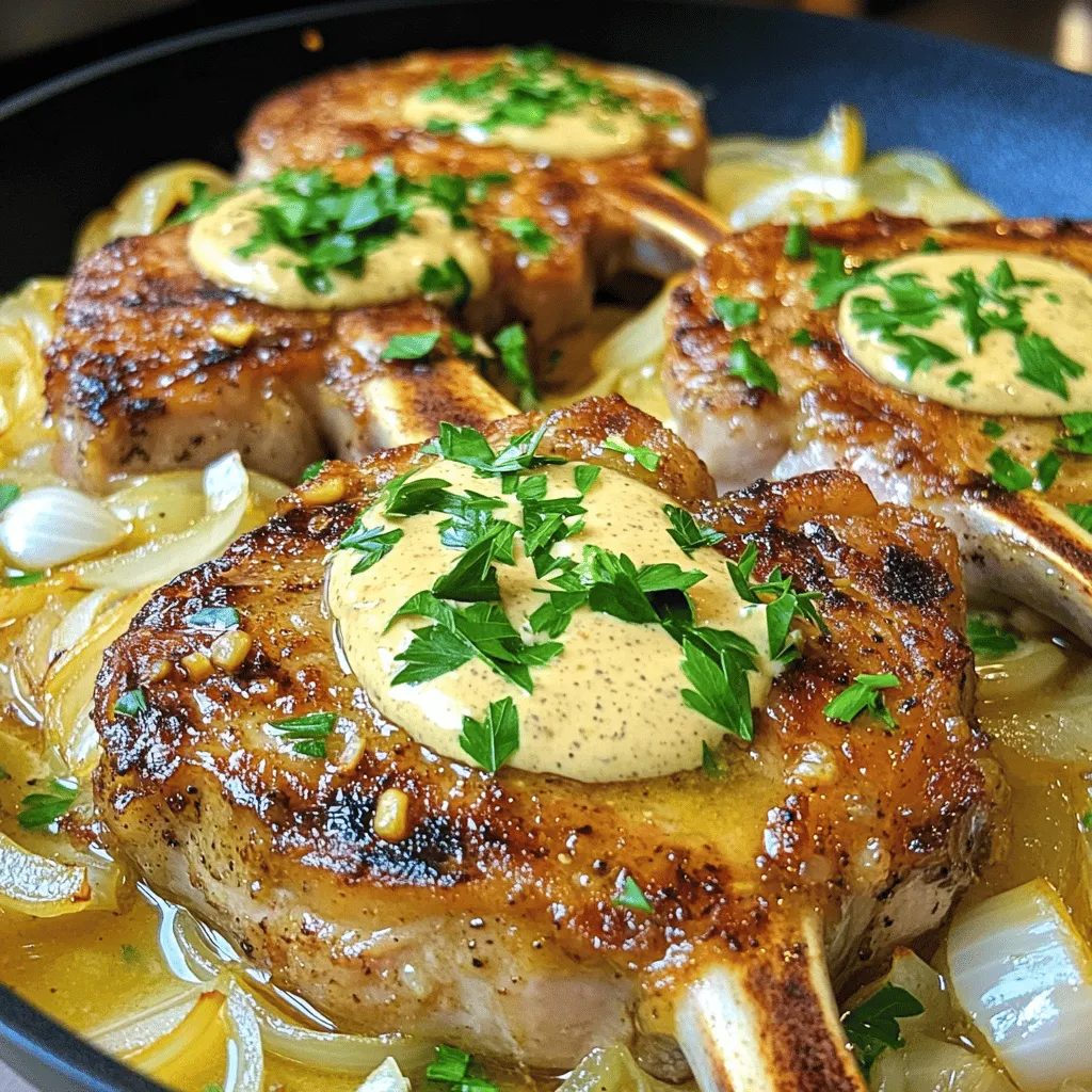 - 4 bone-in pork chops (about 1-inch thick) - Salt and freshly ground black pepper, to taste - 1 teaspoon garlic powder - 1 teaspoon smoked paprika - 2 tablespoons extra-virgin olive oil - 1 medium yellow onion, thinly sliced - 2 cloves fresh garlic, minced - 1 cup low-sodium chicken broth - 1 tablespoon Worcestershire sauce - 1 cup heavy whipping cream - 1 tablespoon Dijon mustard - Fresh parsley, finely chopped (for garnish) - Skillet or frying pan - Meat thermometer - Wooden spoon When making smothered pork chops, the right ingredients are key. You want good-quality pork chops. They should be bone-in and about one inch thick. This cut keeps the meat juicy and tender. Don’t skip the spices! Salt and black pepper add a base flavor. Garlic powder and smoked paprika bring depth. Use fresh garlic for a great aroma. Sautéed onions give sweetness to the dish. The heavy whipping cream creates a rich sauce. It combines with chicken broth and Dijon mustard for a creamy delight. Worcestershire sauce adds a savory note. For tools, a heavy skillet works best. It helps sear the pork chops nicely. A meat thermometer ensures the meat is cooked to 145°F (63°C). A wooden spoon is perfect for stirring and scraping the skillet. These ingredients and tools make the magic happen. For the full recipe, check out the detailed steps and instructions. Start by prepping your pork chops. I like to season them well. Use salt, pepper, garlic powder, and smoked paprika. Sprinkle the spices on both sides. Rub them in gently to help the flavors stick. Let the chops sit for about 15 minutes. This step allows the flavors to soak in. It makes a big difference in taste. Now it’s time to cook. Heat a heavy skillet over medium-high heat. Add olive oil when it’s hot. Place the seasoned pork chops in the skillet. Sear each chop for about 4-5 minutes. Look for a nice golden crust. Flip and repeat on the other side. Once done, take them out and set them aside. Use a meat thermometer to check the temperature. It should reach 145°F (63°C) for safe eating. Let’s make that creamy sauce! In the same skillet, add sliced onions. Sauté them until they soften, about 3 minutes. Then, add minced garlic. Cook for another minute until it smells great. Pour in chicken broth and Worcestershire sauce. Stir well and scrape the pan for more flavor. Return the pork chops to the skillet. Cover and let them simmer for 10-15 minutes. Once cooked, take the pork chops out again. Now, stir in heavy cream and Dijon mustard. Cook for 3-5 minutes until it thickens. You can spoon the sauce over the pork chops before serving. Enjoy your delicious smothered pork chops! For the complete cooking details, refer to the Full Recipe. To make your smothered pork chops even better, try these ideas: - Use different spices like cumin or chili powder for a unique taste. - Marinade your pork chops in a mix of soy sauce and garlic for an hour. - Sear the pork chops in hot oil to get a nice brown crust. - Press down gently with a spatula while searing for even cooking. Many home cooks struggle with pork chops. Here are common mistakes and how to avoid them: - Don’t skip resting the pork chops after searing. This keeps them juicy. - Use a meat thermometer to check for doneness. The chops should reach 145°F. - Be careful with the cream sauce. Stir it gently to keep it from curdling. - If the sauce thickens too much, add a splash of broth or water. For more details, check the Full Recipe for all the steps. {{image_4}} You can make smothered pork chops even better by changing a few things. For a lighter meal, use low-fat cream instead of heavy whipping cream. This keeps the creamy texture while cutting down on calories. You can also swap out pork chops for chicken or turkey for a different taste. Adding fun flavors can transform your dish. Toss in some mushrooms for an earthy taste. Bell peppers add a sweet crunch and nice color. You can even try adding a splash of hot sauce if you like things spicy. These small changes can make a big difference in flavor. When it comes to sides, think garlic sautéed green beans. They add a nice crunch and pair well with the creamy sauce. Mashed potatoes are also a great choice. Their fluffy texture soaks up the sauce perfectly, creating a delightful mix of flavors. For a fun garnish, sprinkle fresh parsley on top. This adds a pop of color and freshness. You might also use thinly sliced green onions for a sharp bite. These simple touches can make your plate look even more inviting. After making smothered pork chops, let them cool down. Place the leftovers in a tight container. Always use glass or BPA-free plastic for safe storage. Keep the dish in the fridge. It will stay fresh for about 3 to 4 days. If you want to keep them longer, freeze the pork chops. They can last up to 3 months in the freezer. Just make sure to label your containers with the date. This helps keep track of freshness. When you are ready to eat the leftovers, use gentle heat. The oven works well for reheating. Preheat it to 350°F (175°C). Place the pork chops in a baking dish. Cover them with foil. This helps keep them moist. Heat for about 15 to 20 minutes. If you prefer a quicker method, you can use the microwave. Place the pork chops on a microwave-safe plate. Cover them with a damp paper towel. Heat in short bursts of 1 minute. Check often to avoid dryness. By following these tips, you will enjoy the savory and creamy delight of smothered pork chops even after the first meal. Yes, you can use boneless pork chops. They are lean and cook faster. Bone-in chops offer more flavor and moisture. If you choose boneless, adjust the cooking time. Sear them about 3-4 minutes per side. Use a meat thermometer to check doneness, aiming for 145°F. This ensures a juicy result. Checking the internal temperature is key. Use a meat thermometer. Insert it into the thickest part of the chop. You want it to reach 145°F. This temperature ensures safety and keeps the meat tender. Let the pork rest for a few minutes before serving. This helps the juices redistribute. You can prep parts of this dish ahead. Season the pork chops and refrigerate them overnight. You can also cook the pork and sauce separately. Store them in airtight containers. Reheat gently when ready to serve. This way, the flavors will still shine through. If you want a lighter option, try half-and-half or whole milk. For a dairy-free choice, use coconut milk or almond milk. These alternatives may change the flavor slightly. Adjust the seasoning to maintain taste. Thicken the sauce with a bit of cornstarch if needed. For the complete details on making Smothered Pork Chops in Creamy Garlic Sauce, check the [Full Recipe]. You now have the full guide to making delicious smothered pork chops. We covered all the ingredients, tools, and step-by-step cooking methods. You learned how to enhance flavors and avoid mistakes. Variations and serving suggestions allow for creativity, while storage tips help keep your dish fresh. As you cook, remember that practice builds skills. Enjoy your meal and share it with others. Your smothered pork chops will impress everyone around you. Happy cooking!