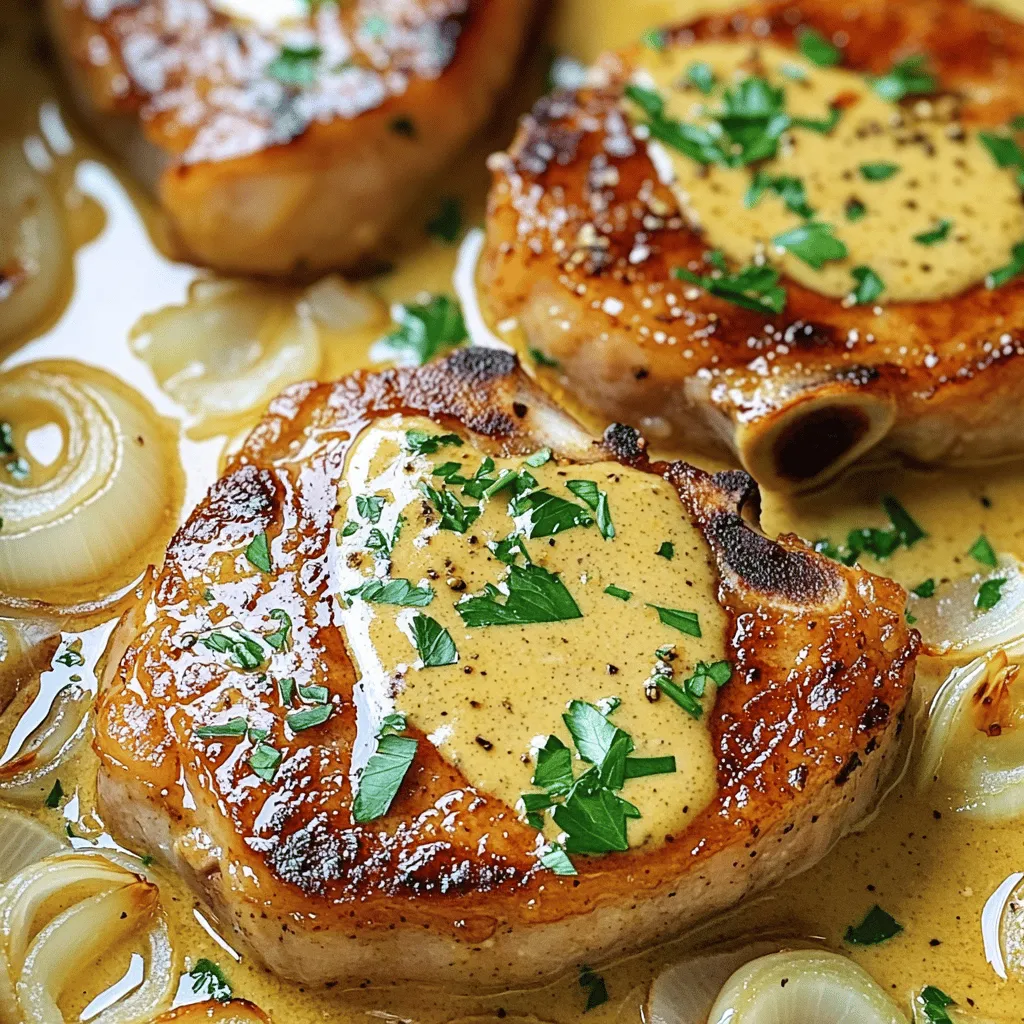 - 4 bone-in pork chops (about 1-inch thick) - Salt and freshly ground black pepper, to taste - 1 teaspoon garlic powder - 1 teaspoon smoked paprika - 2 tablespoons extra-virgin olive oil - 1 medium yellow onion, thinly sliced - 2 cloves fresh garlic, minced - 1 cup low-sodium chicken broth - 1 tablespoon Worcestershire sauce - 1 cup heavy whipping cream - 1 tablespoon Dijon mustard - Fresh parsley, finely chopped (for garnish) - Skillet or frying pan - Meat thermometer - Wooden spoon When making smothered pork chops, the right ingredients are key. You want good-quality pork chops. They should be bone-in and about one inch thick. This cut keeps the meat juicy and tender. Don’t skip the spices! Salt and black pepper add a base flavor. Garlic powder and smoked paprika bring depth. Use fresh garlic for a great aroma. Sautéed onions give sweetness to the dish. The heavy whipping cream creates a rich sauce. It combines with chicken broth and Dijon mustard for a creamy delight. Worcestershire sauce adds a savory note. For tools, a heavy skillet works best. It helps sear the pork chops nicely. A meat thermometer ensures the meat is cooked to 145°F (63°C). A wooden spoon is perfect for stirring and scraping the skillet. These ingredients and tools make the magic happen. For the full recipe, check out the detailed steps and instructions. Start by prepping your pork chops. I like to season them well. Use salt, pepper, garlic powder, and smoked paprika. Sprinkle the spices on both sides. Rub them in gently to help the flavors stick. Let the chops sit for about 15 minutes. This step allows the flavors to soak in. It makes a big difference in taste. Now it’s time to cook. Heat a heavy skillet over medium-high heat. Add olive oil when it’s hot. Place the seasoned pork chops in the skillet. Sear each chop for about 4-5 minutes. Look for a nice golden crust. Flip and repeat on the other side. Once done, take them out and set them aside. Use a meat thermometer to check the temperature. It should reach 145°F (63°C) for safe eating. Let’s make that creamy sauce! In the same skillet, add sliced onions. Sauté them until they soften, about 3 minutes. Then, add minced garlic. Cook for another minute until it smells great. Pour in chicken broth and Worcestershire sauce. Stir well and scrape the pan for more flavor. Return the pork chops to the skillet. Cover and let them simmer for 10-15 minutes. Once cooked, take the pork chops out again. Now, stir in heavy cream and Dijon mustard. Cook for 3-5 minutes until it thickens. You can spoon the sauce over the pork chops before serving. Enjoy your delicious smothered pork chops! For the complete cooking details, refer to the Full Recipe. To make your smothered pork chops even better, try these ideas: - Use different spices like cumin or chili powder for a unique taste. - Marinade your pork chops in a mix of soy sauce and garlic for an hour. - Sear the pork chops in hot oil to get a nice brown crust. - Press down gently with a spatula while searing for even cooking. Many home cooks struggle with pork chops. Here are common mistakes and how to avoid them: - Don’t skip resting the pork chops after searing. This keeps them juicy. - Use a meat thermometer to check for doneness. The chops should reach 145°F. - Be careful with the cream sauce. Stir it gently to keep it from curdling. - If the sauce thickens too much, add a splash of broth or water. For more details, check the Full Recipe for all the steps. {{image_4}} You can make smothered pork chops even better by changing a few things. For a lighter meal, use low-fat cream instead of heavy whipping cream. This keeps the creamy texture while cutting down on calories. You can also swap out pork chops for chicken or turkey for a different taste. Adding fun flavors can transform your dish. Toss in some mushrooms for an earthy taste. Bell peppers add a sweet crunch and nice color. You can even try adding a splash of hot sauce if you like things spicy. These small changes can make a big difference in flavor. When it comes to sides, think garlic sautéed green beans. They add a nice crunch and pair well with the creamy sauce. Mashed potatoes are also a great choice. Their fluffy texture soaks up the sauce perfectly, creating a delightful mix of flavors. For a fun garnish, sprinkle fresh parsley on top. This adds a pop of color and freshness. You might also use thinly sliced green onions for a sharp bite. These simple touches can make your plate look even more inviting. After making smothered pork chops, let them cool down. Place the leftovers in a tight container. Always use glass or BPA-free plastic for safe storage. Keep the dish in the fridge. It will stay fresh for about 3 to 4 days. If you want to keep them longer, freeze the pork chops. They can last up to 3 months in the freezer. Just make sure to label your containers with the date. This helps keep track of freshness. When you are ready to eat the leftovers, use gentle heat. The oven works well for reheating. Preheat it to 350°F (175°C). Place the pork chops in a baking dish. Cover them with foil. This helps keep them moist. Heat for about 15 to 20 minutes. If you prefer a quicker method, you can use the microwave. Place the pork chops on a microwave-safe plate. Cover them with a damp paper towel. Heat in short bursts of 1 minute. Check often to avoid dryness. By following these tips, you will enjoy the savory and creamy delight of smothered pork chops even after the first meal. Yes, you can use boneless pork chops. They are lean and cook faster. Bone-in chops offer more flavor and moisture. If you choose boneless, adjust the cooking time. Sear them about 3-4 minutes per side. Use a meat thermometer to check doneness, aiming for 145°F. This ensures a juicy result. Checking the internal temperature is key. Use a meat thermometer. Insert it into the thickest part of the chop. You want it to reach 145°F. This temperature ensures safety and keeps the meat tender. Let the pork rest for a few minutes before serving. This helps the juices redistribute. You can prep parts of this dish ahead. Season the pork chops and refrigerate them overnight. You can also cook the pork and sauce separately. Store them in airtight containers. Reheat gently when ready to serve. This way, the flavors will still shine through. If you want a lighter option, try half-and-half or whole milk. For a dairy-free choice, use coconut milk or almond milk. These alternatives may change the flavor slightly. Adjust the seasoning to maintain taste. Thicken the sauce with a bit of cornstarch if needed. For the complete details on making Smothered Pork Chops in Creamy Garlic Sauce, check the [Full Recipe]. You now have the full guide to making delicious smothered pork chops. We covered all the ingredients, tools, and step-by-step cooking methods. You learned how to enhance flavors and avoid mistakes. Variations and serving suggestions allow for creativity, while storage tips help keep your dish fresh. As you cook, remember that practice builds skills. Enjoy your meal and share it with others. Your smothered pork chops will impress everyone around you. Happy cooking!