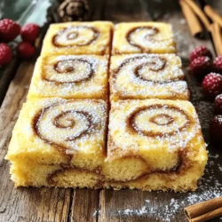To make a delicious cinnamon roll cake, you need a few key ingredients. Here’s what you will need: - For the Cake: - 2 cups all-purpose flour - 1 cup granulated sugar - 1 tablespoon baking powder - ½ teaspoon salt - 2 large eggs - 1 cup milk - ½ cup unsalted butter, melted - 1 teaspoon vanilla extract - For the Cinnamon Swirl: - ½ cup brown sugar, packed - 2 tablespoons ground cinnamon - 2 tablespoons unsalted butter, softened - For the Cream Cheese Glaze: - 4 ounces cream cheese, softened - 1 cup powdered sugar - 2 tablespoons milk - ½ teaspoon vanilla extract The dry ingredients make a base for the cake. Here’s how they work together: - All-purpose flour gives structure. It helps the cake rise and hold its shape. - Granulated sugar adds sweetness and helps with browning. It also keeps the cake moist. - Baking powder is a leavening agent. It creates bubbles in the batter, making the cake fluffy. - Salt enhances the flavors. It balances the sweetness and brings out the cake's taste. Mix these dry ingredients well to ensure an even texture in your cake. The cream cheese glaze adds a creamy finish. Here’s what you need: - Cream cheese gives a rich taste. It blends well with the sweetness of the sugar. - Powdered sugar sweetens the glaze. It also helps create a smooth texture. - Milk thins the glaze. It makes it easy to drizzle over the cake. - Vanilla extract adds flavor. It brings warmth and depth to the glaze. This glaze will make your cinnamon roll cake truly irresistible. For the full recipe, check out the details above! Start by preheating your oven to 350°F (175°C). This step is key for even baking. While the oven heats, grease a 9x13 inch baking pan. Use butter or cooking spray to coat it well, so the cake won't stick. In a large mixing bowl, whisk together the dry ingredients. Combine 2 cups of all-purpose flour, 1 cup of granulated sugar, 1 tablespoon of baking powder, and ½ teaspoon of salt. In another bowl, mix 2 large eggs, 1 cup of milk, ½ cup of melted unsalted butter, and 1 teaspoon of vanilla extract. Slowly pour the wet mix into the dry mix. Stir gently until just combined. Be careful not to overmix; lumps are okay. For the swirl, take a small bowl and mix ½ cup of packed brown sugar with 2 tablespoons of ground cinnamon. Add 2 tablespoons of softened unsalted butter to the bowl. Mix until it becomes crumbly. This blend creates the sweet, cinnamon flavor you love. Now, pour half of the cake batter into your greased pan. Spread it evenly across the bottom. Sprinkle the cinnamon sugar mix on top, making sure to cover it fully. Carefully pour the rest of the batter on top. Use a knife or skewer to swirl through the batter in a figure-eight pattern. Bake the cake in the preheated oven for 25-30 minutes. It’s ready when a toothpick comes out clean or with a few moist crumbs. Once done, let it cool in the pan for about 10-15 minutes. While the cake cools, make the cream cheese glaze. In a medium bowl, beat together 4 ounces of softened cream cheese, 1 cup of powdered sugar, 2 tablespoons of milk, and ½ teaspoon of vanilla extract. Mix until it is smooth and creamy. Once the cake cools, drizzle this glaze over the top, letting it soak into the swirls. You can find the full recipe for Cinnamon Roll Cake Delight in the section above. Enjoy every bite of this tasty treat! To get the best texture for your cinnamon roll cake, focus on mixing. Start with room temperature ingredients. This helps everything blend well. Avoid overmixing the batter. Stir until just combined; some lumps are okay. This keeps the cake light and fluffy. Creating a beautiful swirl is key. Pour half the batter into your pan first. Then, sprinkle the cinnamon mixture evenly. When you add the rest of the batter, spread it gently. Use a knife to swirl in a figure-eight motion. This makes lovely patterns. Don’t overdo it! You want defined swirls, not a uniform color. Sometimes, cakes can be tricky. If yours sinks in the middle, you may have overmixed. This adds too much air to the batter. For a dry cake, check your oven temperature. It may run hot. Always use an oven thermometer for accuracy. If the top gets too dark, cover it with foil while baking. This helps it cook evenly without burning. For a complete guide, check the Full Recipe for additional tips! {{image_4}} If you love nuts, try adding them to your cinnamon roll cake. Chopped pecans or walnuts make a great addition. Just mix in about one cup of your favorite nuts into the batter or sprinkle them into the cinnamon swirl. This extra crunch makes the cake even more delightful. For chocolate lovers, adding chocolate chips is a must. Fold in one cup of semi-sweet chocolate chips into the batter before baking. The warm melted chocolate pairs perfectly with the cinnamon flavor and adds a rich touch. Each bite will be a sweet surprise. You can make this cake gluten-free, too. Substitute the all-purpose flour with a gluten-free blend. Make sure the blend has a good mix of starches and flours for the best results. Follow the same recipe steps, and you’ll have a delicious gluten-free treat that everyone can enjoy. For the full recipe, check out the detailed instructions above and get baking! To keep your cinnamon roll cake fresh, store it in an airtight container. This helps prevent it from drying out. You can also cover it tightly with plastic wrap or aluminum foil. Keep it at room temperature for up to three days. If you want to keep it longer, follow the freezing tips below. Freezing cinnamon roll cake is simple. First, let the cake cool completely. Then, cut it into squares. Wrap each square tightly in plastic wrap. After that, place the wrapped pieces in a freezer bag. Label the bag with the date. You can freeze the cake for up to three months. When you are ready to eat, just thaw it in the fridge overnight. Reheating is easy and brings back that warm, fresh taste. You can use an oven or microwave. For the oven, preheat it to 350°F (175°C). Place a piece of cake on a baking sheet and cover it with foil. Heat for about 10-15 minutes until warm. For the microwave, place a piece on a plate. Heat it for 20-30 seconds. Check the warmth and continue in short bursts if needed. Enjoy your cake warm with that tasty cream cheese glaze! To make Cinnamon Roll Cake from scratch, gather your ingredients. You will need flour, sugar, baking powder, salt, eggs, milk, butter, and vanilla. Combine the dry ingredients in one bowl. In another bowl, mix the wet ingredients. Gradually blend the two until smooth. Then, create a cinnamon swirl with brown sugar, cinnamon, and butter. Pour half the batter in a greased pan, add the swirl, and top with the rest. Bake it at 350°F for about 25-30 minutes. For the full recipe, follow the steps above. Yes, you can use other frostings. Simple options include vanilla or chocolate frosting. You might also try a buttercream or a simple glaze made from powdered sugar and milk. Each choice will change the flavor a bit but still taste great. Choose what you love most! Cinnamon Roll Cake can last for up to 3 days at room temperature. Store it in an airtight container to keep it fresh. You can also refrigerate it for about a week. Just make sure to cover it well to keep it moist. Yes, many bakeries and stores sell pre-made Cinnamon Roll Cakes. These options can save you time. Check your local grocery store or bakery for fresh cakes. Just remember that homemade versions often taste better! This post covered how to make a delicious Cinnamon Roll Cake from scratch. We looked at the key ingredients, mixing methods, and perfect baking tips. You now have ideas for fun variations and easy storage options. Remember, practice makes perfect. Enjoy creating your cake and delighting everyone with it. Happy baking!
