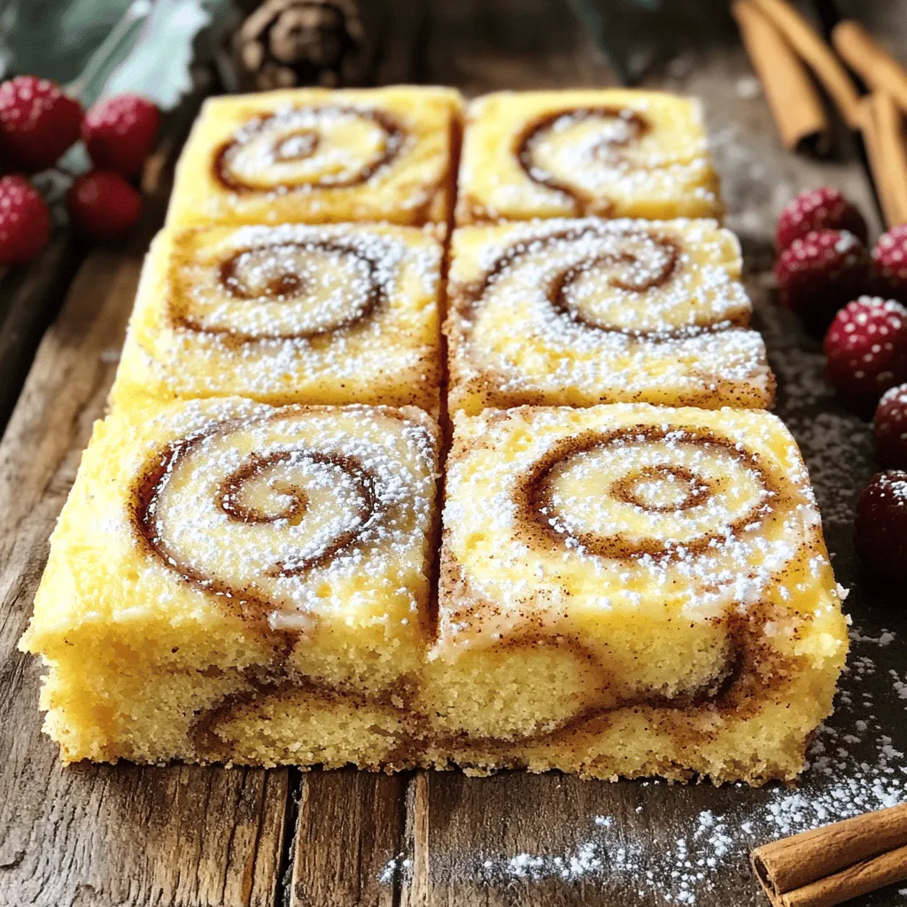 To make a delicious cinnamon roll cake, you need a few key ingredients. Here’s what you will need: - For the Cake: - 2 cups all-purpose flour - 1 cup granulated sugar - 1 tablespoon baking powder - ½ teaspoon salt - 2 large eggs - 1 cup milk - ½ cup unsalted butter, melted - 1 teaspoon vanilla extract - For the Cinnamon Swirl: - ½ cup brown sugar, packed - 2 tablespoons ground cinnamon - 2 tablespoons unsalted butter, softened - For the Cream Cheese Glaze: - 4 ounces cream cheese, softened - 1 cup powdered sugar - 2 tablespoons milk - ½ teaspoon vanilla extract The dry ingredients make a base for the cake. Here’s how they work together: - All-purpose flour gives structure. It helps the cake rise and hold its shape. - Granulated sugar adds sweetness and helps with browning. It also keeps the cake moist. - Baking powder is a leavening agent. It creates bubbles in the batter, making the cake fluffy. - Salt enhances the flavors. It balances the sweetness and brings out the cake's taste. Mix these dry ingredients well to ensure an even texture in your cake. The cream cheese glaze adds a creamy finish. Here’s what you need: - Cream cheese gives a rich taste. It blends well with the sweetness of the sugar. - Powdered sugar sweetens the glaze. It also helps create a smooth texture. - Milk thins the glaze. It makes it easy to drizzle over the cake. - Vanilla extract adds flavor. It brings warmth and depth to the glaze. This glaze will make your cinnamon roll cake truly irresistible. For the full recipe, check out the details above! Start by preheating your oven to 350°F (175°C). This step is key for even baking. While the oven heats, grease a 9x13 inch baking pan. Use butter or cooking spray to coat it well, so the cake won't stick. In a large mixing bowl, whisk together the dry ingredients. Combine 2 cups of all-purpose flour, 1 cup of granulated sugar, 1 tablespoon of baking powder, and ½ teaspoon of salt. In another bowl, mix 2 large eggs, 1 cup of milk, ½ cup of melted unsalted butter, and 1 teaspoon of vanilla extract. Slowly pour the wet mix into the dry mix. Stir gently until just combined. Be careful not to overmix; lumps are okay. For the swirl, take a small bowl and mix ½ cup of packed brown sugar with 2 tablespoons of ground cinnamon. Add 2 tablespoons of softened unsalted butter to the bowl. Mix until it becomes crumbly. This blend creates the sweet, cinnamon flavor you love. Now, pour half of the cake batter into your greased pan. Spread it evenly across the bottom. Sprinkle the cinnamon sugar mix on top, making sure to cover it fully. Carefully pour the rest of the batter on top. Use a knife or skewer to swirl through the batter in a figure-eight pattern. Bake the cake in the preheated oven for 25-30 minutes. It’s ready when a toothpick comes out clean or with a few moist crumbs. Once done, let it cool in the pan for about 10-15 minutes. While the cake cools, make the cream cheese glaze. In a medium bowl, beat together 4 ounces of softened cream cheese, 1 cup of powdered sugar, 2 tablespoons of milk, and ½ teaspoon of vanilla extract. Mix until it is smooth and creamy. Once the cake cools, drizzle this glaze over the top, letting it soak into the swirls. You can find the full recipe for Cinnamon Roll Cake Delight in the section above. Enjoy every bite of this tasty treat! To get the best texture for your cinnamon roll cake, focus on mixing. Start with room temperature ingredients. This helps everything blend well. Avoid overmixing the batter. Stir until just combined; some lumps are okay. This keeps the cake light and fluffy. Creating a beautiful swirl is key. Pour half the batter into your pan first. Then, sprinkle the cinnamon mixture evenly. When you add the rest of the batter, spread it gently. Use a knife to swirl in a figure-eight motion. This makes lovely patterns. Don’t overdo it! You want defined swirls, not a uniform color. Sometimes, cakes can be tricky. If yours sinks in the middle, you may have overmixed. This adds too much air to the batter. For a dry cake, check your oven temperature. It may run hot. Always use an oven thermometer for accuracy. If the top gets too dark, cover it with foil while baking. This helps it cook evenly without burning. For a complete guide, check the Full Recipe for additional tips! {{image_4}} If you love nuts, try adding them to your cinnamon roll cake. Chopped pecans or walnuts make a great addition. Just mix in about one cup of your favorite nuts into the batter or sprinkle them into the cinnamon swirl. This extra crunch makes the cake even more delightful. For chocolate lovers, adding chocolate chips is a must. Fold in one cup of semi-sweet chocolate chips into the batter before baking. The warm melted chocolate pairs perfectly with the cinnamon flavor and adds a rich touch. Each bite will be a sweet surprise. You can make this cake gluten-free, too. Substitute the all-purpose flour with a gluten-free blend. Make sure the blend has a good mix of starches and flours for the best results. Follow the same recipe steps, and you’ll have a delicious gluten-free treat that everyone can enjoy. For the full recipe, check out the detailed instructions above and get baking! To keep your cinnamon roll cake fresh, store it in an airtight container. This helps prevent it from drying out. You can also cover it tightly with plastic wrap or aluminum foil. Keep it at room temperature for up to three days. If you want to keep it longer, follow the freezing tips below. Freezing cinnamon roll cake is simple. First, let the cake cool completely. Then, cut it into squares. Wrap each square tightly in plastic wrap. After that, place the wrapped pieces in a freezer bag. Label the bag with the date. You can freeze the cake for up to three months. When you are ready to eat, just thaw it in the fridge overnight. Reheating is easy and brings back that warm, fresh taste. You can use an oven or microwave. For the oven, preheat it to 350°F (175°C). Place a piece of cake on a baking sheet and cover it with foil. Heat for about 10-15 minutes until warm. For the microwave, place a piece on a plate. Heat it for 20-30 seconds. Check the warmth and continue in short bursts if needed. Enjoy your cake warm with that tasty cream cheese glaze! To make Cinnamon Roll Cake from scratch, gather your ingredients. You will need flour, sugar, baking powder, salt, eggs, milk, butter, and vanilla. Combine the dry ingredients in one bowl. In another bowl, mix the wet ingredients. Gradually blend the two until smooth. Then, create a cinnamon swirl with brown sugar, cinnamon, and butter. Pour half the batter in a greased pan, add the swirl, and top with the rest. Bake it at 350°F for about 25-30 minutes. For the full recipe, follow the steps above. Yes, you can use other frostings. Simple options include vanilla or chocolate frosting. You might also try a buttercream or a simple glaze made from powdered sugar and milk. Each choice will change the flavor a bit but still taste great. Choose what you love most! Cinnamon Roll Cake can last for up to 3 days at room temperature. Store it in an airtight container to keep it fresh. You can also refrigerate it for about a week. Just make sure to cover it well to keep it moist. Yes, many bakeries and stores sell pre-made Cinnamon Roll Cakes. These options can save you time. Check your local grocery store or bakery for fresh cakes. Just remember that homemade versions often taste better! This post covered how to make a delicious Cinnamon Roll Cake from scratch. We looked at the key ingredients, mixing methods, and perfect baking tips. You now have ideas for fun variations and easy storage options. Remember, practice makes perfect. Enjoy creating your cake and delighting everyone with it. Happy baking!