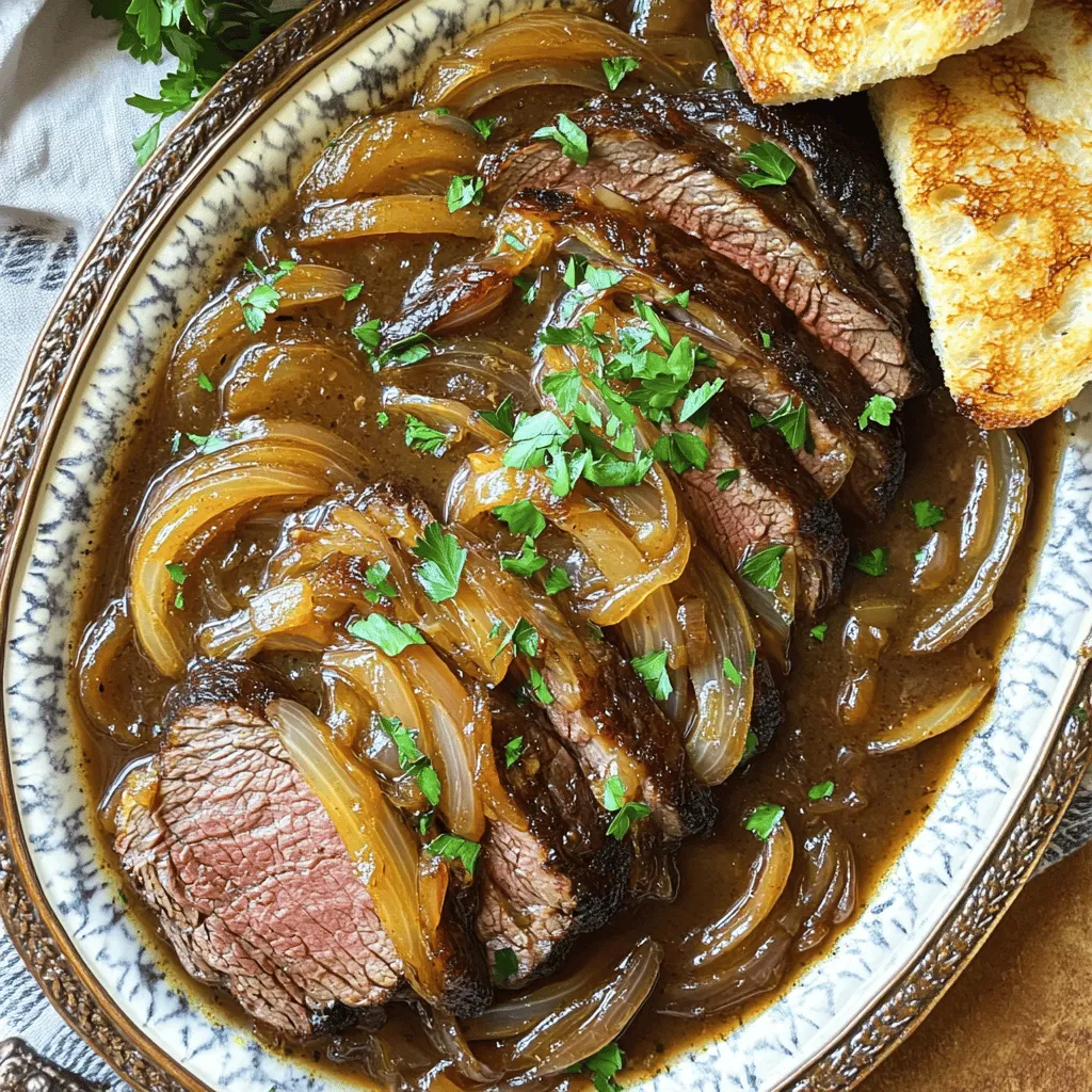 To make a Savory French Onion Pot Roast, gather the following ingredients: - 3 to 4 pounds of beef chuck roast - 4 large yellow onions, thinly sliced - 4 cloves of garlic, minced - 2 cups of beef broth - 2 tablespoons of Worcestershire sauce - 1 tablespoon of balsamic vinegar - 2 tablespoons of olive oil - 1 teaspoon of dried thyme - 1 teaspoon of dried rosemary - Salt and pepper to taste - Fresh parsley, chopped (for garnish) - 1 loaf of crusty French bread (for serving) Each ingredient plays a vital role in building the rich flavors you want. The beef chuck roast serves as the star, providing tenderness and depth. Onions add sweetness and caramelization, while garlic gives a fragrant punch. The broth, Worcestershire sauce, and vinegar create a savory base. Herbs like thyme and rosemary add earthy notes, rounding out the dish beautifully. Do not overlook the garnishes! Fresh parsley adds a pop of color and brightness. And of course, crusty French bread is essential for soaking up the delicious broth. This meal is all about layers of flavor and comfort. Use the full recipe for a step-by-step guide on how to bring this dish to life. - Preheat the oven to 325°F (160°C). - Season and sear the beef chuck roast. Start by adding salt and pepper. Heat olive oil in a large pot. Place the roast in the pot. Sear it for 3 to 4 minutes on each side. This gives the roast a nice crust. Remove the roast and set it aside. - Sauté the onions until golden brown. Add the thinly sliced yellow onions to the same pot. Stir them often. Cook for about 15 to 20 minutes. You want them to become sweet and soft. - Add garlic and sauté further. When the onions are ready, add minced garlic. Cook for an additional 2 to 3 minutes. This makes the kitchen smell amazing. - Deglaze the pot with Worcestershire sauce and balsamic vinegar. Pour these liquids into the pot. Use a wooden spoon to scrape the bottom. This gets all the tasty bits stuck on the pot. - Return the roast and add beef broth and herbs. Place the seared roast back in the pot. Pour in enough beef broth to cover it halfway. Sprinkle dried thyme and rosemary on top. - Cover and place in the oven for 3 to 4 hours. Put a lid on the pot. Bake until the meat is fork-tender. - Check for fork-tenderness. Use a fork to test the roast. If it falls apart easily, it's ready. - Let the roast rest before slicing. After cooking, take the pot out of the oven. Let the roast sit for about 15 minutes. This helps the juices stay inside the meat. - Toasting the French bread. While the roast rests, slice the French bread. Arrange the slices on a baking sheet. Toast them in the oven until golden. - Arrange pot roast with caramelized onions. On a serving platter, place sliced pot roast. Top it with the sweet onions. - Serve with the rich broth and toasted bread. Ladle the savory broth over the roast. Don't forget to include the toasted bread for dipping. Enjoy this warm and hearty meal! To get the best crust on your pot roast, make sure to use high heat. This helps form a nice, brown outer layer. Season your beef well with salt and pepper before searing. Place the roast in a hot pot and don’t move it for a few minutes. Let it brown before flipping. Sear each side for about 3-4 minutes. This step locks in flavor and moisture. Caramelizing onions adds depth to your dish. To avoid burning them, cook over medium heat. Stir them often for even cooking. Start with the onions, cooking them for 15-20 minutes until golden brown. Add garlic later, just for 2-3 minutes. This timing keeps the garlic fresh and tasty. Sweet onions bring out the best flavor. Enhancing the broth can make your pot roast even better. Try adding fresh herbs like parsley or thyme for extra flavor. A splash of red wine can deepen the taste too. If you want a richer broth, consider adding more Worcestershire sauce or beef broth. Adjust these flavors to suit your taste. Enjoy experimenting with different spices! For the full recipe, check out the detailed steps and ingredients needed to make this dish a success. {{image_4}} You can switch up the meat for your pot roast. Brisket works well, adding rich flavor. Round roast is another option. It’s leaner but still tasty. Both cuts can give you a unique twist on the classic dish. Just remember to adjust cooking times if needed. Want to enhance the taste? Add a splash of red wine to deepen flavor. It brings a nice acidity that balances the richness of the meat. You can also play with different herbs. Try tarragon or oregano for a fresh twist. Each herb adds a unique note to your dish. If you're short on time, use an Instant Pot for quicker cooking. It cuts the cooking time down to about one hour. Just follow the same steps as the oven method. A slow cooker is also a great choice. It allows the flavors to meld over several hours. Both methods yield a delicious, tender pot roast. For the full recipe, check out the link. After enjoying your Savory French Onion Pot Roast, store any leftovers in the fridge. Place the pot roast in an airtight container. This keeps it fresh and prevents odors from mixing. Leftovers can last up to four days in the fridge. If you will not eat them soon, consider freezing instead. To freeze, slice the pot roast into smaller pieces. This helps it freeze faster and makes it easier to thaw. Wrap each piece tightly in plastic wrap or foil. Place the wrapped roast in a freezer-safe bag. Remove as much air as possible. The pot roast can last up to three months in the freezer. For thawing, move the roast from the freezer to the fridge overnight. This ensures even thawing. You can reheat the pot roast on the stovetop or in the microwave. For stovetop reheating, place the roast in a pan with a little beef broth. Heat over medium-low, stirring gently. For the microwave, place the roast in a microwave-safe dish. Add a splash of broth, cover with a lid, and heat in short bursts. To keep the meat moist, add some broth while reheating. This prevents dryness and keeps it flavorful. Always check the meat's temperature before serving. Enjoy your delicious leftovers! A pot roast takes about 3 to 4 hours at 325°F. Cooking time depends on the roast's weight. For a 3 to 4-pound chuck roast, expect this range for tenderness. You want it to be fork-tender, which means it should pull apart easily. You can pair this dish with many sides. Here are some great choices: - Mashed potatoes - Roasted vegetables - Creamy polenta - Green beans - A fresh garden salad These sides complement the rich flavors of the pot roast and bring balance to your meal. Yes, you can prep the roast a day in advance. Season and sear it, then place it in the fridge. On cooking day, simply follow the recipe to finish. You can also reheat leftovers. For best results, use the oven or stovetop. This way, the meat stays juicy. Check the roast for fork-tenderness. If a fork easily goes in and pulls the meat apart, it's ready. You can also use a meat thermometer; the internal temperature should reach 195°F to 205°F for optimal tenderness. Store leftovers in an airtight container. Refrigerate for up to 3 days. Make sure to keep the broth with the meat. This helps keep the pot roast moist. If you want to save it longer, freeze it for up to 3 months. Thaw in the fridge before reheating. For the complete Savory French Onion Pot Roast recipe, check out the [Full Recipe]. In this blog post, we covered how to make a delicious Savory French Onion Pot Roast. You now know the key ingredients, step-by-step instructions, and helpful tips for perfecting your roast. Remember, the right sear and caramelized onions are crucial for deep flavor. I encourage you to try different meat cuts and cooking methods, too. Whether you choose to slow cook or use an Instant Pot, enjoyment awaits. With proper storage, leftovers can last. Use what you’ve learned today to impress friends and family at your next meal. Happy cooking!