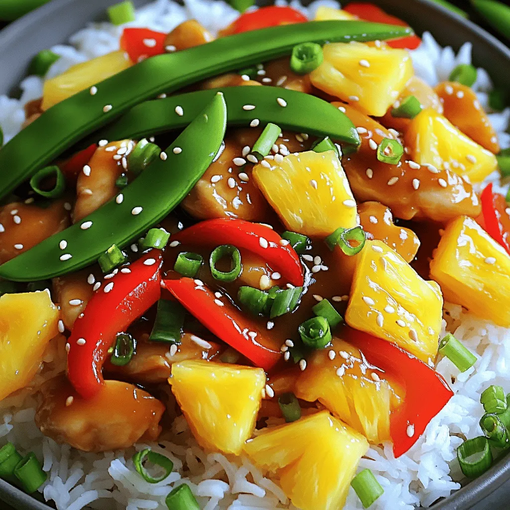 To make this sweet pineapple chicken and rice, you will need: - 2 cups jasmine rice - 1 pound chicken breast, diced into bite-sized pieces - 1 cup fresh pineapple, diced - 1 red bell pepper, thinly sliced - 1 cup snow peas, trimmed - 3 tablespoons soy sauce - 2 tablespoons honey - 1 tablespoon sesame oil - 1 teaspoon freshly grated ginger - 2 cloves garlic, minced - 1 tablespoon cornstarch combined with 2 tablespoons water (cornstarch slurry) - Salt and ground black pepper to taste - Chopped green onions for garnish - Toasted sesame seeds for garnish Choosing quality ingredients makes a big difference in your dish. Fresh chicken breast ensures tenderness and juiciness. Look for bright red meat without any spots. The pineapple should be ripe, sweet, and fragrant. When selecting your bell pepper, choose one that is firm and glossy. Snow peas should snap when fresh. For the soy sauce, use a good brand for rich flavor. Quality honey adds depth to the sauce, while fresh ginger and garlic give it a warm kick. If you need to swap ingredients, there are great options. You can use brown rice instead of jasmine rice for a nuttier flavor and more fiber. For protein, swap chicken with tofu for a vegetarian version. If fresh pineapple is not available, canned pineapple works too. Just drain it well to avoid excess moisture. You can replace snow peas with green beans or broccoli for a different twist. Don't hesitate to get creative with flavors to make this dish your own! For the full recipe, check out the link above. Start by rinsing 2 cups of jasmine rice under cold water. This step washes away excess starch. When the water runs clear, it's ready. Next, cook the rice according to the package instructions. After cooking, fluff it with a fork and set it aside. This will give you light and fluffy rice, perfect for soaking up all the flavors. Now, heat a large skillet over medium heat. Add 1 tablespoon of sesame oil to the hot skillet. Once the oil shimmers, add 1 pound of diced chicken breast. Season the chicken with salt and ground black pepper. Cook for about 5 to 7 minutes. Stir occasionally until the chicken is browned and reaches an internal temperature of 165°F (75°C). After the chicken is done, add 2 cloves of minced garlic and 1 teaspoon of grated ginger to the pan. Stir for about 1 minute. This will bring out the flavors, but be careful not to burn the garlic. Next, toss in 1 sliced red bell pepper and 1 cup of trimmed snow peas. Stir these veggies for about 3 to 4 minutes. You want them tender but still bright and crisp. In a separate bowl, mix 3 tablespoons of soy sauce, 2 tablespoons of honey, and 1 tablespoon of cornstarch mixed with 2 tablespoons of water. Whisk this until smooth. Pour the sauce over the chicken and veggies in the skillet. Gently fold in 1 cup of diced fresh pineapple. Mix everything well to coat in the sauce. Cook for another 2 to 3 minutes. The sauce should thicken and turn glossy. Finally, taste the mixture. If needed, adjust the seasoning with more salt or pepper. Serve this sweet pineapple chicken over your jasmine rice. Garnish with chopped green onions and toasted sesame seeds for a lovely finish. For the full recipe, check out [Full Recipe]. To cook perfect jasmine rice, rinse it well. Rinse it under cold water until it runs clear. This step removes excess starch. It keeps the rice fluffy instead of sticky. Use a ratio of 1 cup rice to 1.5 cups water. Bring the water to a boil, then reduce to low heat. Cover it with a lid. Let it simmer for about 15 minutes. After cooking, let the rice sit for 5 minutes. Fluff it with a fork before serving. For tender chicken, start with evenly sized pieces. Dice your chicken breast into bite-sized chunks. This ensures even cooking. Season the chicken with salt and pepper before cooking. Sauté it in preheated sesame oil. Cook it until it turns golden brown. This usually takes about 5 to 7 minutes. Use a meat thermometer to check the internal temperature. It should reach 165°F (75°C). This guarantees juicy, safe-to-eat chicken. To boost the flavor, add fresh ingredients. Fresh ginger and garlic bring warmth and depth. Sauté them just until fragrant. Be careful not to burn them. Use high-quality soy sauce for a rich umami taste. Honey adds sweetness; adjust it to your preference. Feel free to experiment with spices. A pinch of red pepper flakes can add heat. Garnishing with green onions and toasted sesame seeds adds crunch and color. For more ideas, check the Full Recipe for further enhancements! {{image_4}} You can turn sweet pineapple chicken and rice into a tasty vegetarian dish. Swap the chicken for tofu or tempeh. Both options soak up flavors well. Use firm tofu for great texture. Marinate it in soy sauce and ginger before cooking. This adds depth and taste. You can also use chickpeas for a protein boost. They add a nice chew and fit perfectly in this dish. Feel free to mix in your favorite vegetables. Broccoli, carrots, or even zucchini work great. Each veggie brings its own flavor and texture. For a colorful dish, use a mix of bell peppers. You can also add corn for some sweetness. Just sauté the veggies until they are tender-crisp. This keeps them bright and appealing. If you want to switch up the protein, consider shrimp or beef. Shrimp cooks quickly and pairs well with pineapple. Use the same cooking method as with chicken. Thinly sliced beef can also work. Just make sure to cook it until it is tender. Both options offer a fun twist on the original dish. For the full recipe, check out the Tropical Sweet Pineapple Chicken & Rice! After you enjoy your sweet pineapple chicken and rice, store the leftovers properly. Let the dish cool to room temperature. Then, place it in an airtight container. You can keep it in the fridge for up to three days. Make sure to label the container with the date. This helps you remember when you made it. To reheat your leftovers, you have a few options. You can use a microwave or a stovetop. If using a microwave, place the food in a microwave-safe dish. Cover it with a microwave-safe lid or wrap. Heat for 1-2 minutes, stirring halfway through. If using the stovetop, add a splash of water to the pan. Heat over medium heat, stirring until warm. This keeps the rice from drying out. If you want to save your sweet pineapple chicken and rice for later, freezing is a great option. First, let the dish cool completely. Then, scoop it into freezer-safe bags or containers. Remove as much air as possible before sealing. You can freeze it for up to three months. When you are ready to eat, thaw it in the fridge overnight. Reheat as instructed above for best results. You can serve this dish with simple sides. A fresh green salad pairs well. Steamed broccoli or green beans also make a great choice. If you want more carbs, try some crusty bread or rolls. You can even add a tropical fruit salad for a sweet touch. These sides balance the flavors and add color to your meal. No, this recipe is not spicy. Sweet Pineapple Chicken & Rice focuses on sweet and savory flavors. The ginger adds a little warmth, but it won't make you sweat. If you like heat, you can add sliced jalapeños or a dash of hot sauce. This way, you can adjust the spice level to your taste. Yes, you can make this dish ahead of time. Prepare the chicken and rice a day in advance. Store them in airtight containers in the fridge. When you're ready to eat, just reheat in a pan. Add a splash of water or extra soy sauce to keep it moist. This makes it easy for busy days or meal prep. Check out the Full Recipe for more details on cooking times and tips. In this post, I covered how to make Sweet Pineapple Chicken & Rice. We talked about the best ingredients, cooking steps, and useful tips. You learned about variations and storage tips, ensuring you can enjoy this meal later. Cooking can be fun and creative. With these ideas, you can make the dish your own. Enjoy sharing your version with friends and family!