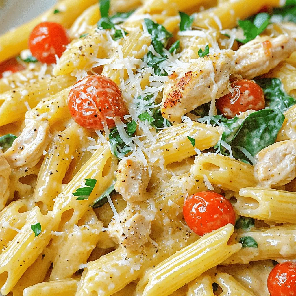To make creamy chicken ranch pasta, you need: - 2 cups penne pasta - 1 pound boneless, skinless chicken breasts, cut into bite-sized pieces - 1 tablespoon olive oil - 1 teaspoon garlic powder - 1 teaspoon onion powder - 1 teaspoon smoked paprika - Salt and freshly ground black pepper, to taste - 1 cup chicken broth - 1 cup heavy cream (or a dairy-free alternative like coconut cream) - 1 packet (1 oz) ranch seasoning mix - 1 cup cherry tomatoes, halved - 1 cup fresh spinach, packed - ½ cup grated Parmesan cheese - Fresh parsley, chopped, for garnish These ingredients create a rich and flavorful dish. You can find the full recipe above for all the steps. You can swap ingredients if you like. Here are some ideas: - Pasta: Use any pasta shape you prefer, like fettuccine or rotini. - Chicken: Try turkey or cooked shredded chicken for a quick option. - Heavy cream: Coconut cream is a great dairy-free choice. - Ranch seasoning: Make your own mix with herbs like dill, garlic, and onion powder. These swaps can change the taste and texture, so feel free to experiment! This dish offers a hearty meal with balanced nutrients. Here’s a rough idea of what you get per serving: - Calories: 600 - Protein: 35g - Carbohydrates: 60g - Fat: 25g - Fiber: 3g This meal is filling and comforting. You can adjust the ingredients to fit your dietary needs, making it a great choice for many! Start by boiling water in a large pot. Add a generous amount of salt to the water. This step adds flavor to the pasta. When the water is at a rolling boil, add 2 cups of penne pasta. Cook according to the package directions until it is al dente, usually about 8-10 minutes. Once the pasta is done, drain it in a colander. Set it aside, and let it wait for its creamy fate. Grab a large skillet and place it over medium heat. Pour in 1 tablespoon of olive oil and let it heat up. When the oil shimmers, it’s time to add the chicken. Use 1 pound of boneless, skinless chicken breasts, cut into bite-sized pieces. Season the chicken with 1 teaspoon each of garlic powder, onion powder, and smoked paprika. Add salt and freshly ground black pepper to taste. Cook the chicken for 5-7 minutes. Stir it occasionally to ensure it cooks evenly. You want the chicken to turn golden brown and reach an internal temperature of 165°F (75°C). This step ensures your chicken is juicy and safe to eat. Now, it’s time to make the sauce. Carefully pour in 1 cup of chicken broth into the skillet. Stir the mixture to lift any tasty bits stuck to the bottom. Allow the broth to come to a gentle simmer, which brings out its flavors. Next, add 1 cup of heavy cream and 1 packet of ranch seasoning mix. Stir until everything blends well. Let the sauce simmer for 3-5 minutes. It should start to thicken. This creates that rich, creamy texture we all love. Afterward, add the cooked penne pasta to the skillet. Toss it gently in the creamy ranch sauce until it is fully coated. Now, fold in 1 cup of halved cherry tomatoes and 1 cup of fresh spinach. Cook for an extra 2-3 minutes. The spinach will wilt, adding a nice touch to the dish. Finally, stir in ½ cup of grated Parmesan cheese until it melts into the sauce, enhancing the flavor of your dish. If you want more details or to explore the complete recipe, check out the Full Recipe. Enjoy your creamy chicken ranch pasta! To make the sauce super creamy, use heavy cream. If you want a lighter option, try coconut cream. When you add the cream, keep the heat low. This helps it blend well with the broth. Stir gently to mix in the ranch seasoning evenly. If you want more flavor, add extra cheese at the end. Store leftovers in an airtight container. Let the pasta cool before you cover it. Keep it in the fridge for up to three days. If you want to freeze it, use freezer-safe bags. Just remember, pasta can get mushy when reheated. To avoid this, eat it within a month. Timing is key for a great meal. Start boiling the pasta while you prep the chicken. This way, both finish at the same time. Once the chicken is cooked, add the broth and cream. Let it simmer while the pasta cooks. This ensures everything is hot and ready to serve together. For the best taste, serve right after cooking. For the full recipe, check out the Creamy Chicken Ranch Pasta Delight. Enjoy your cooking! {{image_4}} You can add a kick to your creamy chicken ranch pasta. Just toss in some red pepper flakes or diced jalapeños while cooking the chicken. This little change gives your dish a nice heat. If you love spice, feel free to add more! The creamy sauce will balance the heat well. If you want a vegetarian option, swap out the chicken for tofu. Press the tofu to remove excess water. Then, cut it into cubes and sauté it like you would the chicken. Season it with the same spices for great flavor. This version is just as creamy and tasty. Plus, it's a great way to enjoy a meat-free meal. You can use any pasta shape you like. Penne is great, but you can try fusilli, farfalle, or even spaghetti. Each shape will hold the sauce differently. For example, fusilli catches more sauce in its twists. Experiment with different shapes to find your favorite! You can find the full recipe for creamy chicken ranch pasta [here]. After you enjoy your creamy chicken ranch pasta, store any leftovers in an airtight container. Make sure to let the dish cool before covering it. The pasta keeps well in the fridge for up to three days. When you're ready to eat, check for any changes in smell or texture before reheating. If you want to save some for later, you can freeze this dish. Place it in a freezer-safe container. Be sure to leave some space for expansion. Creamy chicken ranch pasta can last up to three months in the freezer. To prevent freezer burn, wrap the container in plastic wrap or aluminum foil. When you are ready to enjoy your pasta again, thaw it in the fridge overnight if frozen. You can reheat it on the stove over low heat. Stir in a splash of chicken broth or cream to help it stay creamy. If you prefer, you can also use the microwave. Heat it in short bursts, stirring in between to ensure even warming. Enjoy your meal just as much as you did the first time! Yes, you can use whole wheat pasta. It adds fiber and a nutty taste. The cooking time may vary, so check the package instructions. Whole wheat pasta is a great choice for a healthier meal. You can replace heavy cream with coconut cream or cashew cream. Both options give a creamy texture. If you prefer a lighter option, use Greek yogurt. Just stir it in at the end to avoid curdling. Creamy Chicken Ranch Pasta lasts about 3 to 4 days in the fridge. Store it in an airtight container. Reheat it on the stove or in the microwave, adding a splash of broth or water if needed. For the best taste, enjoy it fresh! For the full recipe, check out the [Full Recipe]. Now you know how to make Creamy Chicken Ranch Pasta easily. We covered the essential ingredients, how to prepare them, and tips for the creamiest sauce. You learned variations and storage info to keep your meal fresh. Cooking should be fun and simple. Try these steps, and enjoy a tasty dish with family or friends. You have all the tools you need, so get cooking!