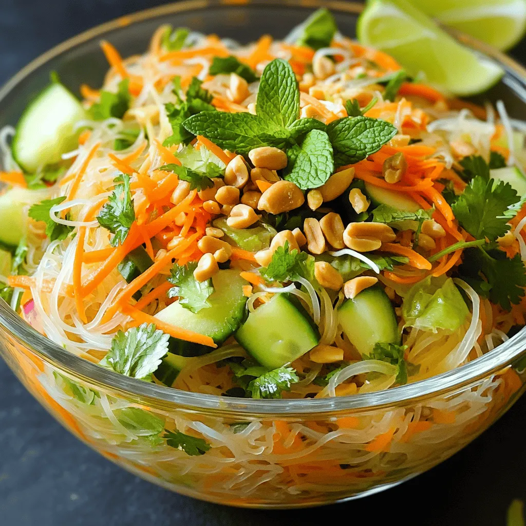 - 200g rice vermicelli noodles - 1 cup shredded carrots - 1 cup cucumber, julienned - 1 red bell pepper, thinly sliced - 1 cup bean sprouts - 1/2 cup fresh cilantro, roughly chopped - 1/2 cup fresh mint leaves, roughly chopped - 1/4 cup roasted peanuts, coarsely chopped - 3 tablespoons soy sauce - 2 tablespoons fresh lime juice - 1 tablespoon sesame oil - 1 tablespoon honey or agave syrup - 1 clove garlic, minced - Salt and pepper to taste - Large pot - Mixing bowls - Whisk When I make this salad, I love to gather all my ingredients first. It helps me stay organized. The rice vermicelli noodles are key to this dish. They cook quickly, and I find they soak up the dressing well. I also use fresh vegetables. Carrots, cucumber, and red bell pepper add crunch and color. Bean sprouts give a nice pop, too. The herbs, like cilantro and mint, bring a fresh taste. For the dressing, I mix soy sauce and lime juice to add tang. A bit of sesame oil adds depth. Honey or agave syrup sweetens it just right. Don’t forget the garlic! It packs a punch of flavor. I use a large pot to cook the noodles. Then, I have a few mixing bowls ready to combine the salad. A whisk helps me blend the dressing smoothly. This recipe brings vibrant flavors together. If you want the full details, check the Full Recipe. 1. Bring water to boil. Fill a large pot with water and set it on high heat. Wait until it bubbles vigorously. 2. Cook rice vermicelli noodles. Add 200g of rice vermicelli noodles to the boiling water. Cook them for about 4-5 minutes, as the package says. 3. Drain and rinse under cold water. Once cooked, drain the noodles in a colander. Rinse them well under cold running water. This stops the cooking and cools them down. 1. Wash and slice vegetables. Take 1 cup of shredded carrots, 1 cup of julienned cucumber, and 1 red bell pepper that you slice thinly. Also, wash 1 cup of bean sprouts. 2. Combine in a mixing bowl. In a large mixing bowl, mix the carrots, cucumber, bell pepper, and bean sprouts together. 1. Whisk together dressing ingredients. In a medium bowl, whisk 3 tablespoons of soy sauce, 2 tablespoons of fresh lime juice, 1 tablespoon of sesame oil, 1 tablespoon of honey (or agave syrup), and 1 clove of minced garlic. 2. Adjust seasoning to taste. Taste the dressing. If it needs more flavor, add a pinch of salt and pepper. It should be tangy and sweet. 1. Add cooled noodles to vegetables. Once the noodles have cooled, add them to the bowl with the mixed vegetables. 2. Drizzle dressing and toss together. Pour the dressing over the noodles and vegetables. Toss gently to mix everything evenly. 1. Fold in fresh herbs and peanuts. Add 1/2 cup of chopped cilantro, 1/2 cup of chopped mint leaves, and 1/4 cup of coarsely chopped peanuts to the salad. 2. Reserve peanuts for garnishing if desired. If you want, set aside some peanuts for the top later. 1. Spoon salad into bowls. Take a big spoon and place the salad into bowls. 2. Garnish with herbs and lime wedges. Finish by adding some reserved peanuts and a few sprigs of fresh herbs. You can also add lime wedges on the side for extra flavor. For the full recipe, check the details given earlier. Enjoy this fresh and vibrant dish! Serve this salad chilled or at room temperature. The cool noodles and fresh veggies taste best when they are not warm. If you let it chill in the fridge for a bit, the flavors mix together nicely. You can make this salad ahead of time. Cook the noodles and prepare the vegetables a few hours before you want to serve. Keep them separate until it’s time to eat. This way, the noodles stay fresh and firm. When you are ready, just toss everything together with the dressing. Feel free to play with flavors. Try adding a dash of chili flakes for heat or a splash of fish sauce for depth. You can even add sliced avocado for creaminess. The key is to make it your own! Every time you make this salad, you can create new flavor combinations. {{image_4}} You can make this salad even heartier by adding protein. Grilled chicken, shrimp, or tofu all work well. Cook the protein simply with salt and pepper. Slice it thinly and mix it into the salad before serving. Each option brings its own flavor and texture, enhancing the dish. Feel free to swap out vegetables based on the season or your favorites. Try adding bell peppers, snap peas, or even radishes. These swaps keep the dish fresh and exciting. Just chop them up and toss them in with the rest of the veggies. This way, you can customize the salad to your taste. While the original dressing is great, you can explore new flavors. A creamy peanut sauce adds richness, while a spicy vinaigrette brings heat. Mix and match to find your favorite. Just remember to keep it balanced, so the flavors shine through. Each dressing option can change the whole vibe of the dish. For a full recipe with detailed ingredients, check out the Full Recipe section. To store leftovers, place the salad in an airtight container. This keeps it fresh longer. Make sure to separate the dressing if possible. This helps maintain the crispy veggies. You can store it in the fridge for up to three days. Before serving, check for any changes in color or smell. Discard if it seems off. I don’t recommend freezing this salad. Freezing can change the texture of the noodles and veggies. They may become mushy after thawing. If you want to save some, try freezing the dressing separately. It can last for up to a month. Just thaw it in the fridge before using. For the best flavor and texture, eat the salad within three days of making it. After that, the fresh herbs may wilt, and the veggies may lose crunch. The salad tastes best when fresh. Enjoy it soon after preparing for a delightful meal! To keep noodles from clumping, rinse them under cold water right after cooking. This cools them down and washes away excess starch. Toss the noodles lightly with a splash of oil. This helps separate them and keeps them from sticking. Make sure to use enough water when boiling the noodles. This allows them to move freely. If you follow these tips, your noodles will stay nice and loose. Yes, you can easily make this salad vegan. Replace honey with agave syrup or maple syrup. Both options will keep the sweetness. Use soy sauce or tamari for a gluten-free option. You can also skip the peanuts if you have nut allergies. The salad will still taste fresh and delicious. Feel free to add extra vegetables or tofu for protein. This salad pairs well with many dishes. Consider serving it with grilled tofu or marinated tempeh. You can also add spring rolls for a crunchy side. A light soup, like miso or vegetable broth, complements the meal nicely. For drinks, iced green tea or a fruity lemonade works well. These options enhance the fresh and vibrant flavors of the salad. You’ve learned how to make a tasty Quick Vietnamese Noodle Salad! We covered all the main ingredients and how to prepare them step by step. Remember to try different proteins or veggies to mix things up. This salad is great for gatherings or as a refreshing meal at home. Serve it cold and enjoy every bite. Keep any leftovers sealed in the fridge for later. With just a few adjustments, you can make this dish your own. Enjoy your cooking adventures!