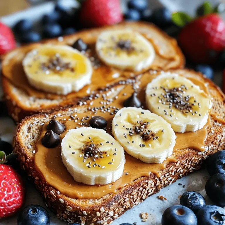 - 2 slices of whole grain or sourdough bread - 3 tablespoons creamy or crunchy peanut butter For a great peanut butter toast, I always choose whole grain or sourdough bread. Whole grain bread has more fiber, making it a healthier choice. Sourdough offers a tangy flavor that pairs well with peanut butter. The type of peanut butter matters too. Creamy peanut butter spreads easily, while crunchy gives a nice texture. You can’t go wrong with either! - 1 medium banana, sliced into thin rounds - 1 tablespoon honey or maple syrup - Fresh berries for garnish, such as blueberries or strawberries - Sliced avocado - Cucumber slices - A pinch of spices like cinnamon or cayenne You can make your toast even better with toppings. Sweet options like banana or honey add flavor. You can layer banana slices on top for a fruity kick. If you prefer savory, try sliced avocado or cucumber. Adding a sprinkle of spices can turn your toast into a flavor explosion! - 1 teaspoon chia seeds - 1 tablespoon dark chocolate chips (optional, for extra indulgence) For extra nutrition, add chia seeds. They boost fiber and are good for digestion. If you want a treat, sprinkle dark chocolate chips on top. They melt slightly and add a sweet touch. These small changes make your peanut butter toast not just tasty, but healthy too! To get the perfect toast, start with good bread. Whole grain or sourdough works best. Use a toaster or a skillet. Toast for around 5 minutes until golden brown. Keep an eye on it; nobody likes burnt toast! If you use a skillet, medium heat is key. Flip the bread halfway for even toasting. For a tasty bite, spread the peanut butter evenly. Use about 1.5 tablespoons on each slice. Start in the middle, then move outwards. This way, you coat the whole slice. A good spread means you taste peanut butter in every bite. Choose creamy or crunchy based on your liking. Now for the fun part! After spreading peanut butter, add banana slices. Arrange them in a nice pattern. Overlap them slightly to look pretty. Next, drizzle honey or maple syrup on top. This adds sweetness and flavor. Use a spoon to create an even drizzle. Finish with chia seeds for crunch and nutrients. If you want more sweetness, sprinkle dark chocolate chips. A pinch of fine sea salt boosts the flavors too. For color, add fresh berries around the toast. This makes your Peanut Butter Bliss Toast look and taste amazing! For the complete recipe, check out the [Full Recipe]. Choosing the right bread is key. I love whole grain for its nutty taste. Sourdough adds a tangy richness that pairs well with peanut butter. Pick what you enjoy! Next, find the best toast-to-peanut butter ratio. I recommend 1.5 tablespoons of peanut butter for each slice. This way, every bite is filled with flavor. You can mix different nut butters for fun. Almond or cashew butter can add a new twist. Try blending them with peanut butter for a tasty surprise. Adding spices can elevate your toast. A sprinkle of cinnamon gives warmth. You can also try a dash of sea salt for a delightful contrast. Pair your toast with drinks or snacks. A glass of milk or a smoothie works well. For a snack, try it with apple slices or yogurt. Peanut butter toast is great anytime. Enjoy it for breakfast, as a snack, or even dessert. You can make it sweet or savory based on your mood. {{image_4}} For a sweet twist, combine peanut butter with banana and a drizzle of chocolate. Slice the banana thinly and layer it on the peanut butter. You can then drizzle melted dark chocolate over the top. This mix gives a rich taste and a fun texture. Another option is to add fresh berries. Blueberries or strawberries work well. Spread peanut butter on toast, then top with your favorite berries. Add a sprinkle of nuts for crunch and flavor. This delicious combo is both tasty and colorful. Want to try something savory? Spread peanut butter on toast and add sliced avocado. The creaminess of the avocado pairs well with the nutty peanut butter. You can also sprinkle a little salt for extra flavor. For a spicy kick, mix peanut butter with some chili flakes or sriracha. Spread this mix on your toast for a bold taste. It adds heat and makes the simple toast feel gourmet. Elevate your toast with gourmet ingredients. Try adding a drizzle of balsamic glaze for a sweet and tangy flavor. Top it with sliced figs or pears for a fancy touch. This makes your toast feel special and unique. You can also create themed variations. For a breakfast twist, add Greek yogurt and honey on top of your peanut butter. This gives you a mix of creaminess and sweetness. Each bite is a delightful experience. For the full recipe, check out the Peanut Butter Bliss Toast. To keep leftover toast fresh, store it in an airtight container. This prevents moisture from making it soggy. If you have extra toast, place it in the fridge if you plan to eat it within a day. For longer storage, freeze it. Wrap it in plastic wrap and then place it in a freezer bag. When you want some, just pop it in the toaster. Reheat for 2-3 minutes for that crispy texture you love. Store peanut butter in a cool, dry place. If you have natural peanut butter, stir it well before use. This keeps the oil mixed in. For store-bought peanut butter, the shelf life is about 6-9 months. Bread lasts about a week at room temperature but can be frozen for up to 3 months. Use fresh toppings like fruits within a few days for the best taste. To make quick meals, prep ingredients ahead of time. Slice bananas and store them in a sealed bag in the fridge. You can also portion peanut butter into small containers. This way, you can make your peanut butter toast fast. Batch prepping toast is easy too. Make several slices, let them cool, and store them in the fridge or freezer. This helps you create several meals with less effort. For more ideas, check out the Full Recipe. The best bread for peanut butter toast varies by taste. Here are some great options: - Whole grain bread is packed with fiber and flavor. - Sourdough offers a tangy taste and a chewy texture. - Gluten-free bread works well for those with dietary needs. - Artisan bread can add a gourmet touch to your toast. Choosing the right bread can enhance your peanut butter experience. Experiment with different types to find your favorite! You can easily boost the health of your peanut butter toast. Here are some simple tips: - Use low-calorie toppings, like fresh fruit or yogurt. - Swap regular peanut butter for natural or no-added-sugar options. - Try whole grain or sprouted bread for extra nutrients. - Add chia seeds or flaxseeds for more fiber and healthy fats. These choices help you enjoy a tasty treat while keeping it nutritious. Yes, peanut butter toast can serve as a meal replacement. To make it balanced: - Pair your toast with a source of protein, like Greek yogurt or a hard-boiled egg. - Add fruits, like banana or berries, for vitamins and fiber. - Consider using whole grain bread for lasting energy. - Monitor portion sizes to ensure you meet your energy needs. With these tips, peanut butter toast can be both delicious and satisfying! In this post, we explored the essentials of making delicious peanut butter toast. You learned about basic ingredients, toppings, and how to customize flavors. I shared step-by-step tips for perfect toasting, spreading, and layering. We also discussed storage methods and meal prep ideas to keep your toast fresh. Peanut butter toast is versatile and easy. Try different toppings and combinations. Get creative and enjoy each bite!