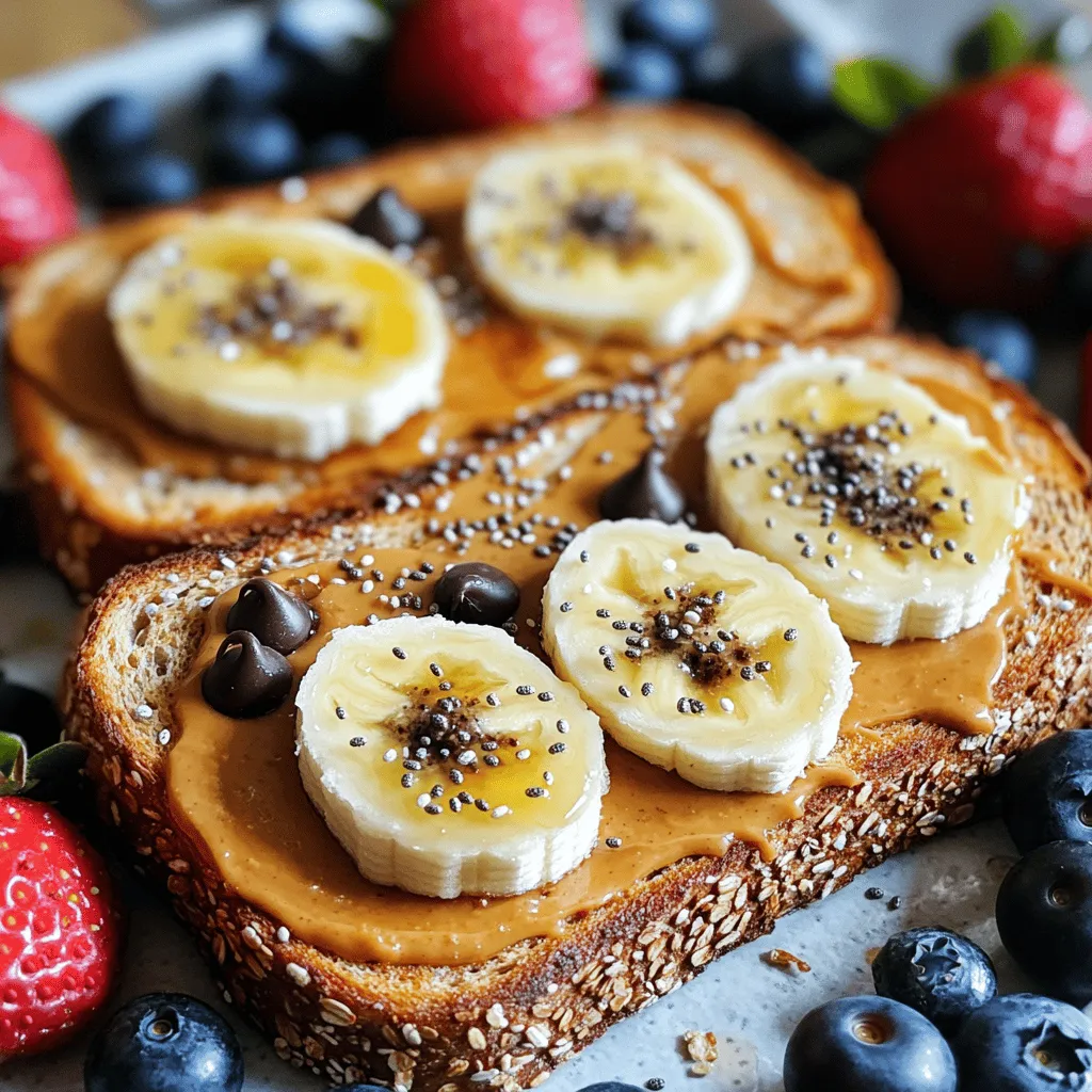 - 2 slices of whole grain or sourdough bread - 3 tablespoons creamy or crunchy peanut butter For a great peanut butter toast, I always choose whole grain or sourdough bread. Whole grain bread has more fiber, making it a healthier choice. Sourdough offers a tangy flavor that pairs well with peanut butter. The type of peanut butter matters too. Creamy peanut butter spreads easily, while crunchy gives a nice texture. You can’t go wrong with either! - 1 medium banana, sliced into thin rounds - 1 tablespoon honey or maple syrup - Fresh berries for garnish, such as blueberries or strawberries - Sliced avocado - Cucumber slices - A pinch of spices like cinnamon or cayenne You can make your toast even better with toppings. Sweet options like banana or honey add flavor. You can layer banana slices on top for a fruity kick. If you prefer savory, try sliced avocado or cucumber. Adding a sprinkle of spices can turn your toast into a flavor explosion! - 1 teaspoon chia seeds - 1 tablespoon dark chocolate chips (optional, for extra indulgence) For extra nutrition, add chia seeds. They boost fiber and are good for digestion. If you want a treat, sprinkle dark chocolate chips on top. They melt slightly and add a sweet touch. These small changes make your peanut butter toast not just tasty, but healthy too! To get the perfect toast, start with good bread. Whole grain or sourdough works best. Use a toaster or a skillet. Toast for around 5 minutes until golden brown. Keep an eye on it; nobody likes burnt toast! If you use a skillet, medium heat is key. Flip the bread halfway for even toasting. For a tasty bite, spread the peanut butter evenly. Use about 1.5 tablespoons on each slice. Start in the middle, then move outwards. This way, you coat the whole slice. A good spread means you taste peanut butter in every bite. Choose creamy or crunchy based on your liking. Now for the fun part! After spreading peanut butter, add banana slices. Arrange them in a nice pattern. Overlap them slightly to look pretty. Next, drizzle honey or maple syrup on top. This adds sweetness and flavor. Use a spoon to create an even drizzle. Finish with chia seeds for crunch and nutrients. If you want more sweetness, sprinkle dark chocolate chips. A pinch of fine sea salt boosts the flavors too. For color, add fresh berries around the toast. This makes your Peanut Butter Bliss Toast look and taste amazing! For the complete recipe, check out the [Full Recipe]. Choosing the right bread is key. I love whole grain for its nutty taste. Sourdough adds a tangy richness that pairs well with peanut butter. Pick what you enjoy! Next, find the best toast-to-peanut butter ratio. I recommend 1.5 tablespoons of peanut butter for each slice. This way, every bite is filled with flavor. You can mix different nut butters for fun. Almond or cashew butter can add a new twist. Try blending them with peanut butter for a tasty surprise. Adding spices can elevate your toast. A sprinkle of cinnamon gives warmth. You can also try a dash of sea salt for a delightful contrast. Pair your toast with drinks or snacks. A glass of milk or a smoothie works well. For a snack, try it with apple slices or yogurt. Peanut butter toast is great anytime. Enjoy it for breakfast, as a snack, or even dessert. You can make it sweet or savory based on your mood. {{image_4}} For a sweet twist, combine peanut butter with banana and a drizzle of chocolate. Slice the banana thinly and layer it on the peanut butter. You can then drizzle melted dark chocolate over the top. This mix gives a rich taste and a fun texture. Another option is to add fresh berries. Blueberries or strawberries work well. Spread peanut butter on toast, then top with your favorite berries. Add a sprinkle of nuts for crunch and flavor. This delicious combo is both tasty and colorful. Want to try something savory? Spread peanut butter on toast and add sliced avocado. The creaminess of the avocado pairs well with the nutty peanut butter. You can also sprinkle a little salt for extra flavor. For a spicy kick, mix peanut butter with some chili flakes or sriracha. Spread this mix on your toast for a bold taste. It adds heat and makes the simple toast feel gourmet. Elevate your toast with gourmet ingredients. Try adding a drizzle of balsamic glaze for a sweet and tangy flavor. Top it with sliced figs or pears for a fancy touch. This makes your toast feel special and unique. You can also create themed variations. For a breakfast twist, add Greek yogurt and honey on top of your peanut butter. This gives you a mix of creaminess and sweetness. Each bite is a delightful experience. For the full recipe, check out the Peanut Butter Bliss Toast. To keep leftover toast fresh, store it in an airtight container. This prevents moisture from making it soggy. If you have extra toast, place it in the fridge if you plan to eat it within a day. For longer storage, freeze it. Wrap it in plastic wrap and then place it in a freezer bag. When you want some, just pop it in the toaster. Reheat for 2-3 minutes for that crispy texture you love. Store peanut butter in a cool, dry place. If you have natural peanut butter, stir it well before use. This keeps the oil mixed in. For store-bought peanut butter, the shelf life is about 6-9 months. Bread lasts about a week at room temperature but can be frozen for up to 3 months. Use fresh toppings like fruits within a few days for the best taste. To make quick meals, prep ingredients ahead of time. Slice bananas and store them in a sealed bag in the fridge. You can also portion peanut butter into small containers. This way, you can make your peanut butter toast fast. Batch prepping toast is easy too. Make several slices, let them cool, and store them in the fridge or freezer. This helps you create several meals with less effort. For more ideas, check out the Full Recipe. The best bread for peanut butter toast varies by taste. Here are some great options: - Whole grain bread is packed with fiber and flavor. - Sourdough offers a tangy taste and a chewy texture. - Gluten-free bread works well for those with dietary needs. - Artisan bread can add a gourmet touch to your toast. Choosing the right bread can enhance your peanut butter experience. Experiment with different types to find your favorite! You can easily boost the health of your peanut butter toast. Here are some simple tips: - Use low-calorie toppings, like fresh fruit or yogurt. - Swap regular peanut butter for natural or no-added-sugar options. - Try whole grain or sprouted bread for extra nutrients. - Add chia seeds or flaxseeds for more fiber and healthy fats. These choices help you enjoy a tasty treat while keeping it nutritious. Yes, peanut butter toast can serve as a meal replacement. To make it balanced: - Pair your toast with a source of protein, like Greek yogurt or a hard-boiled egg. - Add fruits, like banana or berries, for vitamins and fiber. - Consider using whole grain bread for lasting energy. - Monitor portion sizes to ensure you meet your energy needs. With these tips, peanut butter toast can be both delicious and satisfying! In this post, we explored the essentials of making delicious peanut butter toast. You learned about basic ingredients, toppings, and how to customize flavors. I shared step-by-step tips for perfect toasting, spreading, and layering. We also discussed storage methods and meal prep ideas to keep your toast fresh. Peanut butter toast is versatile and easy. Try different toppings and combinations. Get creative and enjoy each bite!