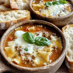 - 1 pound ground beef (or Italian sausage for added flavor) - 1 medium onion, finely chopped - 3 cloves garlic, minced - 1 (28-ounce) can crushed tomatoes - 4 cups beef broth (low-sodium recommended) - 8 ounces lasagna noodles, uncooked and broken into smaller pieces - 1 cup ricotta cheese - 1 cup shredded mozzarella cheese - 1/2 cup grated Parmesan cheese In this recipe, you can choose between ground beef or Italian sausage. Both will give your soup a rich and savory taste. The crushed tomatoes provide a thick base. The beef broth adds depth. Lasagna noodles are key to the dish's hearty feel. The mix of ricotta, mozzarella, and Parmesan gives a creamy and cheesy finish. - 2 teaspoons dried oregano - 2 teaspoons dried basil - 1 teaspoon red pepper flakes (optional for heat) - Salt and freshly ground black pepper to taste Seasonings make this soup shine. Oregano and basil are classic Italian herbs. They add warmth and aroma. Red pepper flakes bring a touch of heat. Adjust the salt and pepper to fit your taste. - Fresh basil leaves - Additional cheese Garnishes make your soup look and taste even better. Fresh basil adds color and flavor. Extra cheese on top enhances the creaminess. You can add these when serving to impress your guests or family. For the full recipe, you can check out the complete guide. Enjoy making your delicious Easy Lasagna Soup! Start by heating a large stock pot over medium heat. Add a drizzle of olive oil to the pot. Once it’s warm, toss in a finely chopped medium onion. Sauté the onion for 3-4 minutes until it turns translucent and smells great. Next, add 3 minced cloves of garlic. Stir it around for another minute until the garlic is fragrant and lightly golden. Now, it’s time to brown the meat. Add 1 pound of ground beef or Italian sausage to the pot. Use a wooden spoon to break the meat into smaller pieces. Cook the meat until it turns brown and is no longer pink. This should take about 5-7 minutes. If you see too much fat, drain some of it out. With the meat browned, it’s time to add flavor. Stir in a 28-ounce can of crushed tomatoes and 4 cups of beef broth. Add 2 teaspoons of dried oregano, 2 teaspoons of dried basil, and 1 teaspoon of red pepper flakes if you like some heat. Increase the heat and bring the mixture to a gentle boil. Once it boils, reduce the heat to a simmer. Now, add 8 ounces of uncooked lasagna noodles, broken into smaller pieces. Cook them according to the package instructions, usually about 10-12 minutes. You want the noodles to be tender but still slightly firm. After your noodles are cooked, it’s time for the creamy goodness. Stir in 1 cup of ricotta cheese. This will melt and blend into the soup, making it rich and delicious. Taste the soup and add salt and freshly ground black pepper to your liking. Now, ladle the hot soup into bowls. Top each bowl with shredded mozzarella and a sprinkle of grated Parmesan cheese. For a lovely finish, garnish each bowl with fresh basil leaves. This adds a burst of color and flavor. You can find the Full Recipe for more details. - Achieving the right noodle texture For the best noodles, avoid overcooking. Cook until they are slightly firm, or al dente. This will keep them from becoming mushy in the soup. Stir occasionally to ensure even cooking. - Adjusting seasoning for personal taste Taste the soup before serving. You can add more salt, pepper, or herbs based on your liking. If you want a kick, sprinkle in more red pepper flakes or add a dash of hot sauce. - Presentation ideas for a restaurant-style look Use deep, rustic bowls to serve the soup. Top each bowl with extra cheese and fresh basil. This makes the dish look inviting and delicious. You can also drizzle a bit of olive oil for shine. - Side dishes to accompany the soup Serve with crusty bread or garlic bread for dipping. A simple green salad can add freshness and balance the meal. Pairing with a light wine can also enhance the flavors. - Making in advance and reheating You can prepare the soup a day ahead. Let it cool, then store it in the fridge. Reheat it on the stove over low heat, stirring often, until warm. This helps blend the flavors even more. - Freezing portions for later For longer storage, freeze portions in airtight containers. Leave a little space at the top for expansion. To thaw, place in the fridge overnight or heat directly from the freezer on low heat. {{image_4}} You can make this soup meat-free. Substitute the ground beef with vegetables like zucchini or bell peppers. You can also use plant-based meat for a similar texture. Instead of beef broth, use vegetable broth for a lighter taste. This keeps the soup rich and full of flavor without meat. Feel free to play with cheese. Instead of just ricotta, try mixing in goat cheese or cream cheese for a unique taste. You can add spinach or mushrooms for extra nutrition and flavor. Both ingredients pair well with the soup’s savory base. They add a nice touch of earthiness. Want a little heat? Start with red pepper flakes. You can add them to taste while cooking. For more heat, use fresh chili or a splash of hot sauce. This lets you control the soup's spiciness and make it just how you like it. To store leftovers safely, let the soup cool first. Use an airtight container to keep it fresh. You can keep it in the fridge for up to three days. For best flavor, eat it within two days. To freeze lasagna soup, let it cool completely. Pour the soup into freezer-safe bags or containers. Be sure to leave some space for expansion. You can freeze it for up to three months. When you want to eat it, thaw it overnight in the fridge. To preserve texture and flavor, reheat the soup on the stovetop. Warm it over medium heat, stirring often. You can also use the microwave, but it may not keep the same texture. Heat it in short bursts, stirring in between, for even warming. Yes, you can! To make Easy Lasagna Soup in a slow cooker, brown the meat first. Then, add the cooked meat, onions, garlic, crushed tomatoes, beef broth, and seasonings to the slow cooker. Stir well. Cook on low for 6 to 8 hours or on high for 3 to 4 hours. Add the broken lasagna noodles in the last 30 minutes of cooking. This way, they will soften but not get too mushy. If you don’t have ricotta cheese, you have options! You can use cottage cheese instead. It gives a similar texture and taste. For a creamier option, try cream cheese. If you want a dairy-free choice, look for vegan ricotta made from nuts or tofu. These substitutes will still give your soup a comforting creaminess. To know when your soup is ready, watch for these signs: the noodles should be tender but still firm. Taste a noodle to check. The soup should be hot and bubbling. If the noodles feel too soft, you may have cooked them too long. Make sure to serve it right away for the best texture. In summary, this blog post detailed how to make Easy Lasagna Soup. We explored key ingredients like ground meat and rich tomatoes, along with seasonings that add great flavor. I shared tips for cooking, serving, and storing your soup, plus variations for different tastes. The goal is to create a warm and tasty dish everyone will love. Enjoy making your lasagna soup and make it your own!