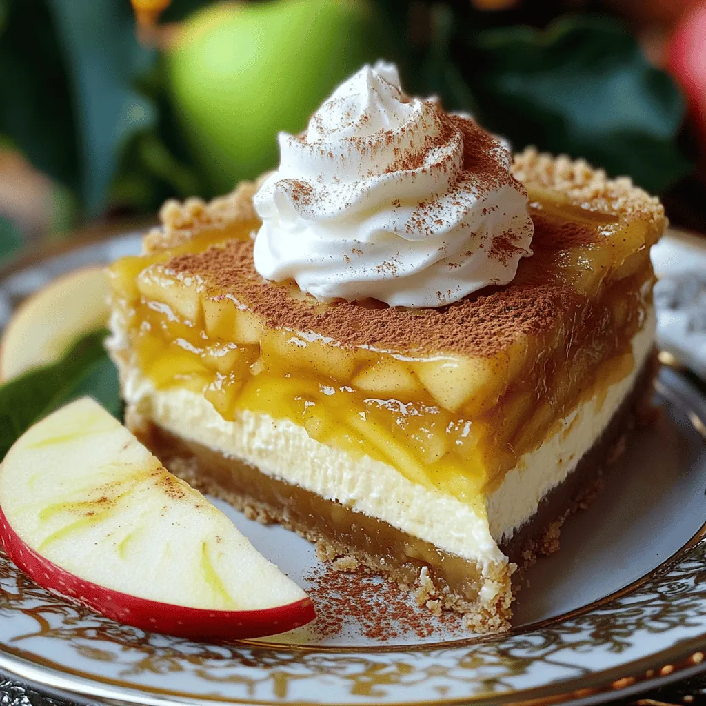 - 3 medium apples (preferably Granny Smith or Honeycrisp), peeled, cored, and diced - 1/2 cup packed brown sugar - 1 teaspoon ground cinnamon - 1/4 teaspoon ground nutmeg - 1 tablespoon fresh lemon juice - 1 tablespoon cornstarch - 1 1/2 cups cream cheese, softened at room temperature - 1 cup granulated sugar - 1 teaspoon pure vanilla extract - 3 large eggs, room temperature - 1 cup sour cream - 1/4 cup all-purpose flour - 1 1/2 cups graham cracker crumbs - 1/2 cup unsalted butter, melted - 1/4 cup granulated sugar To create the perfect apple pie stuffed cheesecake, gather all your ingredients first. For the apple pie filling, I recommend using Granny Smith or Honeycrisp apples. They bring the best sweet and tart flavor. Make sure to peel, core, and dice the apples. The brown sugar adds sweetness and depth. Ground cinnamon and nutmeg will give that classic apple pie taste. A splash of fresh lemon juice brightens the filling, while cornstarch thickens it, ensuring a great texture. Now, for the cheesecake base, use softened cream cheese for a smooth mix. The granulated sugar adds sweetness, and pure vanilla extract enhances the flavor. Make sure your eggs are at room temperature for even mixing. Sour cream brings richness, while all-purpose flour binds everything together. Finally, for the crust, graham cracker crumbs provide a lovely crunch. Melted unsalted butter helps the crumbs stick together, and a touch of granulated sugar adds sweetness. By preparing these ingredients, you set the stage for a delightful dessert. For the full recipe, check out the details provided above. - Combine diced apples, brown sugar, lemon juice, cinnamon, nutmeg, and cornstarch in a saucepan. - Cook over medium heat until apples are tender and the sauce thickens. - Allow the filling to cool slightly before using. I love making this apple pie filling first. The sweet smell of apples and spices fills the kitchen. You will want to use firm apples like Granny Smith or Honeycrisp. They give the best flavor and texture. As you cook the apples, stir gently. You want them soft but not mushy. This filling adds a burst of flavor to the cheesecake. - Preheat the oven to 325°F (160°C). - Combine graham cracker crumbs, melted butter, and sugar until evenly mixed. - Press the mixture into a springform pan and bake for 10 minutes. The crust is simple but key to a great cheesecake. The graham cracker crumbs create a nice crunch. Be sure to press them down firmly. This helps the crust hold its shape. After baking, let it cool. This will help the cheesecake set better. - Beat softened cream cheese until smooth. - Gradually mix in granulated sugar, vanilla extract, and eggs. - Incorporate sour cream and flour without overmixing. The cheesecake filling is rich and creamy. I like to beat the cream cheese until smooth. This step is vital to avoid lumps. Add the sugar slowly. Each ingredient adds to the creaminess. The sour cream gives a tang that balances the sweetness. - Pour half of the cheesecake batter into the crust. - Add half of the apple pie filling and swirl, then top with the remaining batter and apple filling. When you assemble the cheesecake, it looks beautiful. Pour half of the batter over the crust. Then, add the apple filling. Use a knife to swirl it in gently. This creates a lovely marbled effect. Add the rest of the batter and filling on top. - Bake in the preheated oven for 55-65 minutes until the edges are firm. - Allow to cool in the oven with the door cracked to prevent cracking. Baking the cheesecake is a careful process. You want the edges firm but the center soft. It might jiggle a bit, and that’s okay. After baking, leave the oven door cracked. This helps it cool down slowly and reduces the chance of cracks. - Refrigerate for at least 4 hours or overnight before serving. - Release from the springform pan and slice to serve. Chilling is the best part of making cheesecake. It allows the flavors to blend. I suggest letting it chill overnight for the best taste. When ready to serve, run a knife around the edges. This makes it easy to remove from the pan. For the full recipe, check the details above. Enjoy this delightful and creamy dessert! To get a creamy filling, let your cream cheese soften fully at room temperature. This step is key. If it's too cold, you'll end up with lumps. Also, watch the baking time closely. Your cheesecake should set but still jiggle slightly in the center. This will help keep it creamy. To make your cheesecake shine, serve it with a dollop of whipped cream and a sprinkle of ground cinnamon. This simple touch adds flavor and beauty. You can also garnish each slice with a fresh apple slice. It makes your dish look more inviting and fresh. One common mistake is skipping the chilling time. Always chill your cheesecake for at least 4 hours. This step is vital for the best texture. Another mistake is overmixing after adding eggs and sour cream. This can cause cracks. Mix just until combined for a smooth finish. For the full recipe, check out the details above. {{image_4}} You can give your cheesecake a fun twist. Try adding a swirl of caramel or chocolate to the batter. This simple step adds rich flavor and looks great too. You can also mix in spices like ginger or cloves. These spices bring warmth and a unique taste to your dessert. If you want a gluten-free treat, use gluten-free graham cracker crumbs. This change keeps the crust delicious without gluten. For a vegan option, swap out the cream cheese with a dairy-free alternative. This way, everyone can enjoy this tasty cheesecake. Pair your cheesecake with vanilla ice cream for a classic dessert experience. The ice cream's creaminess contrasts nicely with the cheesecake. You can also serve it warm or at room temperature. Each option offers a different texture and flavor experience. Don't forget to check the Full Recipe for all the details! Keep the cheesecake covered in the refrigerator for up to 5 days. This helps maintain its creamy texture. If you want to save some for later, avoid freezing for best results. However, if needed, it can be frozen for up to 2 months. Just make sure to wrap it tightly. If you freeze the cheesecake, thaw it in the refrigerator overnight. This keeps it safe and tasty. You can serve it cold right from the fridge. If you prefer a softer bite, let it sit at room temperature for about 30 minutes before serving. Enjoy every slice! Yes, it can be prepared a day in advance and chilled overnight for best flavor. This method also helps the flavors meld together nicely. Plus, it saves you time on the day you want to serve it. Granny Smith or Honeycrisp apples are recommended for their balance of sweet and tart flavors. These apples hold their shape well during cooking, giving the filling a great texture. Bake at a lower temperature and allow it to cool gradually in the oven after baking. This slow cooling helps reduce the chance of cracks forming on the surface. You can use a regular cake pan, but be prepared to serve directly from the pan. It may be a bit tricky to remove the cheesecake without a springform pan, so make sure to line the bottom with parchment paper. The recipe yields approximately 12 servings. This makes it perfect for sharing at gatherings or special occasions. If you want smaller pieces, you can cut it into more slices. Enjoy! This blog post shared easy steps for making an Apple Pie Stuffed Cheesecake. You learned about key ingredients, detailed instructions, tips for the best texture, and variations to try. In closing, I encourage you to experiment with this recipe. Enjoy the blend of creamy cheesecake and sweet apple pie. It’s a dessert that brings joy to any gathering. Happy baking!