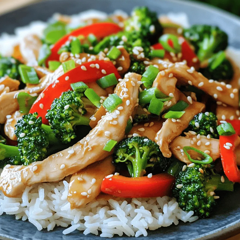 - 1 lb boneless chicken breast, thinly sliced - 2 cups broccoli florets - 1 red bell pepper, sliced into strips - 2 cloves garlic, minced - 1 teaspoon fresh ginger, grated - 3 tablespoons soy sauce - 1 tablespoon oyster sauce (optional) - 1 tablespoon cornstarch - 1 cup low-sodium chicken broth - 2 tablespoons vegetable oil - Cooked jasmine rice, for serving - Sesame seeds and chopped green onions for garnish Gathering the right ingredients is key. The chicken breast gives a tender bite. Broccoli adds crunch and color. The red bell pepper brings sweetness. Garlic and ginger boost flavor. Soy sauce gives that classic umami. The oyster sauce can add depth if you like. Using cornstarch helps the chicken stay juicy. Chicken broth keeps it rich. You’ll need vegetable oil for cooking. Jasmine rice is a must for serving. Lastly, sesame seeds and green onions make it pretty. You can find the full recipe at the end of this section. Preparing these ingredients sets you up for a delicious stir-fry. To start, take 1 pound of boneless chicken breast and slice it thinly. In a bowl, mix the chicken with 1 tablespoon of cornstarch, 3 tablespoons of soy sauce, and a pinch of salt. Make sure the chicken is well coated. Let it sit for 15-20 minutes. This step helps the chicken stay tender and flavorful. Next, get 2 cups of broccoli florets ready. In a large pot, bring water to a boil. Add the broccoli and blanch it for 2-3 minutes. You want it bright green but still crisp. After that, drain the broccoli and set it aside. This quick blanching helps keep the color and crunch. Now it's time to cook! Heat 1 tablespoon of vegetable oil in a skillet over medium-high heat. Add the marinated chicken in a single layer. Stir-fry for 4-5 minutes until the chicken looks golden and is cooked through. Then, remove the chicken and place it on a plate. In the same skillet, add another tablespoon of vegetable oil. Toss in 2 cloves of minced garlic and 1 teaspoon of grated fresh ginger. Sauté them for about 30 seconds until fragrant. Next, add 1 sliced red bell pepper and the blanched broccoli. Cook for 2-3 minutes, stirring often, until the veggies are tender yet crisp. Finally, return the cooked chicken to the skillet. Pour in the remaining soy sauce, 1 tablespoon of oyster sauce (if using), and 1 cup of low-sodium chicken broth. Mix everything well. Let it simmer for 2-3 minutes to thicken the sauce. If it gets too thick, add a splash of water. Your stir-fry is ready to serve over cooked jasmine rice. Sprinkle some sesame seeds and chopped green onions on top for a beautiful finish. For the complete recipe, you can check the [Full Recipe]. - Use high heat for a good sear. This helps lock in flavor and moisture. - Avoid overcrowding the pan. This ensures even cooking and keeps the chicken tender. - Consider tofu or shrimp as alternatives for chicken. They add different flavors and textures. - Use gluten-free soy sauce if you have dietary needs. It provides the same rich taste. - Add chili flakes for heat if you like spicy food. This can take your dish up a notch. - Incorporate other vegetables like carrots or snap peas. They add color and crunch. For the full recipe, visit the section above. {{image_4}} You can switch up the protein in your stir-fry. Using steak adds a savory twist. Thinly slice flank steak and marinate it like chicken. You can also use pork. Slice pork tenderloin into thin strips for a rich flavor. For plant-based eaters, try tofu or tempeh. Press and cube firm tofu, then marinate it. Sauté until golden for a nice texture. For a nutty flavor, use tempeh. Slice it thin and cook it the same way as chicken or beef. The sauce can change your stir-fry game. Try teriyaki sauce for a sweet glaze. It pairs well with chicken and broccoli. Hoisin sauce adds a nice depth too. It gives a sweet and tangy kick. If you watch your sodium, low-sodium soy sauce works great. You can also find options with less sugar. These sauces keep flavor while being healthier. Experiment with different sauces to find what you love best! Serving options enhance your meal. Try pairing it with other Asian-inspired dishes. Fried rice or lo mein can complement your stir-fry well. Don't forget side dishes! Spring rolls are great for crunch. Dumplings add a soft, savory touch. These sides make your meal feel more complete and festive. For the full recipe, check out the details above! You can store leftovers in the fridge for up to three days. Keep your stir-fry in an airtight container. This helps to lock in moisture and flavor. When you’re ready to eat, reheat it in a pan over medium heat. Stir it gently until heated through. You can also use a microwave, but be sure to cover it to avoid drying out the dish. If you want to save some for later, freezing is a great option. Let the stir-fry cool completely before transferring it to a freezer-safe container. It can last for about three months in the freezer. When you're ready to enjoy it, thaw it overnight in the fridge. Reheat it on the stove for best results. Stir well to ensure even heating. The ingredients in your stir-fry have different shelf lives. Chicken should be used within one to two days if fresh. Broccoli can last about a week in the fridge, while bell peppers hold for about five days. Keeping track of freshness helps ensure you enjoy the best flavors. Always check for signs of spoilage before cooking. For the full recipe, check out the [Full Recipe]. To cut chicken for stir-fry, slice it thinly against the grain. This method keeps the meat tender. Aim for pieces about 1/4 inch thick. The thinner the slice, the quicker it cooks. Marinating the chicken also helps add flavor and keeps it juicy. Yes, you can make this stir-fry in advance. It stores well in the fridge for up to three days. To prep, cook the chicken and veggies, then cool them before placing them in an airtight container. When ready to eat, just reheat in a skillet or the microwave. To thicken your stir-fry sauce, add cornstarch mixed with water. About one tablespoon of cornstarch with two tablespoons of water works well. Stir this mixture into the sauce as it heats. The sauce will thicken as it simmers. If it gets too thick, add a splash of water to adjust. For more tips and a detailed method, check the Full Recipe. This stir-fry recipe features simple yet flavorful ingredients. You learned how to marinate chicken and sauté veggies for a tasty meal. Key tips, like using high heat and not overcrowding the pan, help enhance flavors. You can also customize the dish with different proteins or sauces. Remember to store leftovers properly for future meals. Enjoy this dish as a healthy, quick option any night of the week!