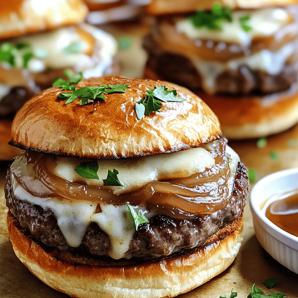 - Ground beef - Onions - Gruyère cheese - Brioche buns The heart of this burger lies in its main ingredients. I use 1 pound of ground beef with 80/20 fat ratio. This mix gives a juicy and flavorful burger. For the onions, I prefer one medium onion, thinly sliced. They become sweet when caramelized, adding depth to the dish. Gruyère cheese is a must. Four slices melt beautifully over the beef. Finally, the brioche buns add a soft and buttery touch. - Olive oil - Beef broth - Sugar and thyme - Mayonnaise and Dijon mustard To elevate the flavors, I use a tablespoon of olive oil for cooking. The beef broth, about 2 cups, keeps the burger moist and rich. A teaspoon of sugar helps caramelize the onions, while a teaspoon of dried thyme adds earthiness. For condiments, I spread 1/4 cup of mayonnaise on the buns and use a tablespoon of Dijon mustard for a zesty kick. - Fresh parsley (for garnish) - Additional condiments Garnishes can make a difference. Fresh parsley adds color and freshness to the burger. You can also offer extra condiments for those who want more flavor. The combination of all these ingredients creates a burger that feels special, just like French onion soup. For the full recipe, check out the recipe above and enjoy this savory twist on a classic dish! To start, I heat olive oil in a large skillet over medium heat. Once the oil is warm, I add the thinly sliced onions. I sprinkle in one teaspoon of sugar to help them caramelize. Cooking them takes about 20 minutes. I stir them often until they turn a rich golden brown. This step is key, as it brings out their natural sweetness. Next, I heat a separate skillet on medium-high heat. I season the ground beef with salt and pepper. Then, I shape the meat into four equal patties. I cook each patty for 4-5 minutes on each side. I aim for medium doneness. In the last minute, I place a slice of Gruyère cheese on each patty. I cover the skillet to help the cheese melt nicely. For the broth, I bring 2 cups of beef broth to a gentle simmer in a saucepan. I add one teaspoon of dried thyme to the broth. When the onions finish caramelizing, I mix them into the broth. I let this simmer for an additional 5 minutes. This melds the flavors together and creates a savory infusion. Now, I take the brioche buns and spread mayonnaise on the bottom half. On the top half, I add a bit of Dijon mustard. I place a cheesy burger patty on the mayo-coated bottom half. Carefully, I ladle some of the onion and broth mixture on top. I make sure not to oversaturate the bun. I cap the burger with the top half of the bun. If I want, I secure it with a toothpick. To add a pop of color, I garnish with freshly chopped parsley. I serve the burgers right away, with a small bowl of the leftover onion broth for dipping. This makes the French onion experience even better! For the full recipe, check out the details provided above. To get sweet, golden onions, cook them slowly. Use medium heat and stir often. This helps them brown evenly. It usually takes about 20 minutes. If they burn, lower the heat. Add a pinch of salt to help draw out moisture. This step makes them soft and sweet. You can grill or pan-fry your burgers. Grilling gives a smoky flavor. Pan-frying makes it easy to control cooking. I prefer pan-frying for these burgers. Cook them for 4-5 minutes on each side. In the last minute, add cheese on top. Cover the pan to melt the cheese just right. Want to switch things up? Try different cheeses like Swiss or cheddar. Each cheese adds a unique taste. You can also adjust the spices. Add garlic powder or smoked paprika for a kick. Play around with flavors to find your favorite combo. {{image_4}} To make French onion soup burgers a bit lighter, you can use leaner ground meats. Ground turkey or chicken work well. They still give great flavor without too much fat. You can also try vegetarian or vegan options. Black beans or lentils create hearty patties. Add spices for extra flavor. You can change the taste by adding sautéed mushrooms. They bring an earthy note that pairs well with onions. Different herbs can also change the flavor. Try rosemary or oregano to switch things up. Each herb adds its unique twist to the dish. When it comes to burger styles, you can make sliders or full-size burgers. Sliders are perfect for parties or gatherings. Full-size burgers are great for a satisfying meal. You can also get creative with French onion soup-inspired toppings. Try crispy fried onions or a drizzle of balsamic glaze for an extra kick. For the full recipe, check out the instructions above. After making French onion soup burgers, you might have some delicious leftovers. Store them in the fridge within two hours of cooking. Use airtight containers to keep them fresh. The burgers can stay good for up to three days in the refrigerator. Keep the broth separate to prevent soggy buns. To reheat your burgers, the best method is using a skillet. Heat it over medium-low heat. Place the burger patty in the skillet for about three minutes on each side. This keeps the patty juicy. For the broth, use a small pot. Heat it over low heat, stirring occasionally, until warm. Avoid boiling to keep the flavor intact. If you want to save some for later, consider freezing. You can freeze the burger patties and toppings separately. Wrap each patty tightly in plastic wrap, then place in a freezer bag. They can last up to three months in the freezer. To thaw, move them to the fridge for a night. Reheat them as mentioned above to enjoy the flavors again. To caramelize onions well, use low heat. Start by heating olive oil in a skillet. Add thinly sliced onions and stir them often. Sprinkle a little sugar to help them caramelize. Cook for about 20 minutes. You want them golden brown and sweet. This method brings out their best flavor. Yes, you can use other cheeses. While Gruyère gives a rich taste, Swiss or provolone also works. Cheddar adds a sharp flavor, and mozzarella melts well. Choose based on your taste. Just make sure it melts nicely on the patty. To make gluten-free burgers, switch to gluten-free buns. Many stores sell these now. You can also make your own with gluten-free flour. Ensure that all other ingredients are gluten-free, like the broth and sauces. This way, everyone can enjoy the meal. Great sides include crispy fries or a fresh salad. Onion rings add extra flavor. You can also serve with roasted vegetables for a healthy touch. For a classic vibe, pair with potato chips. These sides complement the savory burger well. Many burger joints and gastropubs serve French Onion Soup Burgers. Check local menus or food blogs for recommendations. Some chains may offer unique twists on this dish. You might even find them at French bistros. Try looking for places that focus on gourmet burgers. Making French Onion Soup Burgers brings flavor and fun to your kitchen. You learned about key ingredients like ground beef, onions, and Gruyère cheese. We covered step-by-step cooking tips for perfect patties and caramelized onions. You can customize flavors and store leftovers for later enjoyment. Embrace these tips, and your meals will shine. Enjoy your cooking and savor each delicious bite!