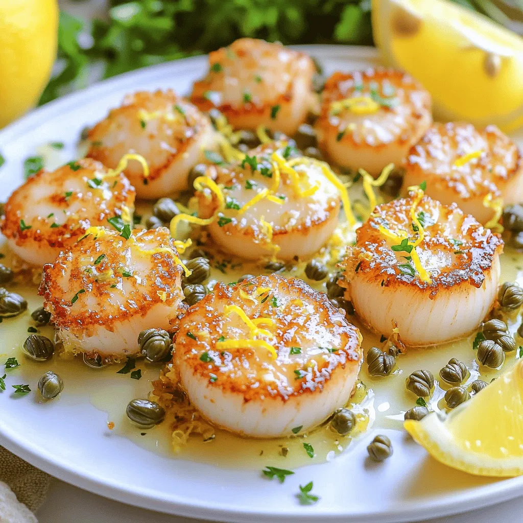 To make pan-seared scallops with lemon caper sauce, you need these key ingredients: - 1 pound sea scallops, patted dry - 2 tablespoons olive oil - Salt and freshly ground black pepper, to taste - 2 tablespoons unsalted butter - 3 cloves garlic, minced - 2 tablespoons capers, rinsed and drained - Zest of 1 lemon - 1/4 cup fresh lemon juice (approximately 1-2 lemons) - 2 tablespoons fresh parsley, finely chopped - Lemon wedges, for serving Each ingredient plays a vital role. The scallops bring a sweet ocean flavor, while the lemon adds brightness. Capers introduce a salty, tangy bite. Fresh parsley not only gives color but also enhances the taste. Using fresh ingredients ensures the dish is vibrant and full of life, making it a showstopper for any meal. For more details, check the Full Recipe above. To make great scallops, season them well. Use salt and black pepper on both sides. This adds flavor. Make sure to dry the scallops with a paper towel. This step is key. Wet scallops do not sear well. If they are wet, they will steam instead of brown. Heat a large skillet on medium-high heat. Add olive oil once the pan is hot. You want to see a shimmer in the oil. This means it is ready. If the oil smokes, turn down the heat. You want hot oil but not burning oil. Carefully place the scallops in the hot pan. Do not overcrowd the pan. Leave space between each scallop. Cook for 2-3 minutes on one side. Look for a golden crust before flipping. Use tongs to flip them gently. Cook the other side for another 2-3 minutes. They should be golden brown and cooked through. After you remove the scallops, keep the skillet. Lower the heat to medium. Add unsalted butter and let it melt. Once melted, add minced garlic. Stir it for about 30 seconds. Be careful not to burn the garlic. You want it fragrant, not brown. Next, add rinsed capers and lemon zest. This needs about a minute to combine flavors. Pour in fresh lemon juice and let it simmer. The sauce should thicken slightly. Place the scallops on individual plates. Drizzle the lemon caper sauce over each scallop. For a nice touch, add lemon wedges on the side. This gives extra zest. Aim for about three to four scallops per person. Consider garnishing with chopped parsley for color. A fresh salad or asparagus pairs well with this dish. For the full recipe, you can refer back to the ingredients and instructions above. To achieve that golden crust on your scallops, avoid overcrowding the pan. If you add too many at once, the heat drops. This can lead to steaming instead of searing. Aim for space between each scallop. Cook in batches if needed. Understanding scallop doneness is key. Perfectly cooked scallops are opaque and firm but still tender. They should have a nice golden crust outside. If they feel rubbery, you’ve cooked them too long. You can add extra herbs to boost flavor. Fresh thyme or dill work well. A pinch of red pepper flakes adds warmth. Experiment with spices based on what you have. If you’re missing capers, use chopped olives. They add a similar briny taste. You can also try lemon zest or fresh herbs if you don’t have lemon juice. Serve your scallops with sides like asparagus or mashed potatoes. A crisp salad adds freshness. These pair well with the rich sauce. For wine, a crisp white like Sauvignon Blanc is ideal. It balances the dish and enhances the flavors. A light Pinot Grigio also works well. For the full recipe, check out the Pan-Seared Scallops with Zesty Lemon Caper Sauce. {{image_4}} You can change the sauce for your scallops. A herbed butter sauce brings a rich taste. Just melt butter and mix in fresh herbs like thyme or dill. This adds depth and a fragrant note. For a white wine sauce, use 1/2 cup of dry white wine, simmer it with garlic, and reduce until thick. This sauce gives a light, zesty flavor that pairs well with scallops. If you want to switch up the seafood, try shrimp or fish fillets. They offer similar textures but different tastes. For a vegetarian twist, consider using large mushrooms like portobello. They sear well and absorb flavors nicely. You can also try cauliflower steaks for a unique touch. Add seasonal veggies to your dish to brighten it up. In spring, asparagus or peas work great. In summer, use cherry tomatoes or zucchini. For festive occasions, you can garnish with pomegranate seeds or a sprinkle of fresh herbs. This not only adds color but also enhances the dish's flavor. Check the full recipe for more ideas. To keep your cooked scallops fresh, cool them to room temperature first. Place them in an airtight container. This helps keep them moist. Use a container that is safe for the fridge. Glass or BPA-free plastic works well. Store them in the fridge for up to two days. When you are ready to enjoy your leftovers, you can reheat them. The best method is to use a skillet. Heat the skillet on low and add a little olive oil. Place the scallops in the skillet and warm them gently for about 1-2 minutes. This helps maintain their texture. Avoid using the microwave, as it can make scallops rubbery. If you have raw scallops, you can freeze them. Place them in a freezer-safe bag, removing as much air as you can. They can stay in the freezer for up to three months. For cooked scallops, it is best to eat them fresh. If you freeze them, use them within one month. To thaw, place the scallops in the fridge overnight. This helps them thaw evenly without losing flavor. For the complete cooking process, check the Full Recipe. Cook scallops for about 4 to 6 minutes total. Each side needs 2 to 3 minutes. When done, they should be golden brown. You want a crispy outside and a tender inside. Overcooking makes them tough. Always check for a slight firmness when they are ready. Yes, you can swap capers for olives or pickles. Green olives give a nice briny taste. Pickles can add a bit of crunch and tang. If you prefer, try using lemon juice or zest for a fresh kick. Each option will change the flavor, so choose what you like best. Serve these scallops with light sides for balance. Here are some great pairings: - Lightly sautéed asparagus - A simple arugula salad - Garlic mashed potatoes - Lemon quinoa - Steamed green beans These sides will enhance the dish without overpowering it. For drinks, a crisp white wine is perfect. Consider a Sauvignon Blanc or a light Chardonnay. This blog post covered everything you need for perfect pan-seared scallops. We explored essential ingredients, detailed cooking steps, tips for flavor, and serving ideas. Remember to choose fresh scallops, keep the pan hot, and don’t rush the searing. You can even switch up the ingredients to match your taste. With these techniques, you can impress anyone at your next meal. Enjoy cooking your scallops, and savor the delicious results!