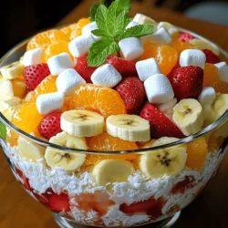 To make a classic ambrosia salad, you need some key ingredients. Here’s what you will need: - 1 cup miniature marshmallows - 1 cup shredded coconut - 1 cup canned mandarin oranges, drained and rinsed - 1 cup fresh pineapple chunks - 1 cup halved fresh strawberries - 1 ripe banana, sliced - 1 cup sour cream - 1 tablespoon honey - ½ teaspoon vanilla extract - Fresh mint leaves for garnish