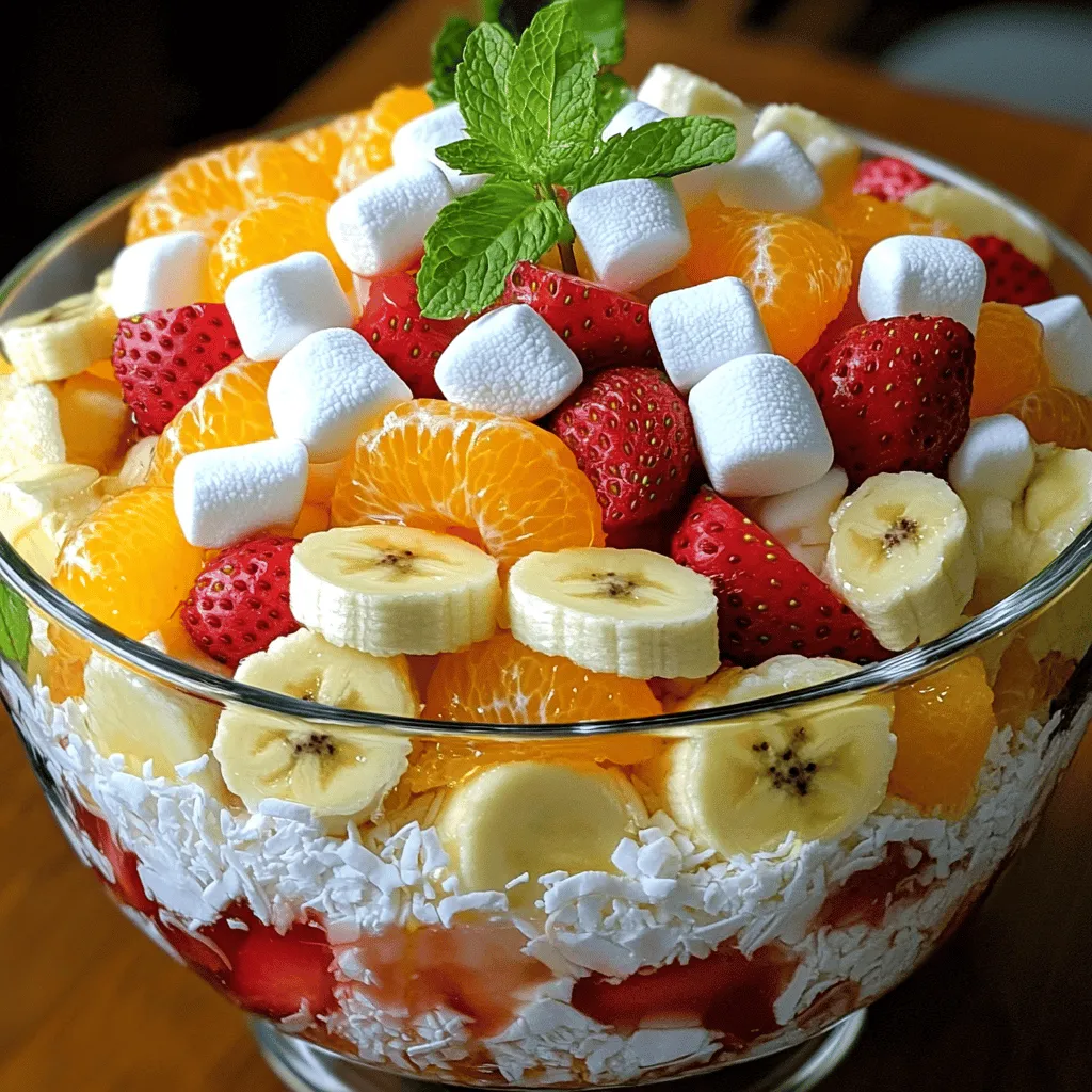 To make a classic ambrosia salad, you need some key ingredients. Here’s what you will need: - 1 cup miniature marshmallows - 1 cup shredded coconut - 1 cup canned mandarin oranges, drained and rinsed - 1 cup fresh pineapple chunks - 1 cup halved fresh strawberries - 1 ripe banana, sliced - 1 cup sour cream - 1 tablespoon honey - ½ teaspoon vanilla extract - Fresh mint leaves for garnish