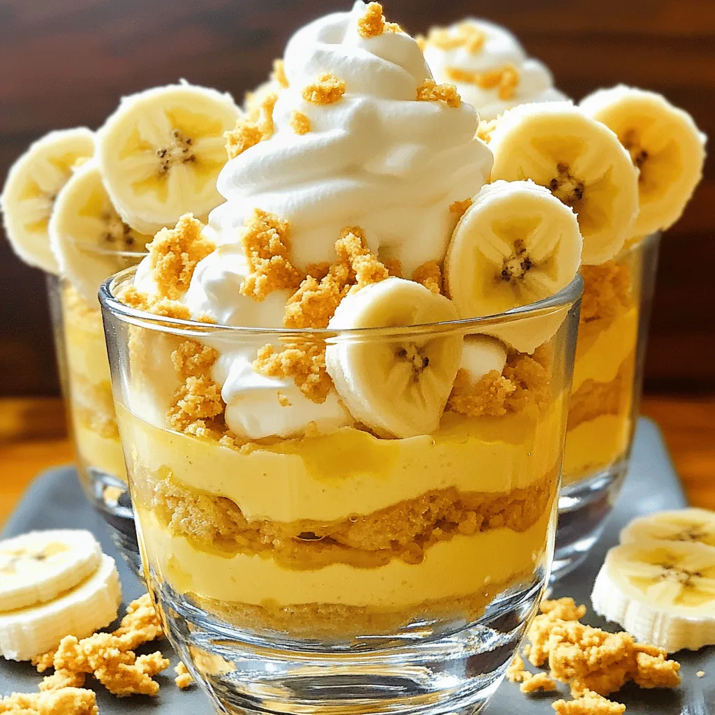 - 4 ripe bananas - 1 box (12 oz) vanilla wafers The bananas must be ripe. They should have brown spots. This gives a sweet flavor. The vanilla wafers add a crunchy texture. They also soak up the pudding, making it soft. - 2 cups whole milk - 1 cup heavy cream - 1/2 cup granulated sugar - 1/2 cup packed brown sugar Whole milk makes the pudding rich. Heavy cream adds a smooth texture. Granulated sugar provides sweetness. Brown sugar adds a hint of molasses flavor. You can mix these sugars for a deeper taste. - 1/4 cup cornstarch - 1 tablespoon pure vanilla extract - 1/2 teaspoon salt - Whipped cream (for topping) - Additional banana slices and crushed vanilla wafers (for garnish) Cornstarch thickens the pudding. Vanilla extract boosts the flavor. A pinch of salt balances the sweetness. Whipped cream on top makes it pretty. Slices of banana and wafer crumbs give a nice finish. For the full recipe, see the section on Step-by-Step Instructions. 1. Start by mixing the ingredients in a saucepan. In a large saucepan, combine 2 cups of whole milk, 1 cup of heavy cream, 1/2 cup of granulated sugar, 1/2 cup of packed brown sugar, 1/4 cup of cornstarch, and 1/2 teaspoon of salt. 2. Use a whisk to mix well. Make sure there are no lumps in the mixture. 3. Place the saucepan over medium heat. Stir the mixture continuously as it heats up. 4. Cook until the mixture thickens. This should take about 5 to 7 minutes. 5. When it starts to boil, keep stirring for another 1 to 2 minutes. This helps prevent sticking. 6. Once thickened, remove the saucepan from heat. Add 1 tablespoon of pure vanilla extract and stir well. 7. Let the pudding cool for about 10 minutes. 1. In a large serving dish or cups, create the first layer. Place a single layer of vanilla wafers on the bottom. 2. Next, add a layer of sliced bananas. Use 4 ripe bananas, sliced evenly. 3. Pour a generous amount of the warm pudding mixture over the bananas. 4. Repeat this process until all ingredients are used. Make sure the final layer is smooth pudding on top. 1. Cover the dish with plastic wrap. This keeps the pudding fresh while it chills. 2. Refrigerate for at least 4 hours. For the best flavor, chill overnight. 3. This resting time helps the layers meld together. The pudding will set nicely during this time. To avoid lumps in the pudding, whisk your dry ingredients well before adding them to the milk. Mix the sugar, cornstarch, and salt first. This will help blend them smoothly. Stir the mixture continuously while it cooks. This prevents the pudding from sticking to the pan and ensures a creamy texture. For the right consistency, cook the mixture until it thickens but does not boil hard. Gently bubbling means it's ready. Remove it from the heat once it thickens enough to coat the back of a spoon. This step is key to a smooth pudding. For a stunning presentation, use clear glass dishes. This allows everyone to see the beautiful layers of bananas and wafers. Layer the bananas, wafers, and pudding neatly for a colorful look. Top with whipped cream, banana slices, and crushed vanilla wafers for extra flair. You can also serve individual cups for a fun twist. This makes it easy for guests to enjoy their own serving. One big mistake is not allowing enough chilling time. Your banana pudding needs at least four hours in the fridge. For the best flavor, chill it overnight. Another common error is overcooking the pudding mixture. Keep an eye on it while cooking. If it boils too hard, it can get grainy. Stir and watch closely to ensure it stays creamy. Follow these tips to create the best banana pudding. Enjoy your delicious creation! For the full recipe, check out the Banana Bliss Pudding. {{image_4}} To make a vegan banana pudding, we need to swap out dairy products. Use almond milk or coconut milk instead of whole milk. For the heavy cream, try using coconut cream. It adds a rich texture. Next, let’s think about sweeteners. Instead of granulated sugar, use maple syrup or agave syrup. These options add a nice flavor while keeping it plant-based. For a gluten-free version, choose gluten-free vanilla wafers. These are easy to find in stores. They still give that classic crunch we love. You might also want to add thickening agents. Instead of cornstarch, use arrowroot powder or tapioca starch. These work well to keep the pudding smooth and creamy. You can make this banana pudding even more fun by adding flavors. Try mixing in chocolate. Just add some cocoa powder to the pudding mix. It creates a delicious chocolate banana pudding. Peanut butter is another great addition. Swirl it into the pudding for a nutty twist. Also, feel free to change the fruit layers. You can add strawberries, blueberries, or even mango. These fruits pair well with bananas and add a fresh touch. For the full recipe, check out the Banana Bliss Pudding. To keep your banana pudding fresh, use an airtight container. This helps to prevent it from absorbing other flavors in the fridge. Make sure the lid fits snugly. The best temperature for storing banana pudding is in the refrigerator. It should stay cold, ideally below 40°F (4°C). Can you freeze banana pudding? Yes, but it may change in texture. When you freeze it, the bananas can become mushy. To freeze, place the pudding in a freezer-safe container. Leave some space at the top since it will expand. Seal the lid tightly. When you're ready to eat it, thaw it in the fridge overnight. This slow thaw helps maintain the best flavor. How long does banana pudding last? It can stay fresh in the fridge for about 3 to 4 days. Keep track of its freshness by checking the smell and texture. If it smells sour or has a watery layer on top, it may be bad. Always trust your senses. It’s better to be safe than sorry! To ripen bananas quickly, you can use a few simple methods. Place them in a paper bag. This traps the ethylene gas and speeds up ripening. You can also keep them in a warm spot, like on top of the fridge. If you need them fast, you can use the oven. Wrap bananas in foil and bake at 300°F for about 15-20 minutes. Check them often to avoid overcooking. Yes, you can switch out bananas for other fruits! Try adding strawberries, peaches, or blueberries. These fruits can add a fun twist to the classic taste. You can layer them with the pudding just like bananas. Keep in mind that different fruits may change the flavor and texture a bit. Banana pudding should not sit out for more than two hours. After that, bacteria can grow. It is best to keep it in the fridge when not serving. If it has sat out too long, it’s safer to throw it away. Always prioritize food safety to enjoy your dessert without worry. In this blog post, we explored how to make the best banana pudding. We covered key ingredients, like ripe bananas and vanilla wafers, and the right types of dairy and sweeteners. You learned step-by-step instructions to create a rich pudding base, layer it, and chill it. We shared tips to avoid common mistakes and offered fun variations, including vegan and gluten-free options. Banana pudding is simple to make and fun to share. Enjoy your delicious creation!