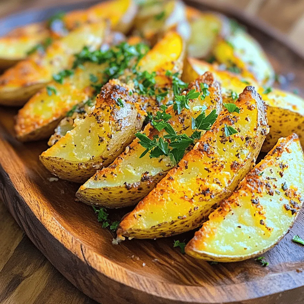 - 4 large russet potatoes, cut into wedges - 1/4 cup extra virgin olive oil - 1 tablespoon garlic powder - 1 tablespoon onion powder - 1 teaspoon smoked paprika - 1 teaspoon dried oregano - 1 teaspoon dried thyme - 1/2 teaspoon cayenne pepper (optional) - Salt and freshly ground black pepper to taste - Fresh parsley, chopped, for garnish - 1/4 cup grated Parmesan cheese (optional) To make crispy potato wedges, start with fresh, high-quality russet potatoes. Their starchiness gives a nice texture. The olive oil helps the wedges crisp up in the oven. Use garlic powder and onion powder to add depth. Smoked paprika brings a warm, smoky flavor, while oregano and thyme add herbal notes. If you like heat, cayenne pepper adds a good kick. Salt and pepper are key to enhancing all the flavors. For a lovely finish, sprinkle chopped parsley on top before serving. If you want a cheesy twist, Parmesan cheese melts beautifully over the hot wedges, giving them a rich flavor. This simple list of ingredients will set you on the path to making delicious crispy potato wedges. For the complete cooking method, check the Full Recipe. - Preheat the oven to 425°F (220°C). - Wash and scrub the russet potatoes thoroughly. Start by getting your oven nice and hot. Set it to 425°F (220°C). This heat is key for crispy potato wedges. Next, wash your russet potatoes. Scrub them well to get rid of dirt. You want to keep the skin on for flavor and crunch. After cleaning, cut each potato into wedges. Aim for uniform sizes so they cook evenly. - Combine olive oil with garlic powder, onion powder, smoked paprika, and herbs. - Season the mixture with salt and pepper. Now, let’s make the seasoning mix. In a large bowl, pour in the olive oil. Add garlic powder, onion powder, smoked paprika, dried oregano, and dried thyme. If you like heat, toss in cayenne pepper. Season this mixture with a good pinch of salt and pepper. Stir until it’s well blended. The smell will make your mouth water! - Toss potato wedges in the seasoning mixture. - Bake for 30-35 minutes, flipping halfway through. Next, it’s time to coat the wedges. Add the potato wedges to the seasoning mix. Toss them gently until each wedge is covered in the flavorful oil. Spread them out in a single layer on a baking sheet. This spacing is important for crispiness. Bake for 30-35 minutes. Flip the wedges halfway through to get that golden brown color all around. If you want to learn more, check out the Full Recipe. To get that perfect crunch in your potato wedges, follow these tips: - Make sure the wedges lay flat on the baking sheet. This helps them cook evenly. - Use parchment paper on the baking sheet. It prevents sticking and makes cleanup easy. Preheating your oven is very important. It helps the wedges cook right. I set my oven to 425°F (220°C) for the best results. If you have a convection oven, you might want to lower the temperature to 400°F (200°C). This setting gives a golden crust without burning. Pair your crispy potato wedges with tasty dips. Ranch and garlic aioli are my favorites. For a fun look, serve the wedges on a wooden platter or in a metal basket. This makes them more inviting, especially for guests. {{image_4}} You can easily change the flavor of your crispy potato wedges. Try adding different spices like cumin or chili powder. These spices bring warmth and depth. You can also use fresh herbs like rosemary or basil. Just chop them finely and mix them with the oil. This adds a fresh taste that brightens each bite. For a cheesy twist, you can add Parmesan cheese. Sprinkle it over the wedges during the last five minutes of baking. This makes a tasty, cheesy crust. You can also try other cheeses like cheddar or mozzarella. Each cheese will give your wedges a different flavor. Don’t be shy to experiment! If you want more heat, you can enhance the spiciness level. Add more cayenne pepper to the seasoning mix. You can also try adding chili flakes for an extra kick. For dipping sauces, make your own spicy sauce. Mix mayo with sriracha or hot sauce. This adds a creamy, spicy touch that pairs well with the wedges. To keep crispy potato wedges fresh, store them in an airtight container. Make sure to let them cool before sealing to avoid steam buildup. Use a glass or plastic container that has a tight lid. If you have extra space, place a paper towel in the container. This helps absorb moisture and keeps the wedges crispy. The best way to reheat crispy potato wedges is in the oven. Preheat your oven to 400°F (200°C). Spread the wedges on a baking sheet in a single layer and heat for about 10-15 minutes. If you’re in a rush, you can use a microwave. Just remember, they won’t be as crispy. Heat for 1-2 minutes, but check often to prevent sogginess. You can keep potato wedges in the fridge for 3-5 days. After that, they lose their quality. Look for signs of spoilage, like a bad smell or a slimy texture. If you notice these, it’s best to throw them away. Enjoy your wedges fresh for the best taste! For more details, check the Full Recipe. To make your potato wedges crispy, follow these tips: - Cut Evenly: Cut the potatoes into even-sized wedges. This helps them cook at the same rate. - Soak in Water: Soak the wedges in cold water for 30 minutes. This removes excess starch and helps with crispiness. - Dry Thoroughly: After soaking, dry the wedges well with a towel. Moisture will prevent them from crisping up. - Use Enough Oil: Coat the wedges well with olive oil. This helps them brown nicely. - Single Layer: Spread the wedges out on the baking sheet in a single layer. Crowding them can lead to sogginess. - Flip Halfway: Flip the wedges halfway through cooking. This ensures both sides get crispy. Yes, you can use different types of potatoes! Here are some options: - Sweet Potatoes: They add a sweet taste and are rich in nutrients. They cook similarly to russets. - Yukon Golds: These have a buttery flavor and creamy texture. They crisp up well, too. - Red Potatoes: They are waxy and hold their shape. They can be great for wedges, but may not get as crispy. You can use many spices to flavor your wedges. Here are some ideas: - Classic Mix: Use garlic powder, onion powder, and smoked paprika. This gives a savory taste. - Herbs: Add dried oregano and thyme for an aromatic touch. - Spicy Kick: A pinch of cayenne pepper can add heat. Adjust it to your liking. - Cheesy Flavor: Sprinkle grated Parmesan cheese on top during the last minutes of baking for a cheesy crust. Feel free to experiment with your favorite spices! This blog post covered how to make crispy potato wedges from scratch. I detailed each step, from prepping the potatoes to baking them. You learned about seasoning, tips for crispiness, and variations to try. My final thoughts? These wedges are simple, tasty, and a great side dish. Experiment with flavors and enjoy different dips. Store leftovers properly to keep them fresh. Now, you’re ready to create your perfect potato wedges!