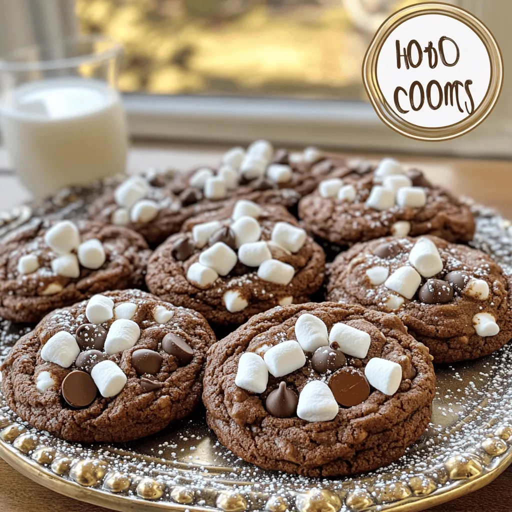 To make hot chocolate cookies, gather these key ingredients: - 1 cup unsweetened cocoa powder - 2 cups all-purpose flour - 1 teaspoon baking soda - 1/2 teaspoon salt - 1 cup unsalted butter, softened - 1 cup granulated sugar - 1 cup packed brown sugar - 2 large eggs, at room temperature - 2 teaspoons pure vanilla extract - 1 cup milk chocolate chips - 1 cup mini marshmallows Each ingredient plays a vital role. The cocoa powder brings rich chocolate flavor. The butter adds moisture. The sugars provide sweetness and help with texture. Eggs bind everything together. You will need some basic tools to bake these cookies: - Mixing bowls - Electric mixer - Measuring cups and spoons - Rubber spatula - Cookie scoop or tablespoon - Baking sheet - Parchment paper - Wire rack Having these supplies ready makes the baking process smooth and fun. Want to make your cookies even better? Here are some fun add-ins: - Chopped nuts for crunch - Different types of chocolate chips, like dark or white - Peppermint pieces for a festive touch - A sprinkle of cinnamon for warmth These add-ins can elevate your hot chocolate cookies, making them truly unique. With the right mix, you can create a delicious twist that fits your taste! For the full recipe, check the details provided earlier. First, preheat your oven to 350°F (175°C). This step is key for baking. While the oven heats, line a baking sheet with parchment paper. This prevents the cookies from sticking. Next, sift together the unsweetened cocoa powder, all-purpose flour, baking soda, and salt in a medium bowl. Sifting helps mix the dry ingredients well. Set this mix aside for later. In a large bowl, cream the softened unsalted butter with the granulated and brown sugars. Use an electric mixer for a light, fluffy mix. This usually takes about 2-3 minutes. Add the eggs one at a time, mixing well after each. Pour in the pure vanilla extract and mix until combined. Now, slowly add the dry mix to the wet mix. Stir gently with a spatula or wooden spoon. Be careful not to overmix, as this can make the cookies tough. Once combined, fold in the milk chocolate chips and mini marshmallows. This adds a sweet surprise in each bite. Using a cookie scoop or tablespoon, drop rounded balls of dough onto your prepared baking sheet. Place them about 2 inches apart. This gives them space to spread. Bake the cookies for 10-12 minutes. The edges will set, but the centers should look soft. They will firm up as they cool. After baking, let the cookies cool on the sheet for about 5 minutes. Then, move them to a wire rack to cool completely. Enjoy the cozy aroma of hot chocolate cookies filling your kitchen! You can find the full recipe above. To get the best cookie texture, focus on a few key steps. First, use room temperature ingredients. This helps the butter mix well, giving your cookies a nice rise. Second, don't overmix the dough. Mix until just combined to keep the cookies soft. Lastly, let the dough rest for about 30 minutes before baking. This helps the flavors meld and improves texture. Many home bakers make simple mistakes. One common error is not measuring ingredients correctly. Use a kitchen scale for best results. Another mistake is baking at the wrong temperature. Always preheat your oven to 350°F (175°C). Lastly, avoid overbaking. The cookies should look slightly soft in the center when you take them out. They will firm up as they cool. Having the right tools makes baking easier. Here’s a list of must-haves: - Mixing bowls - Measuring cups and spoons - Electric mixer - Baking sheets - Parchment paper - Cookie scoop or tablespoon - Wire rack for cooling These tools will help you create the best hot chocolate cookies. For the full recipe, check back to see how to bring these tips to life! {{image_4}} To make gluten-free hot chocolate cookies, swap the all-purpose flour for a gluten-free blend. Look for blends that contain xanthan gum, as this helps with texture. You can use the same measurement, two cups, as the gluten-free flour should mimic regular flour. Follow the full recipe steps, and enjoy chewy, rich cookies without gluten. For a vegan twist, replace the eggs with flax eggs. Mix one tablespoon of ground flaxseed with three tablespoons of water. Let it sit for five minutes until it thickens. Use vegan butter in place of unsalted butter. Choose dairy-free chocolate chips and mini marshmallows for a fully plant-based treat. This version still has all the cozy flavors you love. You can switch up the flavors to match the seasons. For fall, add a teaspoon of pumpkin spice to the dough. During winter, mix in peppermint extract and crushed candy canes. In summer, try adding orange zest for a citrusy twist. Each change gives a new spin while keeping that classic hot chocolate taste. Enjoy the fun of baking these delightful cookies year-round! To keep your hot chocolate cookies fresh, store them in an airtight container. This method helps maintain their soft texture and rich flavor. Layer parchment paper between cookies to prevent sticking. Keep them at room temperature for the best results. Avoid placing cookies in the fridge, as it can dry them out. Freezing cookies is simple. Let the cookies cool completely after baking. Place them in a single layer on a baking sheet. Freeze them for about an hour. Once frozen, transfer them to a freezer-safe bag. They can last up to three months in the freezer. When you're ready to enjoy, just thaw at room temperature or reheat in the oven. Baked hot chocolate cookies stay fresh for about one week. If stored properly, they remain soft and tasty. After that, they may lose their charm but still be safe to eat. Keep an eye on any signs of spoilage, like unusual smells or textures. For the best experience, enjoy them while they are fresh! If you want the full recipe, check out the full recipe above. Yes, you can mix and match chocolate chips. Dark chocolate chips add a rich flavor. White chocolate chips give a sweet contrast. Try peanut butter chips for a fun twist. Just make sure to keep the total amount close to one cup. This way, your cookies stay balanced and tasty. To stop cookies from spreading, chill your dough for 30 minutes. This firms up the butter. You can also use parchment paper on your baking sheet. It helps cookies keep their shape. Another tip is to use a little more flour. Just a few extra tablespoons can work wonders. Check your cookies after 10 minutes. The edges should be firm, while the centers look soft. They will continue to cook after you take them out. If the edges are slightly cracked, they are perfect. Trust your instincts; if they look good, they probably are. Enjoy your cozy and delicious treats! You now have all you need to make delicious hot chocolate cookies. We covered the key ingredients, the baking steps, and useful tips. You learned how to achieve the perfect texture and avoid common mistakes. Plus, I shared variations for gluten-free and vegan diets. Remember to store your cookies well for the best taste. Baking can be fun and rewarding. Enjoy baking these treats for yourself or loved ones!