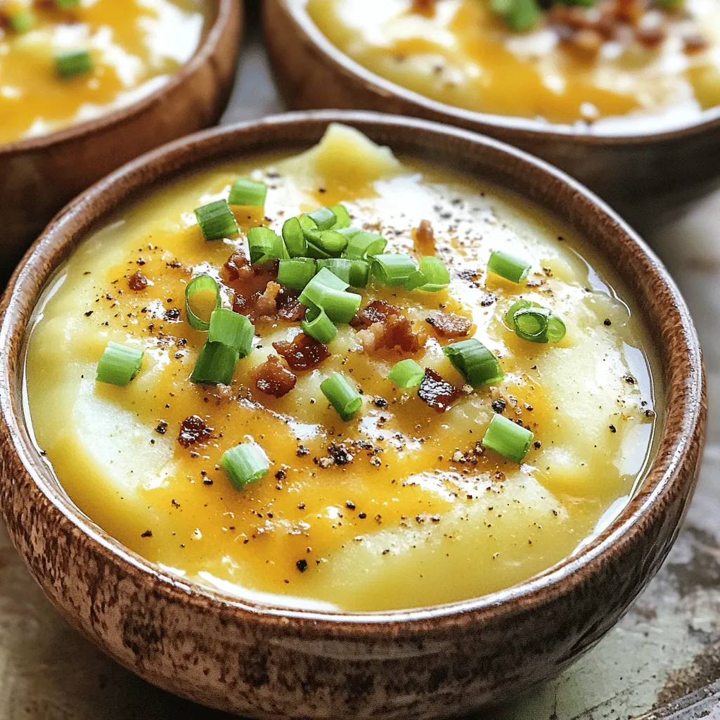 - 6 medium russet potatoes, peeled and diced into 1-inch cubes - 1 medium onion, finely chopped - 3 cloves of garlic, minced - 4 cups vegetable broth (low-sodium recommended) - 2 cups shredded sharp cheddar cheese (or a dairy-free alternative) - 1 cup heavy cream or coconut cream (for a dairy-free option) - 1 teaspoon dried thyme - 1 teaspoon smoked paprika - Salt and freshly ground black pepper, to taste - ½ cup green onions, chopped (for garnish) - ¼ cup cooked bacon bits (optional topping for extra flavor) Each ingredient has a specific role. The potatoes give the soup its base and creaminess. The onion adds sweetness, while garlic boosts flavor. Vegetable broth keeps it light and savory. The cheese takes it to a cheesy paradise. Cream adds richness. Thyme and smoked paprika bring warmth and depth. Salt and pepper enhance all the flavors. The green onions and bacon bits add a nice finish. You can swap russet potatoes for Yukon gold for a creamier texture. If you need a dairy-free version, choose a dairy-free cheese and coconut cream. For a boost of flavor, try adding leeks instead of onions. If you want a smoky taste without bacon, use smoked salt. These changes let you personalize the soup while still keeping it comforting and easy. Start by gathering your ingredients. You will need: - 6 medium russet potatoes, peeled and diced into 1-inch cubes - 1 medium onion, finely chopped - 3 cloves of garlic, minced - 4 cups vegetable broth (low-sodium recommended) - 2 cups shredded sharp cheddar cheese (or a dairy-free alternative) - 1 cup heavy cream or coconut cream (for a dairy-free option) - 1 teaspoon dried thyme - 1 teaspoon smoked paprika - Salt and freshly ground black pepper, to taste - ½ cup green onions, chopped (for garnish) - ¼ cup cooked bacon bits (optional topping for additional flavor) Peel and dice your potatoes. Make sure they are even in size for even cooking. Chop the onion finely and mince the garlic. In a slow cooker, combine the diced potatoes, chopped onion, and minced garlic. Pour in the vegetable broth. Make sure the broth covers the vegetables completely. Next, sprinkle in the dried thyme and smoked paprika. Add salt and pepper to taste. Gently stir the mixture to spread the spices evenly. Cover the slow cooker with the lid. Set it to cook on low for 6-7 hours or on high for 3-4 hours. You want the potatoes to be fork-tender. After cooking, take a potato masher and mash the mixture right in the slow cooker. Aim for a creamy texture but keep some chunks for a heartier soup. Gradually stir in the shredded cheddar cheese and heavy cream or coconut cream. Mix until the cheese melts and all is well combined. Taste the soup and adjust the seasoning if needed. If you want it thicker, let it sit on low for 10-15 minutes while stirring occasionally. Serve the soup hot in bowls. Garnish with chopped green onions and optional bacon bits for added crunch. For a richer look, sprinkle more cheddar cheese on top. For the full recipe, check out the detailed instructions above! To boost the flavor of your slow cooker cheesy potato soup, try these tips: - Use fresh herbs. Fresh thyme or parsley adds brightness. - Add a bay leaf while cooking. Remove it before serving for a subtle depth. - Stir in a splash of white wine. It brings a lovely tanginess. - Experiment with spices. A pinch of cayenne pepper can add a nice kick. - Top with crispy bacon bits for extra crunch and flavor. Here are some common pitfalls to watch out for: - Don't skip the garlic. It gives essential flavor. - Avoid over-mashing the potatoes. Some chunks make the soup heartier. - Don’t rush the cooking time. Low and slow is key for the best texture. - Don’t forget to taste! Adjust salt and pepper for your unique preference. - Be careful with the broth. Too much salt can overpower the soup. Serving your slow cooker cheesy potato soup can be fun: - Serve in warm bowls for comfort. - Add a dollop of sour cream for creaminess. - Sprinkle with fresh green onions for color and taste. - Pair with crusty bread or a fresh salad. - For a twist, serve it in a bread bowl for an extra treat. For the full recipe, check out Creamy Cheddar Potato Bliss Soup. Enjoy your cooking adventure! {{image_4}} You can change the cheese to fit your taste. Cheddar is classic, but try gouda for a smoky flair. Monterey Jack adds a nice meltiness, while pepper jack brings some heat. For a rich taste, use gruyere. If you want a dairy-free option, look for vegan cheese that melts well. To make your soup even creamier, consider adding cream cheese. It blends well and adds nice flavor. Another option is sour cream—mix it in at the end for a tangy kick. You can also use a little more heavy cream or coconut cream for that velvety texture. Making this soup gluten-free is easy! Just make sure your broth is gluten-free. For a vegan version, swap the heavy cream for coconut cream and use dairy-free cheese. You can also add more veggies, like carrots or celery, to boost nutrition without losing flavor. Check the [Full Recipe] for more ideas! After you enjoy your soup, store leftovers in a container. Let the soup cool first. Cover it tightly with a lid. You can keep it in the fridge for about three days. Make sure to label the container so you know when you made it. If you want to save some for later, freezing is easy. Pour the cooled soup into freezer-safe bags or containers. Leave some space at the top for expansion. Seal tightly and freeze for up to three months. When you’re ready to eat, thaw it in the fridge overnight. Reheating your soup is simple. You can use the microwave or the stove. If using the microwave, heat in short bursts, stirring often. If using the stove, pour the soup into a pot. Heat on low until warm. Stir well to mix any settled ingredients. Add a splash of broth or cream if it’s too thick. Enjoy your creamy delight again! To make this soup thicker, you can mash more potatoes. Use a masher to mix it well. You can also add a cornstarch slurry. Mix one tablespoon of cornstarch with two tablespoons of cold water. Stir this into the soup and let it cook for a bit longer. Letting it simmer will help it thicken nicely. For a creamier texture, add more heavy cream or cheese. This adds richness and depth to the soup. Yes, you can use other potatoes. Yukon gold potatoes work well for a creamy texture. They have a buttery flavor that enhances the soup. Red potatoes are also a great choice. They hold their shape well and add a nice color. Just remember to peel or not peel based on your taste. Each type of potato gives a different feel to the soup. Experiment and see which you like best! You can keep this soup in the fridge for about three to four days. Make sure to store it in an airtight container. Allow it to cool before sealing it. This keeps the flavors fresh and safe. If you want to keep it longer, freeze it. It can last up to three months in the freezer. Just thaw and reheat when you're ready to enjoy it again. For the full recipe, check the details above. This blog post covered key ingredients, step-by-step instructions, and helpful tips for your soup. You learned how to enhance flavor and avoid common mistakes. Variations offer options for cheese and dietary needs. Proper storage helps keep leftovers fresh. Incorporating these ideas will make your cooking easier and more enjoyable. Enjoy every warm bowl!
