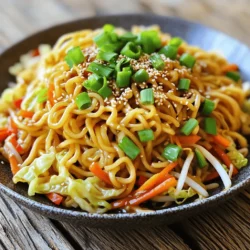 To make Shanghai fried noodles, you'll need: - 8 oz thick wheat noodles (or Shanghai noodles) - 1 cup shredded cabbage, tightly packed - 1 medium carrot, julienned - 1 bell pepper (red or yellow), sliced thinly - 1/2 cup fresh bean sprouts - 4 green onions, chopped into small pieces - 2 cloves garlic, finely minced - 1 tablespoon ginger, freshly minced These ingredients form the base of your dish. The thick noodles provide a great chew. The vegetables add color and crunch, making each bite exciting. You can add some proteins or toppings for extra flavor: - 1/2 cup cooked protein (e.g., chicken, shrimp, or tofu), diced Adding protein not only enhances taste but also makes the dish more filling. Feel free to mix and match based on what you have at home! The right oils and sauces are key to this recipe. You will need: - 2 tablespoons soy sauce - 1 tablespoon oyster sauce (or mushroom sauce for a vegetarian alternative) - 1 tablespoon sesame oil - 1 tablespoon vegetable oil These ingredients bring depth and richness to the noodles. The soy sauce adds saltiness, while the sesame oil gives a nutty flavor. Don't skip these; they make the dish sing! For the complete cooking method, check out the Full Recipe. To start, boil water in a large pot. Add 8 oz of thick wheat noodles. Cook them until they are al dente. This usually takes about 4 to 5 minutes. After cooking, drain the noodles. Toss them with a splash of vegetable oil. This step keeps them from sticking. Set the noodles aside while you prepare the stir-fry. Next, grab a large wok or deep skillet. Heat it over medium-high heat. Pour in 1 tablespoon of vegetable oil and wait for it to shimmer. Add 2 cloves of finely minced garlic and 1 tablespoon of freshly minced ginger. Stir these for about 30 seconds. You want them to smell nice and fragrant. This mix forms the base of your stir-fry. Now it's time for the fun part—adding the veggies! Toss in 1 cup of shredded cabbage, 1 medium julienned carrot, and 1 thinly sliced bell pepper. Stir-fry these for about 3 to 4 minutes. They should be tender but still crisp. If you want to add protein, like 1/2 cup of diced chicken, shrimp, or tofu, do it now. Stir everything together for another minute. Finally, it's time to bring it all together. Add the cooked noodles to your wok. Pour in 2 tablespoons of soy sauce, 1 tablespoon of oyster sauce, and 1 tablespoon of sesame oil. Toss everything for 2 to 3 minutes until well mixed. Gently fold in 1/2 cup of fresh bean sprouts and 4 chopped green onions. Season with salt and pepper. Cook for another minute, and then you’re ready to serve! To make amazing Shanghai fried noodles, start with the right noodles. Use thick wheat noodles or Shanghai noodles for the best texture. When cooking, bring a large pot of water to a rolling boil. Add the noodles and stir gently to prevent sticking. Cook them until they are al dente; this means they should still have a bit of bite. Drain them and toss with a little vegetable oil to keep them from clumping together. For that authentic taste, always use fresh ingredients. Fresh garlic and ginger add depth to your dish. I suggest using high-quality soy sauce and a good oyster sauce. If you want a vegetarian option, try mushroom sauce instead. Adding sesame oil gives your noodles a nice nutty taste. To make it even better, top your dish with chopped green onions and sprinkle sesame seeds on top for extra flavor and crunch. One common mistake is overcooking the noodles. They should be firm, not mushy. Another mistake is adding too much sauce too early. This can make your noodles soggy. Stir-frying at high heat is key, so keep your wok or skillet hot. Finally, don’t forget to toss the noodles well with the sauce to ensure an even coating. This will help every bite be just as tasty as the last. {{image_4}} You can easily make Shanghai Fried Noodles vegetarian or vegan. Simply swap the oyster sauce for mushroom sauce. This change keeps the flavor rich without animal products. You can also add more veggies, like mushrooms, broccoli, or snap peas. These add great texture and flavor. If you want protein, use tofu. Firm tofu works best since it holds its shape well. Marinate it in soy sauce for extra taste before adding. Different areas in China have their own twists on Shanghai Fried Noodles. Some regions use rice noodles instead of wheat noodles. This change can make the dish lighter and gluten-free. In some areas, they add spicy chili paste for a kick. If you enjoy heat, try adding chili oil or fresh peppers. You might also find variations that include different meats. For example, some recipes use roast pork or beef. Each version brings a unique taste. You can change your Shanghai Fried Noodles with seasonal ingredients. In spring, add fresh peas or asparagus. These bring a nice crunch and bright color. In summer, use zucchini or bell peppers for a garden-fresh flavor. In fall, try adding mushrooms or winter squash. These ingredients add warmth and heartiness. In winter, consider using hearty greens like kale or bok choy. Seasonal changes keep your meal exciting and fresh. You can store leftover Shanghai fried noodles in an airtight container. Make sure the noodles are cool before sealing. Place them in the fridge for up to three days. If you want to keep them longer, a freezer is your best bet. To reheat, use a non-stick pan over medium heat. Add a splash of water or oil to keep them moist. Stir gently until heated through, which should take about five minutes. You can also microwave them, but be cautious. Stir halfway to avoid cold spots. Freezing is a great option for longer storage. Place the cooled noodles in a freezer-safe bag. Make sure to remove as much air as possible to prevent freezer burn. They can last up to two months in the freezer. When ready to eat, thaw them overnight in the fridge before reheating. For the best taste, I recommend using the full recipe within three months. Shanghai Fried Noodles date back to the bustling streets of Shanghai. They became popular in the 20th century. Street vendors sold them as a quick meal. The dish blends Chinese and local flavors. It uses thick wheat noodles, which are a staple in Shanghai. Over time, cooks added vegetables and proteins to make it heartier. Today, it remains a favorite in homes and restaurants alike. Yes, you can use different noodles! While thick wheat noodles are best, you can use: - Egg noodles - Rice noodles - Soba noodles Try these options for a new twist. Just keep in mind that cooking times may vary. Adjust the cooking method based on the noodle type you choose. Serving Shanghai Fried Noodles with the right sides enhances the meal. Here are some great accompaniments: - Spring rolls - Dumplings - Hot and sour soup - Steamed broccoli These dishes pair well and add variety to your meal. You can also offer soy sauce or chili oil for extra flavor. To spice up your Shanghai Fried Noodles, try these tips: - Add chili paste or sauce. - Toss in sliced fresh chilies. - Use spicy bean paste in your stir-fry. These options let you control the heat level. Adjust according to your taste. Enjoy the heat! Shanghai Fried Noodles are delicious and fun to make. We covered the key ingredients, from noodles to sauces. You learned how to cook them perfectly and avoid common mistakes. We explored variations like vegetarian options and seasonal ingredients. Finally, I shared storage tips to keep leftovers fresh. Cooking Shanghai Fried Noodles brings joy and flavor to your meals. Try your own twists for unique tastes. Enjoy the process and share your creations!