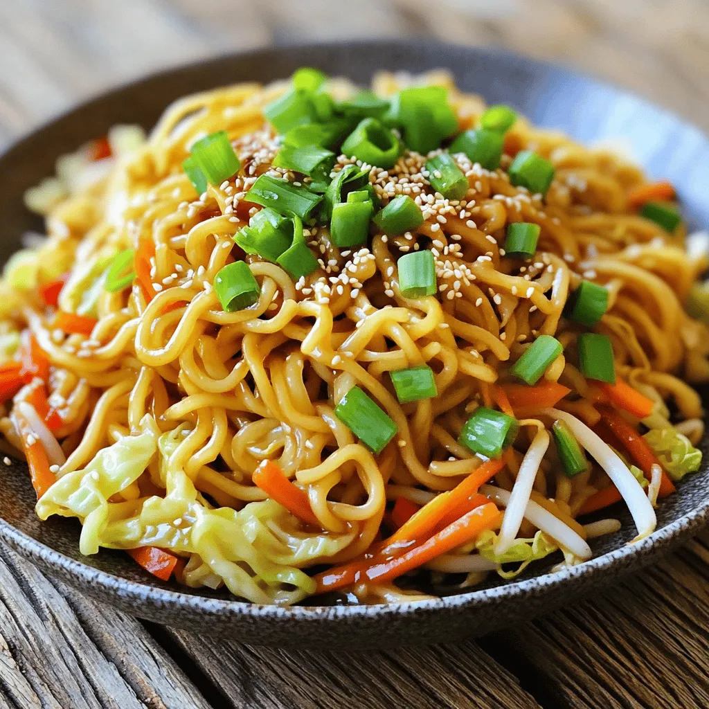 To make Shanghai fried noodles, you'll need: - 8 oz thick wheat noodles (or Shanghai noodles) - 1 cup shredded cabbage, tightly packed - 1 medium carrot, julienned - 1 bell pepper (red or yellow), sliced thinly - 1/2 cup fresh bean sprouts - 4 green onions, chopped into small pieces - 2 cloves garlic, finely minced - 1 tablespoon ginger, freshly minced These ingredients form the base of your dish. The thick noodles provide a great chew. The vegetables add color and crunch, making each bite exciting. You can add some proteins or toppings for extra flavor: - 1/2 cup cooked protein (e.g., chicken, shrimp, or tofu), diced Adding protein not only enhances taste but also makes the dish more filling. Feel free to mix and match based on what you have at home! The right oils and sauces are key to this recipe. You will need: - 2 tablespoons soy sauce - 1 tablespoon oyster sauce (or mushroom sauce for a vegetarian alternative) - 1 tablespoon sesame oil - 1 tablespoon vegetable oil These ingredients bring depth and richness to the noodles. The soy sauce adds saltiness, while the sesame oil gives a nutty flavor. Don't skip these; they make the dish sing! For the complete cooking method, check out the Full Recipe. To start, boil water in a large pot. Add 8 oz of thick wheat noodles. Cook them until they are al dente. This usually takes about 4 to 5 minutes. After cooking, drain the noodles. Toss them with a splash of vegetable oil. This step keeps them from sticking. Set the noodles aside while you prepare the stir-fry. Next, grab a large wok or deep skillet. Heat it over medium-high heat. Pour in 1 tablespoon of vegetable oil and wait for it to shimmer. Add 2 cloves of finely minced garlic and 1 tablespoon of freshly minced ginger. Stir these for about 30 seconds. You want them to smell nice and fragrant. This mix forms the base of your stir-fry. Now it's time for the fun part—adding the veggies! Toss in 1 cup of shredded cabbage, 1 medium julienned carrot, and 1 thinly sliced bell pepper. Stir-fry these for about 3 to 4 minutes. They should be tender but still crisp. If you want to add protein, like 1/2 cup of diced chicken, shrimp, or tofu, do it now. Stir everything together for another minute. Finally, it's time to bring it all together. Add the cooked noodles to your wok. Pour in 2 tablespoons of soy sauce, 1 tablespoon of oyster sauce, and 1 tablespoon of sesame oil. Toss everything for 2 to 3 minutes until well mixed. Gently fold in 1/2 cup of fresh bean sprouts and 4 chopped green onions. Season with salt and pepper. Cook for another minute, and then you’re ready to serve! To make amazing Shanghai fried noodles, start with the right noodles. Use thick wheat noodles or Shanghai noodles for the best texture. When cooking, bring a large pot of water to a rolling boil. Add the noodles and stir gently to prevent sticking. Cook them until they are al dente; this means they should still have a bit of bite. Drain them and toss with a little vegetable oil to keep them from clumping together. For that authentic taste, always use fresh ingredients. Fresh garlic and ginger add depth to your dish. I suggest using high-quality soy sauce and a good oyster sauce. If you want a vegetarian option, try mushroom sauce instead. Adding sesame oil gives your noodles a nice nutty taste. To make it even better, top your dish with chopped green onions and sprinkle sesame seeds on top for extra flavor and crunch. One common mistake is overcooking the noodles. They should be firm, not mushy. Another mistake is adding too much sauce too early. This can make your noodles soggy. Stir-frying at high heat is key, so keep your wok or skillet hot. Finally, don’t forget to toss the noodles well with the sauce to ensure an even coating. This will help every bite be just as tasty as the last. {{image_4}} You can easily make Shanghai Fried Noodles vegetarian or vegan. Simply swap the oyster sauce for mushroom sauce. This change keeps the flavor rich without animal products. You can also add more veggies, like mushrooms, broccoli, or snap peas. These add great texture and flavor. If you want protein, use tofu. Firm tofu works best since it holds its shape well. Marinate it in soy sauce for extra taste before adding. Different areas in China have their own twists on Shanghai Fried Noodles. Some regions use rice noodles instead of wheat noodles. This change can make the dish lighter and gluten-free. In some areas, they add spicy chili paste for a kick. If you enjoy heat, try adding chili oil or fresh peppers. You might also find variations that include different meats. For example, some recipes use roast pork or beef. Each version brings a unique taste. You can change your Shanghai Fried Noodles with seasonal ingredients. In spring, add fresh peas or asparagus. These bring a nice crunch and bright color. In summer, use zucchini or bell peppers for a garden-fresh flavor. In fall, try adding mushrooms or winter squash. These ingredients add warmth and heartiness. In winter, consider using hearty greens like kale or bok choy. Seasonal changes keep your meal exciting and fresh. You can store leftover Shanghai fried noodles in an airtight container. Make sure the noodles are cool before sealing. Place them in the fridge for up to three days. If you want to keep them longer, a freezer is your best bet. To reheat, use a non-stick pan over medium heat. Add a splash of water or oil to keep them moist. Stir gently until heated through, which should take about five minutes. You can also microwave them, but be cautious. Stir halfway to avoid cold spots. Freezing is a great option for longer storage. Place the cooled noodles in a freezer-safe bag. Make sure to remove as much air as possible to prevent freezer burn. They can last up to two months in the freezer. When ready to eat, thaw them overnight in the fridge before reheating. For the best taste, I recommend using the full recipe within three months. Shanghai Fried Noodles date back to the bustling streets of Shanghai. They became popular in the 20th century. Street vendors sold them as a quick meal. The dish blends Chinese and local flavors. It uses thick wheat noodles, which are a staple in Shanghai. Over time, cooks added vegetables and proteins to make it heartier. Today, it remains a favorite in homes and restaurants alike. Yes, you can use different noodles! While thick wheat noodles are best, you can use: - Egg noodles - Rice noodles - Soba noodles Try these options for a new twist. Just keep in mind that cooking times may vary. Adjust the cooking method based on the noodle type you choose. Serving Shanghai Fried Noodles with the right sides enhances the meal. Here are some great accompaniments: - Spring rolls - Dumplings - Hot and sour soup - Steamed broccoli These dishes pair well and add variety to your meal. You can also offer soy sauce or chili oil for extra flavor. To spice up your Shanghai Fried Noodles, try these tips: - Add chili paste or sauce. - Toss in sliced fresh chilies. - Use spicy bean paste in your stir-fry. These options let you control the heat level. Adjust according to your taste. Enjoy the heat! Shanghai Fried Noodles are delicious and fun to make. We covered the key ingredients, from noodles to sauces. You learned how to cook them perfectly and avoid common mistakes. We explored variations like vegetarian options and seasonal ingredients. Finally, I shared storage tips to keep leftovers fresh. Cooking Shanghai Fried Noodles brings joy and flavor to your meals. Try your own twists for unique tastes. Enjoy the process and share your creations!