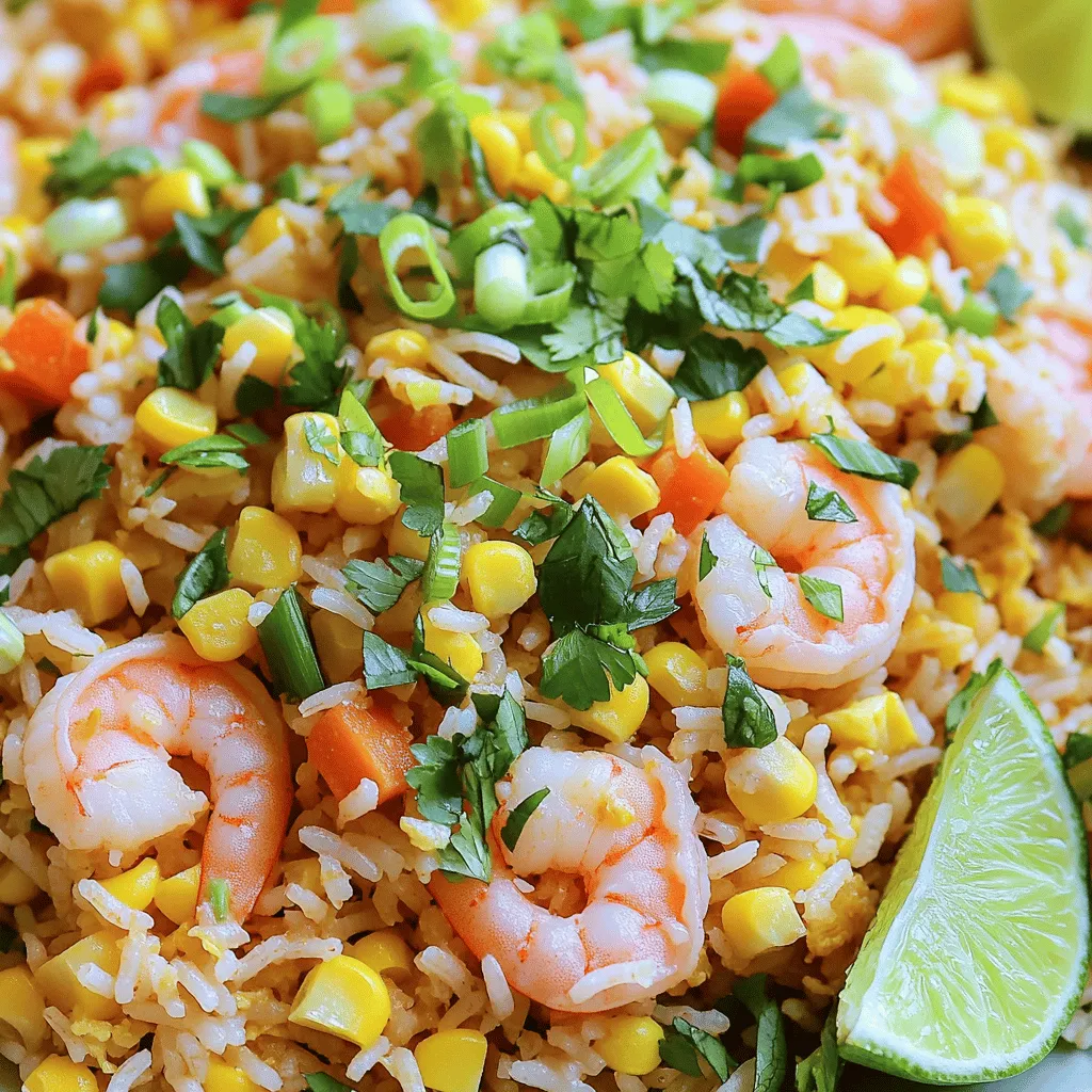 - 2 cups cooked jasmine rice - 200g shrimp, peeled and deveined - 1 cup coconut milk - 1/2 cup sweet corn - 1/2 bell pepper, diced - 2 green onions, chopped - 3 cloves garlic, minced - 2 tablespoons soy sauce - 1 tablespoon fresh lime juice - 1 tablespoon sesame oil - Salt and pepper to taste - Fresh cilantro for garnish - Lime wedges for serving When making shrimp fried rice, the ingredients are key. Fresh shrimp gives a great taste. Jasmine rice is best because it stays fluffy. Coconut milk adds creaminess. The sweet corn and bell pepper add color and texture. Garlic brings a strong flavor that ties it all together. - If you don't have shrimp, try chicken or tofu. Both work well in fried rice. - For soy sauce, you can use tamari for a gluten-free option. - If you can't find coconut milk, use almond milk or regular milk. These swaps keep the dish tasty and flexible. You get to enjoy shrimp fried rice even with different ingredients. Want to try a new flavor? Use the full recipe for ideas! To make shrimp fried rice, start with the right ingredients. Gather everything before you start cooking. This saves time and makes cooking easier. Here’s what you need to prep: - 2 cups cooked jasmine rice (day-old is best) - 200g shrimp, peeled and deveined - 1 cup coconut milk - 1/2 cup sweet corn (fresh or frozen) - 1/2 bell pepper, diced (red or yellow) - 2 green onions, chopped - 3 cloves garlic, minced - 2 tablespoons soy sauce - 1 tablespoon fresh lime juice - 1 tablespoon sesame oil - Salt and pepper, to taste - Fresh cilantro for garnish - Lime wedges for serving Heating the oil and cooking the garlic First, heat the sesame oil in a large skillet or wok over medium-high heat. Once the oil is hot, add minced garlic. Sauté it for about 30 seconds until it smells great. Be careful not to burn it! Cooking the shrimp to perfection Next, turn the heat to high. Add the shrimp and cook for 2-3 minutes. Stir it often until the shrimp turn pink. Once cooked, take them out of the pan and set them aside. Sautéing the vegetables and adding rice In the same skillet, add the diced bell pepper and sweet corn. Sauté these for 2-3 minutes until they look bright and start to soften. Then, add the cooked jasmine rice. Use a spatula to break up any clumps. Mix well to combine everything. Incorporating coconut milk and seasonings Pour the coconut milk and soy sauce into the skillet. Stir everything together so the rice soaks up that tasty coconut flavor. Heat this mixture for about 2-3 minutes. Mixing in shrimp and finishing touches Now, return the cooked shrimp to the skillet. Add fresh lime juice and mix it all well. Let it cook together for another 2 minutes. Season with salt and pepper to your liking. Presentation suggestions When serving, dish out the fried rice hot. Garnish it with fresh cilantro. You can also add lime wedges on the side for a burst of citrus. For a fancy touch, serve it in a nice bowl with cilantro on top. For the full recipe, check out the Coconut Lime Shrimp Fried Rice. Using day-old rice is key. It helps prevent clumping and gives the dish better texture. Fresh rice can be too sticky. Make sure to cool it down if you need to use fresh rice. Adjusting seasoning is also important. Taste as you go and add more soy sauce, lime juice, or salt to fit your flavor. For shrimp, quick cooking is crucial. Heat your pan well before adding shrimp. Cook them until they turn pink and are just done. This takes about 2-3 minutes. To avoid mushy rice, be sure to break up any clumps before you add it to the pan. Stir-frying on high heat helps keep the rice firm. Garnishing makes your dish pop. Fresh cilantro adds color and flavor. Lime wedges provide a zesty kick when squeezed over the rice. For a full meal, serve it with a side of steamed vegetables or a light salad. This balances the richness of the fried rice and enhances your meal experience. {{image_4}} If you want to switch things up, try chicken or tofu. Chicken is a great choice. Just chop it into small pieces. Cook it until it is golden brown. Tofu is a tasty vegan option. Use firm tofu, cut into cubes, and sauté it until crisp. Both options work well in this dish. For a vegan version, simply skip the shrimp. You can add more veggies instead. Peas, carrots, or even mushrooms can give you great flavors. To boost the taste, add some spices or herbs. A pinch of cumin or paprika can make a big difference. Fresh herbs like basil or cilantro brighten the dish. You can also add some chili flakes for a spicy kick. When it comes to veggies, feel free to add what you love. Broccoli or snap peas are great choices. Just make sure to sauté them until they're nice and tender. You can also give your shrimp fried rice a regional twist. For a Thai-inspired version, add some fish sauce or fresh basil. A squeeze of lime juice adds a zesty flavor too. For a more traditional Chinese style, use oyster sauce and sesame seeds. Replace the coconut milk with chicken broth for a classic taste. Either way, you can enjoy a unique spin on this dish. For the complete cooking steps, check out the Full Recipe. To keep your shrimp fried rice fresh, use these tips: - Refrigeration: Place leftovers in an airtight container. Store in the fridge for up to 3 days. - Freezing: If you want to keep it longer, freeze the rice in a freezer-safe bag. Make sure to remove as much air as possible. It can last up to 3 months in the freezer. When it’s time to enjoy your leftovers, reheating is simple: - Microwave: Place the rice in a microwave-safe bowl. Add a splash of water and cover. Heat for 1-2 minutes, stirring halfway. - Stovetop: Warm a pan over medium heat. Add a bit of oil and the rice. Stir frequently for about 5 minutes until hot. To keep the rice tasty: - Add moisture: A little water or broth helps prevent drying. - Avoid overcooking: Heat just until hot to keep the shrimp tender. For more details on the recipe, check the Full Recipe. What type of rice is best for fried rice? For fried rice, jasmine rice works best. It has a nice texture. Day-old rice is even better. It prevents the dish from getting mushy. Can I make shrimp fried rice in advance? Yes, you can make it ahead. Cook the rice and shrimp earlier. Store them in the fridge. Reheat before serving to keep them fresh. How do I customize this shrimp fried rice recipe? You can add your favorite veggies. Try peas, carrots, or snap peas. You can also change the protein. Chicken or tofu works well too. Is it possible to use frozen shrimp? Absolutely! Frozen shrimp are great. Just thaw them first. Pat them dry before cooking for the best texture. What sides pair well with shrimp fried rice? Serve it with a light salad or spring rolls. A fresh cucumber salad adds a nice crunch. You can also try a simple soup. Can I use a non-stick skillet instead of a wok? Yes, a non-stick skillet works well. Just make sure it’s large enough. This helps you stir everything without spilling. How long should I cook shrimp for? Cook shrimp for 2-3 minutes. They turn pink and curl when ready. Don’t overcook, or they will get tough. What is the best way to keep shrimp tender? To keep shrimp tender, don’t cook them too long. Also, use fresh, high-quality shrimp. Proper thawing helps maintain their texture. Shrimp fried rice is a simple and tasty dish. We covered the key ingredients and their substitutes. You learned the cooking steps to create perfect shrimp fried rice. I shared tips to ensure great texture and flavor. You can even explore different protein options and flavor twists. Store any leftovers safely to enjoy later. Use these techniques and ideas to make your next meal fun and flavorful. Happy cooking with this easy recipe!