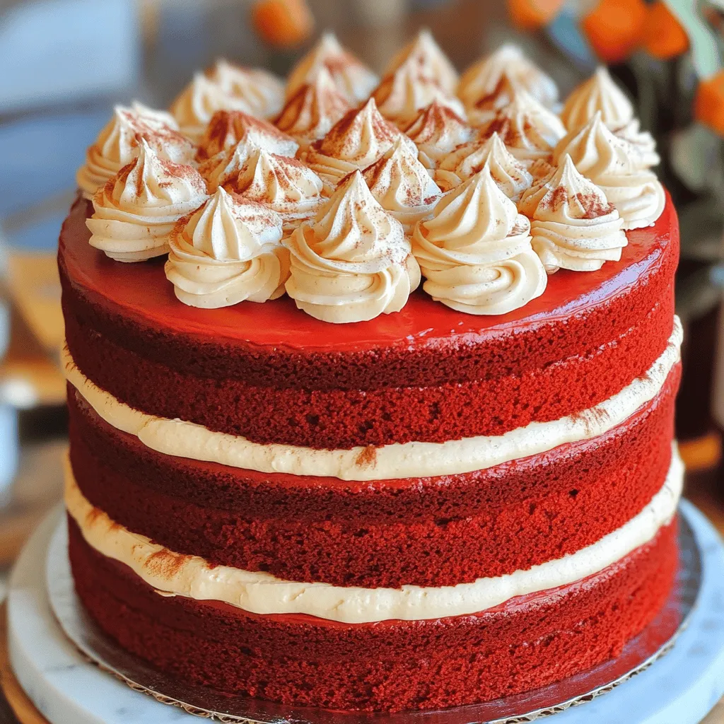 Here’s what you need for a rich red velvet cake. - 2 ½ cups all-purpose flour - 1 ½ cups granulated sugar - 1 teaspoon baking soda - 1 teaspoon salt - 1 teaspoon cocoa powder - 1 ½ cups vegetable oil - 1 cup buttermilk, at room temperature - 2 large eggs, at room temperature - 2 tablespoons red food coloring - 1 teaspoon vanilla extract - 1 teaspoon white vinegar - Cream cheese frosting (store-bought or homemade) for frosting Gathering fresh ingredients makes all the difference. Use high-quality cocoa powder for a deeper flavor. Make sure your buttermilk and eggs are at room temperature. This helps the cake rise better and gives it a soft texture. The vibrant red color comes from the food coloring. I prefer gel food coloring for a brighter shade. Each ingredient plays a role. The sugar adds sweetness, while the cocoa powder gives a hint of chocolate. For frosting, I recommend cream cheese. It balances the sweetness of the cake perfectly. You can use store-bought or whip up your own. Either way, it adds a creamy finish. Now you have your list of ingredients. Ready to bake? Check out the Full Recipe for all the steps! - Preheat oven to 350°F (175°C). - Grease and flour two 9-inch round cake pans. Start by preheating your oven. This step is key for even baking. While it warms up, grease and flour your cake pans. This helps the cake come out easily. Use a paper towel to spread the grease. Dust the flour around to coat the sides and bottom well. - Whisk together flour, baking soda, salt, cocoa powder, and granulated sugar. In a large bowl, whisk the dry ingredients together. Add flour, baking soda, salt, cocoa powder, and sugar. Mix until there are no lumps. This step helps your cake rise nicely. It also adds a rich flavor. - Combine oil, buttermilk, eggs, food coloring, vanilla, and vinegar until smooth. In another bowl, combine the wet ingredients. Mix the vegetable oil, buttermilk, eggs, red food coloring, vanilla extract, and vinegar. Whisk until smooth. This mixture adds moisture and color. The vinegar also helps the cake rise. - Gradually fold the wet ingredients into the dry ingredients. Slowly pour the wet mixture into the dry ingredients. Use a spatula to fold them together. Be gentle to avoid overmixing. Stop once there are no dry streaks. This helps keep your cake fluffy. - Distribute batter into pans and bake for 25-30 minutes. Distribute the batter evenly into the prepared pans. Place them in your preheated oven. Bake for 25-30 minutes. Check for doneness with a toothpick. It should come out clean when the cakes are ready. - Cool cakes on wire rack; frost with cream cheese frosting. Once baked, remove the cakes from the oven. Let them cool for about 10 minutes in the pans. Then, turn them out onto a wire rack to cool completely. Frost your cooled cakes with cream cheese frosting. This adds a creamy, tangy flavor that pairs well with the cake. For the full recipe, check the ingredients and instructions above. To get that perfect red hue in your cake, use gel food coloring. Gel color gives a deeper shade than liquid types. This small change can make a big difference. Always make sure your ingredients are at room temperature. It helps the color blend better and gives a smoother batter. When mixing your batter, avoid overmixing. Overmixing can make the cake dense. Mix just until the dry ingredients disappear. After baking, let the cakes cool completely before frosting. This step is key for a light and fluffy texture. For neat frosting layers, use an offset spatula. This tool helps you spread the frosting evenly. If the cake feels too soft, chill it in the fridge before decorating. Chilling makes it easier to handle and gives a neat finish. For more tips and steps, check out the Full Recipe. {{image_4}} You can easily make a vegan red velvet cake. Just swap the eggs for flax eggs. To create a flax egg, mix one tablespoon of ground flaxseed with three tablespoons of water. Let it sit for a few minutes until it thickens. For buttermilk, use plant-based milk mixed with vinegar. Combine one cup of almond milk or soy milk with one tablespoon of vinegar. Let it sit for five minutes. This gives your cake the same moist texture. If you need a gluten-free version, don't worry! Just replace the all-purpose flour with a gluten-free flour blend. Many brands offer blends that work well in cakes. Be sure to check that it contains xanthan gum. This helps to mimic the texture of regular flour. Want to add a twist to your cake? Try adding chocolate chips or chopped pecans to the batter. This adds a lovely crunch. You can also top your cake with chocolate ganache. It gives a rich flavor that pairs well with the cake's sweetness. Alternatively, use a different flavored frosting, like vanilla or raspberry, for a fun change. For the Full Recipe, check the earlier sections of this article. Enjoy creating your own version of this classic cake! Store your red velvet cake in an airtight container. Keep it at room temperature for up to 3 days. This keeps the cake fresh and soft. If you notice it getting dry, you can add a slice of bread to the container. The bread will help keep the cake moist. For longer storage, refrigerate the cake. It stays good for up to a week. If you want to keep it even longer, freeze the slices. Wrap each slice tightly in plastic wrap and place them in a freezer-safe bag. You can freeze them for up to 3 months. Just be sure to label the bags with the date. When you're ready to enjoy your frozen cake, thaw it safely. The best way is to put it in the refrigerator overnight. If you're short on time, you can thaw it at room temperature for a few hours. Once thawed, the cake will taste just as good as when it was fresh. Enjoy your delicious red velvet cake any time! To make your red velvet cake fluffier, keep these tips in mind. First, ensure all your ingredients are at room temperature. Cold ingredients can make the cake dense. Next, be careful not to overmix the batter. Overmixing can lead to a tough texture. Mix just until you see no dry ingredients. This way, your cake will rise light and fluffy. Yes, you can use food coloring alternatives. Beet juice is a great natural option. It gives a nice red hue, but the taste and color may be different from traditional food coloring. You may need to adjust the amount based on how red you want the cake. The classic choice for red velvet cake is cream cheese frosting. Its tangy flavor pairs perfectly with the sweet cake. You can also use buttercream or whipped cream. Both can add a sweet twist and keep the cake light. Red velvet cake has a rich history. It became popular in the Southern United States. The cake's roots trace back to the 1800s, where it was known for its unique color and flavor. It gained fame through various cookbooks and word of mouth. Today, it remains a favorite for many celebrations. If you want to try making this delightful dessert, check out the Full Recipe. You learned how to make a delicious red velvet cake. This recipe uses simple ingredients and clear steps. I shared tips for great texture and vibrant color. You can even explore variations like vegan or gluten-free options. Proper storage ensures your cake stays fresh longer. With practice, you'll create a stunning cake that impresses everyone. Remember, baking is about fun and creativity, so enjoy the process!