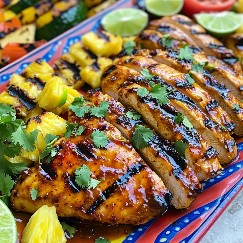 For the best Chili Pineapple Grilled Chicken, you need the following main ingredients: - 4 boneless, skinless chicken breasts - 1 cup fresh pineapple juice - 1/4 cup low-sodium soy sauce - 2 tablespoons honey - 1 tablespoon chili powder - 1 teaspoon garlic powder - 1 teaspoon ground ginger - 1/2 teaspoon crushed red pepper flakes - Salt and pepper to taste - Fresh cilantro, chopped (for garnish) - Lime wedges (for serving) Using fresh pineapple juice is key. It brings a sweet, tangy flavor that jarred juice can't match. Always pick ripe pineapples. They make the dish pop with flavor and freshness. The marinade is where the magic happens. Here’s what you’ll need: - 1 cup fresh pineapple juice - 1/4 cup low-sodium soy sauce - 2 tablespoons honey - 1 tablespoon chili powder - 1 teaspoon garlic powder - 1 teaspoon ground ginger - 1/2 teaspoon crushed red pepper flakes - Salt and pepper to taste You can add optional ingredients to enhance the flavor. For a kick, try adding some lime juice or even a bit of orange juice. Want more depth? Add a teaspoon of sesame oil. Both give a unique twist to your chicken. To make the perfect marinade, mix all the ingredients in a bowl. Whisk well until they blend together. This marinade not only flavors the chicken but also helps keep it juicy when grilled. For the full recipe, check the details above. To make a great marinade for Chili Pineapple Grilled Chicken, start with a medium bowl. Combine these ingredients: - 1 cup fresh pineapple juice - 1/4 cup low-sodium soy sauce - 2 tablespoons honey - 1 tablespoon chili powder - 1 teaspoon garlic powder - 1 teaspoon ground ginger - 1/2 teaspoon crushed red pepper flakes - Salt and pepper to taste Whisk everything together until it blends well. You want a balance of sweet and spicy flavors. If you like more heat, add extra chili powder or red pepper flakes. The pineapple juice gives a nice sweetness and helps tenderize the chicken. Now, let’s marinate the chicken. You can use either a resealable plastic bag or a shallow dish. Place the chicken breasts inside. Pour the marinade over the chicken, making sure each piece is covered well. Seal the bag or cover the dish tightly. Refrigerate this for at least 1 hour. If you have time, marinate it for up to 4 hours. The longer it sits, the more flavor it absorbs. Just remember, don’t marinate it too long, or the chicken may turn mushy. Preheat your grill to medium-high heat, between 375°F and 400°F. This helps achieve the perfect char on your chicken. Take the chicken out of the marinade and let any excess drip off. Place the chicken on the hot grill. Grill it for about 6-7 minutes on each side. You want the internal temperature to reach 165°F. Use a meat thermometer for accuracy. Once cooked, transfer the chicken to a plate and let it rest for 5 minutes. Resting allows the juices to stay inside, making each bite juicy. Enjoy your flavorful and easy Chili Pineapple Grilled Chicken! For the full recipe, check out the details above. For extra flavor, try adding spices like cumin or smoked paprika. You can also mix in fresh herbs like thyme or basil. These can give your chicken a new twist. Pair your Chili Pineapple Grilled Chicken with sides like grilled corn or a fresh cucumber salad. Rice or quinoa also works well. They add good texture and balance to the dish. To get perfect grill marks, preheat your grill well. Aim for a medium-high heat. Place the chicken on the grill and avoid moving it for a few minutes. This helps create those nice lines. Juiciness is key for chicken. Make sure not to overcook it. Use a meat thermometer to check the temperature. Chicken should reach 165°F for safety. Common grilling mistakes include not letting the chicken rest. Resting helps keep it juicy. Also, avoid pressing down on the chicken while it cooks. This pushes out the juices, making it dry. For more tips, check the Full Recipe for a complete guide! {{image_4}} You can easily swap chicken for other meats. Shrimp works great with this marinade. Just adjust the marinating time to 15-30 minutes. Pork also shines here; use pork chops or tenderloin for a juicy bite. If you prefer a vegetarian option, try using tofu or tempeh. Press the tofu first to remove excess water. This helps it soak up the marinade better. Grill until it gets a nice char, about 3-4 minutes on each side. You might want to tweak the sweetness or spice levels. If you like it sweeter, add more honey or use brown sugar. For more heat, increase the chili powder or crushed red pepper flakes. To add different fruit flavors, consider using mango or orange juice instead of pineapple juice. You can even mix fruit juices for a unique twist. This keeps the dish fresh and fun every time you make it. For the full recipe, check out the complete guide above. After you enjoy your chili pineapple grilled chicken, store any leftovers right away. Place the chicken in an airtight container. This keeps it fresh and safe. You can also use plastic wrap or aluminum foil. Make sure to cool it down first. Store the chicken in the fridge. It stays good for up to three days at 40°F or lower. If you want it to last longer, you can freeze it. Just wrap it tightly in foil or freezer bags. Frozen chicken can last up to three months. When it’s time to eat your leftovers, reheating is easy. The best way is to use an oven or a grill. Preheat the oven to 350°F. Place the chicken on a baking sheet and cover it with foil. Heat for about 15-20 minutes or until warm. This keeps the chicken juicy. You can also use a microwave. Heat it in short bursts of 30 seconds, checking often. If you want to save it for later, freezing is a good option. Just make sure to wrap it well. Remember, thaw it in the fridge overnight before reheating. Enjoy your meal! You can tell the chicken is done when it reaches an internal temperature of 165°F. Use a meat thermometer to check this. Look for juices that run clear, and the meat should not be pink. The texture should be firm and not rubbery. Letting the chicken rest after cooking helps the juices stay inside, making it tender. Yes, you can make the marinade a day in advance. Just store it in the fridge in a sealed container. This way, the flavors can blend well. When ready to use, give the marinade a quick stir before adding the chicken. Marinating for at least an hour gives the best taste. Chili pineapple grilled chicken pairs well with many sides, like: - Grilled corn on the cob - Fresh green salad with a light dressing - Cilantro lime rice - Roasted vegetables - Coleslaw for a crunchy contrast These sides balance the chicken's sweet and spicy flavors. Yes, you can grill the chicken indoors using a grill pan or an electric grill. Preheat the pan over medium-high heat before adding the chicken. Cook it about 6-7 minutes on each side, just like on an outdoor grill. You can also use a broiler in your oven if you don’t have a grill pan. This gives a similar charred flavor. For the full recipe, check the details provided earlier in this article. This blog post covered easy steps to make Chili Pineapple Grilled Chicken. We explored key ingredients, how to marinate the chicken, and grilling techniques. You learned about flavor enhancements and variations, which allow you to adapt the recipe to your taste. Finally, we discussed storage tips for leftovers and answered key questions. With this guide, you can enjoy a tasty dish that’s sure to impress. Grab your ingredients and start cooking!