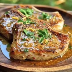 - 4 boneless pork chops (approximately 1 inch thick) - 4 cloves garlic, finely minced - 1 tablespoon extra virgin olive oil - 1 tablespoon unsalted butter - 1 teaspoon dried thyme - 1 teaspoon smoked paprika - 1 teaspoon fresh lemon zest - ½ teaspoon red pepper flakes (or to taste) - Sea salt and freshly ground black pepper, to taste - Fresh parsley, finely chopped (for garnish) Using fresh garlic makes a big difference in flavor. Fresh garlic has a bright taste and strong aroma that dried garlic lacks. You want your dish to shine, so choose the best. Next, pick the right cut of pork chops. Boneless chops are tender and cook quickly. They soak up flavors well, making them perfect for this garlic sauce. If you want substitutes, consider using organic ingredients. Organic pork might have better taste and quality. You can also swap out the red pepper flakes for a milder spice, if needed. For the olive oil, extra virgin is the best choice. It has a rich flavor that enhances the dish. You can even experiment with flavored oils for a twist. Remember, quality ingredients lead to better meals, so choose wisely! For the full recipe, check out the Zesty Garlic-Infused Pork Chops recipe. First, pat the pork chops dry with paper towels. This step is key for a good sear. Next, season both sides of the pork chops. Use sea salt, black pepper, smoked paprika, and dried thyme. This mix adds great flavor. Now, heat a large skillet over medium-high heat. Add one tablespoon of extra virgin olive oil. Wait until the oil shimmers before you add the pork chops. This helps achieve a nice crust. Place the seasoned pork chops in the hot skillet. Sear each chop for about 4-5 minutes. Flip them and cook for another 4-5 minutes. Use a meat thermometer to check the temperature. The chops should reach 145°F (63°C) for safe eating. Once done, transfer them to a plate and cover with aluminum foil. This keeps them warm while you make the sauce. In the same skillet, lower the heat to medium. Add one tablespoon of unsalted butter and let it melt. After the butter melts, add four cloves of minced garlic and red pepper flakes. Sauté the garlic for about 30-45 seconds. Watch closely to avoid burning it. Next, stir in one teaspoon of fresh lemon zest. Scrape any browned bits from the skillet. This adds flavor to the sauce. Let the mixture simmer for 1-2 minutes. This step helps the flavors blend well. Finally, return the pork chops to the skillet. Spoon the garlic sauce over each chop. Cook for an additional minute to warm them through. Let the pork chops rest in the sauce for a couple of minutes. This helps the flavors soak in. For a complete cooking guide, check out the Full Recipe. To get that perfect sear on your pork chops, start with a dry surface. Pat them down with paper towels. This helps the meat brown well. Use a hot skillet, and don’t crowd the pan. Each chop needs space to sear nicely. For seasonal herbs, think about what’s fresh. In spring, try fresh rosemary. In summer, basil works great. In fall, consider sage. Each herb brings a unique taste to your dish. Pork chops pair well with many sides. Creamy mashed potatoes add comfort. Roasted vegetables can add color and nutrition. A fresh green salad can lighten the meal. For a lovely touch, garnish with lemon slices or fresh parsley. This adds brightness and makes your dish look great. One big mistake is overcooking pork chops. They can dry out fast if cooked too long. Always check the internal temperature. Aim for 145°F (63°C) for juicy, tender meat. Another mistake is not letting the sauce meld. After cooking, let the pork chops rest in the sauce. This allows the flavors to blend well, making each bite delicious. {{image_4}} You can make your pork chops even better. Try adding mushrooms or spinach to the garlic sauce. These veggies bring a rich taste and a nice texture. Sauté the mushrooms until they are soft, then add them to the sauce. Spinach wilts quickly, so stir it in just before serving. You can also switch up the herbs. Instead of thyme, use rosemary or basil. Each herb gives a unique twist to the dish. Rosemary adds a piney flavor, while basil brings a sweet touch. Feel free to mix and match based on what you like. Not everyone has a skillet, and that’s okay! You can grill the pork chops for a smoky flavor. Preheat your grill and cook the chops until they are golden brown on the outside. This method keeps them juicy too. If you have a slow cooker, you can use it for this recipe. Season the chops as usual and place them in the slow cooker. Pour the garlic sauce over them and let it cook on low for 6 to 8 hours. This method makes the pork really tender. For those on a keto diet, you can make some easy changes. Use a sugar-free garlic sauce or omit any added sugars. You can also substitute butter with ghee for a dairy-free option. If you need a gluten-free meal, be sure to check your ingredients. Use gluten-free soy sauce if you want that umami flavor. Most spices and fresh herbs are naturally gluten-free, making it easy to enjoy this dish. For the complete process, you can check the Full Recipe. After you enjoy your pork chops, store any leftovers in the fridge. Place them in an airtight container. This keeps the meat fresh and tasty. Pork chops can last up to three days in the fridge. Make sure they cool down first before sealing them up. To reheat your pork chops, use a skillet on low heat. This method helps keep the meat juicy. Heat them for about 5-7 minutes, flipping once. If you want to refresh the garlic sauce, warm it up separately. Pour it over the chops just before serving. This adds that fresh garlic flavor back to your meal. For more details, check out the Full Recipe. Cook pork chops for 4-5 minutes per side. This gives them a nice brown crust. The inside should reach 145°F (63°C). Use a meat thermometer to check the temperature. Yes, you can use bone-in pork chops. They have a richer flavor than boneless ones. Bone-in pork chops also tend to stay juicier during cooking. Look for a nice golden crust on the outside. The inside should be slightly pink and juicy. Always check the internal temperature to make sure it is 145°F (63°C). If you can't use garlic, try shallots or garlic powder. You can also use herbs like thyme or rosemary for flavor. Yes, you can make this dish ahead. Cook the pork chops and sauce, then store them separately. Reheat them gently in a skillet before serving. For detailed instructions, check out the [Zesty Garlic-Infused Pork Chops recipe](#). This article covered how to make delicious garlic-infused pork chops. We looked at ingredients, preparation steps, and cooking tips. Understanding how to choose the right pork chops and use fresh garlic is key. You can enhance these flavors with herbs or even try different cooking methods. Avoid common mistakes, like overcooking, to ensure your dish shines. With this guide, you can enjoy tasty pork chops every time. Now, it’s time to cook and impress your family and friends!