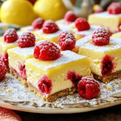 For the crust, you need: - 1 ½ cups graham cracker crumbs - ½ cup unsalted butter, melted - ¼ cup granulated sugar The crust gives the cheesecake bars a nice crunch. Mix the crumbs, melted butter, and sugar well. Press this mixture into your baking dish firmly. For the cheesecake filling, gather these items: - 16 oz cream cheese, softened to room temperature - ½ cup granulated sugar - 2 large eggs, at room temperature - 2 tablespoons all-purpose flour - Zest of 1 lemon (about 1 teaspoon) - ¼ cup freshly squeezed lemon juice - 1 cup fresh raspberries (plus extra for garnish) - 1 teaspoon pure vanilla extract The filling is creamy and tart. Start with the cream cheese and sugar. Mix them until smooth. Then add eggs one at a time, mixing well. Add flour, lemon zest, lemon juice, and vanilla. Fold in the raspberries gently for a fruity burst. For a lovely finish, consider: - Fresh raspberries - Powdered sugar for dusting Garnishes add charm to your cheesecake bars. Fresh raspberries on top create color. A dusting of powdered sugar adds sweetness and flair. You can find the full recipe for these delightful treats in the main article. First, preheat your oven to 350°F (175°C). This helps cook the cheesecake evenly. Next, take an 8x8-inch baking dish. Line it with parchment paper, leaving some paper hanging over the edges. This makes it easy to lift out the bars later. In a medium bowl, gather your crust ingredients. Combine 1 ½ cups of graham cracker crumbs, ½ cup of melted unsalted butter, and ¼ cup of granulated sugar. Use a fork to mix them until it looks like wet sand. Press this mixture firmly into the bottom of your lined baking dish. Bake it for 10 minutes, then let it cool while you make the filling. Now, grab a large mixing bowl. Use an electric mixer to beat 16 oz of softened cream cheese with ½ cup of granulated sugar. Mix until it is smooth and creamy, about 2-3 minutes. Next, add 2 large eggs one at a time, mixing well after each. Then, add 2 tablespoons of all-purpose flour, the zest of 1 lemon, ¼ cup of lemon juice, and 1 teaspoon of vanilla extract. Mix everything until it's well combined. Gently fold in 1 cup of fresh raspberries. Be careful not to break them too much. Pour the cheesecake filling over your baked crust. Spread it evenly with a spatula. Bake for 25-30 minutes, until the edges are set, but the center is still a bit jiggly. After baking, turn off the oven and leave the bars inside for another 10 minutes to cool slightly. Take the dish out, let it cool to room temperature, then cover and chill in the fridge for at least 4 hours, or overnight. This helps the bars set perfectly. For the full recipe, check out the details above. To get a smooth cheesecake filling, start with room-temperature cream cheese. Cold cream cheese can create lumps. Use an electric mixer to beat the cream cheese and sugar until creamy. This usually takes about 2-3 minutes. When adding eggs, mix one at a time. This helps keep the texture smooth. Bake the bars until the edges are set but the center is slightly jiggly. This gives the cheesecake a nice texture when chilled. For clean cuts, use a sharp knife. Dip the knife in hot water before slicing. Wipe the knife with a towel between cuts. This method keeps the edges neat and shows off the layers. Let the cheesecake bars chill fully before slicing. This helps them hold their shape better during cutting. Serve the cheesecake bars on a lovely platter. Garnish each bar with fresh raspberries and a dusting of powdered sugar. For added flair, place a sprig of mint on the side. Arrange extra raspberries around the bars to bring color. This makes each slice look tempting and fresh. For the full recipe, don't forget to check the detailed instructions above. {{image_4}} You can change up the cheesecake filling in many ways. Instead of raspberries and lemon, try using blueberries and lime for a fresh twist. You could also mix strawberries with orange zest. Each berry adds a unique flavor and color. Experiment with your favorite fruits to find a combination you love. Want a lighter treat? You can swap some ingredients. Use low-fat cream cheese instead of regular cream cheese. You can also use honey or maple syrup instead of sugar. For a gluten-free option, replace graham cracker crumbs with almond flour or gluten-free cookies. These swaps keep the taste while cutting calories. If you prefer no-bake desserts, I have a simple method for you. Start by making the crust with crushed graham crackers and melted butter. Press it into a pan like in the original recipe. For the filling, blend cream cheese, sugar, and lemon juice until smooth. Fold in the raspberries, then pour it over the crust. Chill it for at least four hours or until set. This no-bake version is creamy and delicious, perfect for hot days. Try the Full Recipe for both methods. To keep your raspberry lemon cheesecake bars fresh, store them in the fridge. Use an airtight container or cover them tightly with plastic wrap. This helps to prevent them from drying out or absorbing other flavors. Make sure to chill them for at least four hours before serving. This allows the flavors to meld nicely. If you want to save some for later, you can freeze the cheesecake bars. First, let them cool completely. Then, slice them into squares. Wrap each piece in plastic wrap, then place them in a freezer-safe bag. Be sure to remove as much air as possible. To thaw, take out a piece and put it in the fridge overnight. Enjoy them cold or let them sit at room temperature for about 30 minutes. These cheesecake bars can last in the fridge for up to five days. If you freeze them, they can stay good for about three months. Just make sure to label the bags with the date so you remember when you made them. Always check for any signs of spoilage before enjoying your treats again. Yes, you can use frozen raspberries. They work fine in this recipe. However, frozen raspberries may release more juice. This can change the texture of the cheesecake. To avoid too much liquid, thaw and drain the raspberries before adding them. If you want a dairy-free option, try using cashew cream. Blend soaked cashews with a bit of lemon juice and sweetness. Another option is to use Greek yogurt for a lower-fat choice. It adds creaminess and a nice tang. Look for slight jiggle in the center. The edges should be set and firm. The cheesecake will continue to cook after you take it out. Let it cool a bit in the oven. This helps it firm up without cracking. You now have a full guide to make delicious Raspberry Lemon Cheesecake Bars. We covered the ingredients, step-by-step instructions, and various tips to ensure success. Don't forget the garnishes for a lovely finish. Experiment with flavors and healthier swaps to make this recipe your own. Store any leftovers properly to enjoy later. Remember, if you have questions, check the FAQs for answers. With practice, you’ll master this tasty treat! Happy baking!