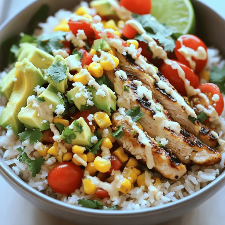 - Overview of Fresh Ingredients The Street Corn Chicken Rice Bowl uses vibrant and fresh ingredients. You will need: - 1 cup jasmine rice - 2 cups chicken broth - 2 chicken breasts, grilled and sliced - 1 cup corn (fresh, frozen, or canned) - 1 red bell pepper, diced - 1 ripe avocado, diced - 1 cup cherry tomatoes, halved - 1/2 cup crumbled cotija cheese - 1/4 cup fresh cilantro, chopped - 1 tablespoon lime juice These ingredients make the dish colorful and tasty. - Recommended Substitutions You can swap some ingredients if needed. If you want, use brown rice instead of jasmine rice. This adds more fiber. For a lighter option, try grilled shrimp or tofu instead of chicken. Instead of cotija cheese, use feta or a dairy-free option. - Seasoning and Herbs Seasoning is key to flavor. You will use: - 1 teaspoon chili powder - 1 teaspoon smoked paprika - Salt and pepper to taste These seasonings bring a warm, smoky taste. Fresh herbs, like cilantro, add brightness. A squeeze of lime juice brightens every bite. For more flavor, you can add garlic powder or cumin. For the full recipe, follow the steps to create this delicious bowl. Enjoy your cooking adventure! To make the rice tasty, I use chicken broth instead of water. This adds a rich flavor that makes the rice shine. - Start by rinsing 1 cup of jasmine rice. This removes extra starch and helps the rice stay fluffy. - In a medium saucepan, combine the rinsed rice and 2 cups of chicken broth. - Bring this to a boil over high heat. Once boiling, reduce the heat to low. - Cover the saucepan with a lid and let it simmer for 15 minutes. - After that, remove it from heat and let it sit for 5 minutes. - Fluff the rice with a fork to keep it light and airy. Perfectly cooked rice should be soft but not mushy. For the chicken, I pick fresh breasts for the best taste. - Start by seasoning 2 chicken breasts with olive oil, salt, pepper, chili powder, and smoked paprika. - Make sure to coat both sides with the seasoning. - Preheat your grill or grill pan to medium-high heat. - Grill the chicken for about 6-7 minutes on each side. - Use a meat thermometer to check the inside temperature. It should reach 165°F (75°C). Let the chicken rest for a few minutes after grilling. This keeps it juicy when you slice it. The corn topping adds a sweet crunch to each bite. - In a large skillet, heat a small amount of olive oil over medium heat. - Add 1 cup of corn and 1 diced red bell pepper to the skillet. - Sauté the mixture for about 5-6 minutes. Stir occasionally until the corn and pepper are tender and slightly charred. - Season with salt and pepper to taste. This step enhances the flavors and makes the topping stand out. Now you are ready to assemble the Street Corn Chicken Rice Bowl! For the full recipe, check out the details above. - Temperature Control: Keep your grill at medium-high heat. This helps the chicken cook evenly. Use a meat thermometer to check that the inside hits 165°F (75°C). This ensures it is safe to eat and juicy. - Marinading for Extra Flavor: Mix olive oil, chili powder, and smoked paprika for a simple marinade. Let the chicken sit in the marinade for at least 30 minutes. This step packs in flavor and helps the chicken stay moist on the grill. - Plating for Visual Appeal: Start by placing a mound of jasmine rice in the bowl. Layer the grilled chicken and sautéed corn on top. This creates height and makes the dish look inviting. - Garnishing Suggestions: Add diced avocado and halved cherry tomatoes for a pop of color. A sprinkle of cotija cheese adds both flavor and a beautiful finish. Finally, toss on some cilantro for a fresh, green touch. - Overcooking Rice: Keep an eye on your cooking time. Rice can go from perfect to mushy quickly. Follow the instructions closely, and remove it from heat when tender. - Under-seasoning Ingredients: Don’t skip the seasoning! A little salt and pepper can change the whole dish. Taste your ingredients while cooking to ensure they are flavorful enough. Season as you go for the best results. {{image_4}} You can easily change this recipe to suit your tastes. Vegetarian Options For a meatless meal, swap chicken for grilled zucchini or mushrooms. Use vegetable broth instead of chicken broth. Add chickpeas for extra protein. They add a nice texture and flavor. Different Proteins You can use shrimp, beef, or tofu instead of chicken. Cook them similarly. Each protein brings its unique taste. Adjust the cooking time based on what you choose. How you serve this dish can make it special. Pairing with Sides or Salads Serve the rice bowl with a fresh green salad. A simple lime vinaigrette works great. You can also enjoy it with tortilla chips or a side of beans. These sides add more texture and flavor. Creative Serving Styles Try serving this bowl in a large platter for sharing. Everyone can scoop their portions. You can also use small bowls for a fun twist. This idea makes it perfect for gatherings. Experimenting with flavors can make this dish even more exciting. Experimenting with Spices Try adding cumin or coriander for a warm taste. A dash of garlic powder gives it a nice kick. You can also mix in smoked paprika for a richer flavor profile. Each spice can change the bowl’s overall taste. Adding Heat with Peppers If you like heat, add jalapeños or serrano peppers. Dice them up and mix them in with the corn. You can also use a spicy salsa on top. This adds a fun, fiery twist to your meal. For the full recipe, check the details above. Enjoy! To keep your Street Corn Chicken Rice Bowl fresh, store leftovers properly. First, let the bowl cool to room temperature. This helps avoid steam which can make food soggy. Then, divide the rice, chicken, and toppings. The best way to store leftovers is to use airtight containers. - Containers to Use - Glass containers work great for storage. - Plastic containers are fine too, as long as they seal well. When it's time to eat again, you’ll want to reheat your bowl just right. This keeps the flavors and texture nice. - Maintaining Texture and Flavor - For the best taste, reheat slowly. - Add a splash of water to keep the rice moist. - Microwave vs. Oven - Use the microwave for quick reheating. Heat for about 1-2 minutes. - For a crispier finish, use the oven. Preheat to 350°F (175°C) and bake for about 10 minutes. If you want to save your bowl for later, freezing is a good option. - Freezable Components - The rice and chicken freeze well. - Avoid freezing fresh toppings like avocado and tomatoes. - Thawing Procedures - To thaw, place the bowl in the fridge overnight. - If you're in a hurry, you can use the microwave on the defrost setting. Following these tips helps keep your Street Corn Chicken Rice Bowl tasty and ready for your next meal. For the complete recipe, check out the [Full Recipe]. Making a Street Corn Chicken Rice Bowl takes about 40 minutes in total. This includes 15 minutes for prep and 25 minutes for cooking. You can cook the rice while grilling the chicken. This way, you save time and keep things moving in the kitchen. Yes, you can use brown rice instead of jasmine rice. Brown rice is more nutritious. It has more fiber and nutrients. However, it takes longer to cook. You should plan for an extra 20-25 minutes if you choose brown rice. If you need a substitute for cotija cheese, try feta or ricotta salata. Both options work well. You can also use vegan cheese or nutritional yeast for a dairy-free choice. These alternatives still give you a nice flavor and texture. Yes, you can make this recipe ahead of time. Cook the rice and chicken, then store them separately. Keep the corn topping in an airtight container. This way, you can enjoy your meal later. Just reheat everything before serving. The Street Corn Chicken Rice Bowl is quite healthy. It has protein from chicken, fiber from rice, and vitamins from veggies. The healthy fats in avocado add nutrition too. Overall, this meal is balanced and nourishing. Enjoy it guilt-free! This guide covers key ingredients, cooking steps, and helpful tips for a delicious Street Corn Chicken Rice Bowl. You learned about substitutions and flavor options. I shared error-proof techniques for cooking rice and grilling chicken. Remember to avoid common mistakes to make it perfect. Explore variations to suit your taste and follow storage tips for freshness. With these new skills, you’re ready to enjoy a great meal. Cooking should be fun and your dish will impress everyone. Enjoy your delicious creation!
