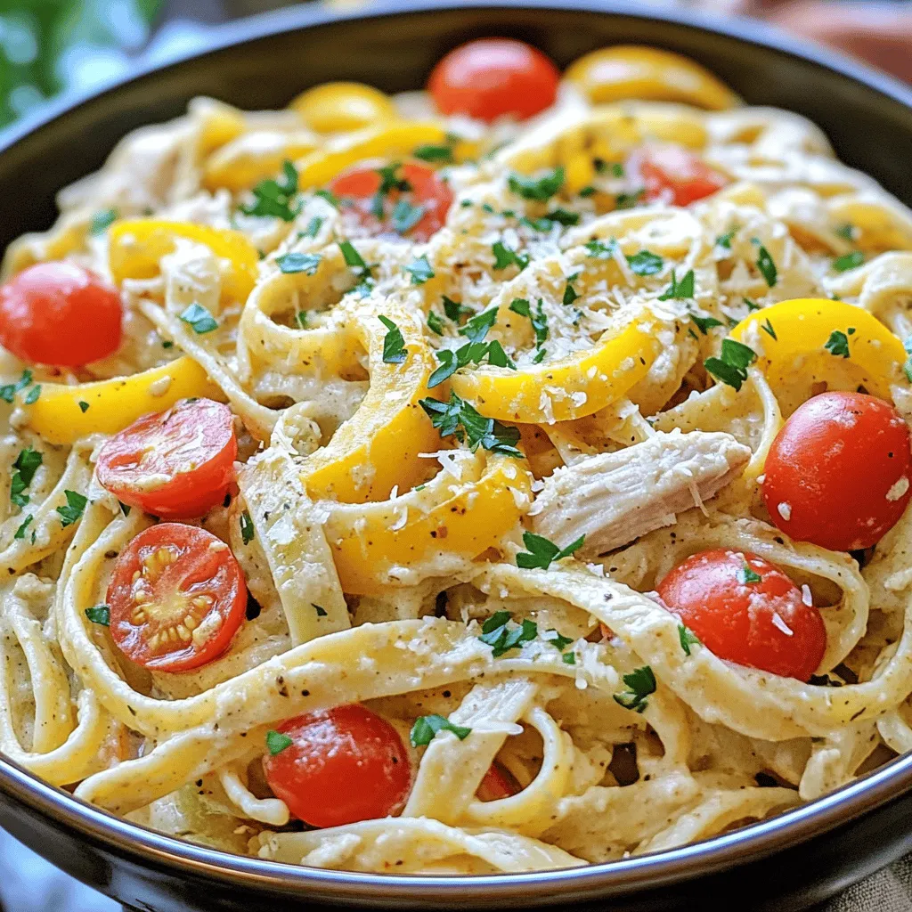 Here are the ingredients you will need for Cajun Chicken Pasta. This dish is colorful and packed with flavor. - 400g fettuccine pasta - 2 large chicken breasts, diced into bite-sized pieces - 2 tablespoons Cajun seasoning - 1 tablespoon olive oil - 1 red bell pepper, sliced into strips - 1 yellow bell pepper, sliced into strips - 1 small onion, finely diced - 3 cloves garlic, minced - 300ml chicken broth (low sodium is recommended) - 200ml heavy cream - 1 cup cherry tomatoes, halved - Salt and pepper to taste - Fresh parsley, finely chopped (for garnish) - Grated Parmesan cheese (optional, for serving) These ingredients create a tasty and quick weeknight meal. The Cajun seasoning gives the chicken a nice kick. Fresh veggies add color and crunch. Using low-sodium broth helps control the salt level. You can find the full recipe in the link provided. Enjoy cooking! - Bring a large pot of salted water to a boil. - Add 400g fettuccine pasta and cook according to package instructions. - Reserve 1 cup of starchy pasta water, then drain the pasta and set aside. - Take 2 large chicken breasts and dice them into bite-sized pieces. - Season the chicken with 2 tablespoons of Cajun seasoning. - In a large skillet, heat 1 tablespoon of olive oil over medium-high heat. - Sauté the seasoned chicken until fully cooked, about 5-7 minutes. - In the same skillet, add 1 small diced onion, 1 sliced red bell pepper, and 1 sliced yellow bell pepper. - Add 3 cloves of minced garlic. - Sauté these veggies for about 3-4 minutes, or until they are tender. - Pour in 300ml of low-sodium chicken broth and scrape up any browned bits. - Let the broth simmer for 2-3 minutes. - Stir in 200ml of heavy cream and 1 cup of halved cherry tomatoes, simmering until thickened. - Return the cooked chicken to the skillet and mix everything thoroughly. - If the sauce is too thick, adjust it with reserved pasta water until you get your desired consistency. - Add the cooked fettuccine to the skillet and toss to coat it in the sauce. - Taste and adjust with salt and pepper as needed. - Spoon the pasta onto plates, garnishing with fresh parsley and grated Parmesan cheese if desired. For the full recipe, check out the details above! To make a great Cajun Chicken Pasta, I recommend using low-sodium broth. This helps you control the salt in the dish better. You can adjust the Cajun seasoning to fit your taste. If you like it mild, use less seasoning. For a spicy kick, feel free to add more. Serve your pasta in large bowls for a cozy feel. I love to garnish with a lemon wedge. This adds a bright color and a fresh taste. You can also make your plate look colorful. Add some fresh herbs and a sprinkle of cheese on top. Feel free to swap chicken for shrimp or sausage. Both options bring new flavors. If you want more veggies, add spinach or other greens. They will add color and nutrition to the dish. These small tweaks can make your meal even more exciting! For the full recipe, check out the [Full Recipe]. {{image_4}} You can easily add shrimp to this dish for a seafood twist. First, use about 300 grams of peeled and deveined shrimp. When making this dish, cook the shrimp separately. Add them to the pan after the chicken is done. Sauté the shrimp for about 3-4 minutes until they turn pink. This way, you keep them tender and juicy. Adding more vegetables can boost nutrition and flavor. I recommend using spinach, zucchini, or mushrooms. You can toss in one cup of fresh spinach during the last few minutes of cooking. For zucchini or mushrooms, sauté them with the other veggies for 3-4 minutes until they soften. This makes the dish colorful and healthy. If you need a gluten-free meal, swap the fettuccine for gluten-free pasta. Look for options made from rice or corn. Cook them according to the package instructions. Keep an eye on the cooking time, as gluten-free pasta may cook faster. This way, you can still enjoy the same great flavors without gluten. To store Cajun Chicken Pasta, let it cool first. Then, place it in an airtight container. Use a container that seals well to keep freshness. It stays good in the fridge for about three days. You can use glass or plastic containers. Just make sure they are safe for the fridge. Yes, you can freeze Cajun Chicken Pasta! First, let it cool down. Then, pack it in a freezer-safe container. Leave some space at the top for expansion. It can stay frozen for up to three months. When ready to eat, move it to the fridge to thaw overnight. To reheat Cajun Chicken Pasta, use a skillet or the microwave. If using a skillet, add a splash of chicken broth. Heat it on low, stirring often. This helps keep the pasta creamy. For the microwave, use a microwave-safe bowl. Add a bit of water to keep it moist. Heat in short bursts, stirring in between. Avoid overcooking, as this can make it dry. Cajun Chicken Pasta pairs well with many side dishes. Here are some tasty options: - A fresh garden salad with light dressing - Garlic bread or crusty French bread - Roasted vegetables like zucchini or asparagus - A simple Caesar salad for crunch These sides add balance and enhance your meal's flavor. Yes, you can prep Cajun Chicken Pasta in advance. Cook the pasta and chicken, then store them separately. Keep the sauce in the fridge, too. You can combine everything just before serving. This helps keep the pasta from getting mushy. Store leftovers in airtight containers for up to three days. The spiciness of Cajun Chicken Pasta can vary. Cajun seasoning has a kick, but you control it. Use less seasoning for a milder dish. If you want more heat, add a pinch of cayenne pepper or crushed red pepper flakes. This way, you can adjust the spice to your liking. Absolutely! You can swap fettuccine for other pasta types. Here are some great alternatives: - Penne for a fun shape - Linguine for a lighter feel - Bowtie pasta for a playful twist Just keep the cooking time in mind, as it may vary. Enjoy experimenting with your favorite pasta! This blog post shared a simple recipe for Cajun Chicken Pasta. It covered key ingredients, step-by-step cooking instructions, and useful tips. You can easily adjust spices and even add shrimp or veggies for unique flavors. In the end, making this dish should be fun and creative. Try it your way and enjoy the delicious results. Your kitchen adventures can lead to tasty meals everyone loves. Happy cooking!
