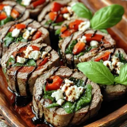 To make these steak rolls, gather these ingredients: - 1 lb flank steak, thinly sliced against the grain - 2 cups fresh spinach, rinsed and dried - 1 cup roasted red peppers, sliced into strips - 1/2 cup crumbled feta cheese - 1/4 cup balsamic vinegar - 2 tablespoons honey - 2 tablespoons olive oil - 2 cloves garlic, minced - Salt and freshly ground black pepper to taste - Fresh basil leaves, for garnish For a richer taste, I suggest adding these items: - A pinch of red pepper flakes for heat - Fresh lemon juice for bright flavor - A sprinkle of smoked paprika for depth These ingredients can elevate your rolls and make them even more enjoyable. If you have allergies or dietary needs, try these substitutes: - Use chicken or turkey instead of flank steak for a lighter meat. - Swap feta cheese with dairy-free cheese to make it vegan. - Use a gluten-free soy sauce instead of balsamic vinegar for a soy-free option. These swaps help everyone enjoy this tasty dish! To start, we need to marinate the steak. This step adds great flavor. In a shallow dish, mix balsamic vinegar, honey, minced garlic, olive oil, salt, and pepper. Whisk until smooth. Add the flank steak slices, making sure each piece gets coated. Cover the dish with plastic wrap. Let it chill in the fridge for at least 30 minutes. This allows the flavors to soak in. While the steak marinates, prepare the filling. Lay out fresh spinach, roasted red peppers, and crumbled feta cheese. This makes it easier to assemble the rolls later. I love the colors and textures of these ingredients. They add both taste and nutrition to your dish. After marinating, take out the steak. Let the excess liquid drip off. Place a slice of steak on your workspace. At one end, add some spinach, a few red pepper strips, and a sprinkle of feta. Roll the steak tightly from the filled end. Use a toothpick to secure each roll. Repeat this for all slices. This method keeps the filling inside and makes the rolls easy to handle. Now it’s time to cook the rolls. Preheat your grill or grill pan over medium-high heat. Once hot, add the steak rolls. Grill for 3-4 minutes on each side. Check for doneness with a meat thermometer if you like. When done, let the rolls rest for 2-3 minutes. This helps keep the juices inside. Slice each roll into bite-sized pieces. For a great touch, drizzle leftover balsamic glaze on top. Serve and enjoy the amazing flavors of your creation! For more details, check the Full Recipe. To get the best flavor from your steak, marinate it well. Use a mix of balsamic vinegar, honey, garlic, olive oil, salt, and pepper. Make sure every piece of steak is coated. This helps the meat absorb all those tasty flavors. I suggest marinating for at least 30 minutes. If you have more time, marinating for a few hours is even better. It makes the steak super tender and juicy. To cook your steak rolls just right, use a meat thermometer. For medium-rare, aim for 130°F. For medium, go for 140°F. Grill the rolls for 3 to 4 minutes on each side. If you don't have a thermometer, cut one roll in half to check. The inside should be pink but not raw. Let the rolls rest for a few minutes after cooking. This keeps the juices in, making each bite flavorful. When it’s time to serve, slice the rolls into bite-sized pieces. Place them on a nice platter. Drizzle any leftover balsamic glaze over the top for a touch of flavor. Add fresh basil leaves for color and freshness. A bright garnish makes your dish look even more appealing. This simple step can impress your guests and make your meal feel special. {{image_4}} You can make Balsamic Glazed Steak Rolls unique by adding various vegetables. I love using colorful veggies. Try adding zucchini, carrots, or mushrooms. These options offer crunch and freshness. Simply slice them thinly and lay them on top of the steak before rolling. Each veggie adds its own flavor, making the rolls even tastier. If you want to switch things up, consider different proteins. Chicken breast or turkey works well in this recipe. For a plant-based option, use tofu or tempeh. Just marinate them like the steak for the best results. Each protein brings a new taste and texture to the rolls. While the balsamic glaze shines, you can add even more flavor. Try a honey mustard or chimichurri sauce. These sauces can give your rolls a fresh twist. Drizzle them over the rolls just before serving for an extra kick. Experiment with different flavors to find your favorite! For the full recipe, check out the instructions above. Store leftover balsamic glazed steak rolls in an airtight container. This keeps them fresh and tasty. If you have cut the rolls, place a piece of parchment paper between them. This prevents sticking. Always let the rolls cool to room temperature before sealing them up. When stored correctly, these rolls can last in the fridge for 3 to 4 days. After this time, they may lose flavor and texture. Always check for any off smells or changes in appearance before eating. You can freeze these rolls for later use. Wrap each roll tightly in plastic wrap. Then, place them in a freezer-safe bag or container. They can last up to 3 months in the freezer. When ready to eat, let them thaw in the fridge overnight. Reheat gently in the oven or a pan to keep them juicy. Want to make meal prep easier? Check out the Full Recipe for more tips! I recommend using flank steak for this recipe. Flank steak is tender and has great flavor. It slices easily against the grain, making it perfect for rolling. Plus, it absorbs marinades well, enhancing the taste of the dish. Yes, you can prepare the steak rolls ahead of time. After assembling them, cover and refrigerate. You can make them the night before. This allows the flavors to blend, making them even tastier when cooked. Just remember to cook them within 24 hours for the best flavor. To reheat leftovers, preheat your oven to 350°F (175°C). Place the rolls on a baking sheet and cover them with foil. Heat for about 10-15 minutes until warmed through. This keeps them moist and tasty. You can also use a microwave, but they may not retain their texture as well. Balsamic glazed steak rolls can fit well into a healthy diet. They offer lean protein from the steak and nutrients from the veggies. Using fresh spinach and roasted red peppers adds vitamins and fiber. Just keep an eye on the portion size and the amount of cheese you use. Enjoying them in moderation makes them a great choice! For the full recipe, check out the details above. Balsamic glazed steak rolls are a tasty treat that's easy to prepare. We covered the ingredients, how to marinate the steak, and tips for cooking. You can customize the filling and use different proteins to suit your taste. Storing leftovers is simple with the right techniques. Enjoy making and sharing this dish with friends and family. It’s a fun way to impress anyone at your table. Follow these steps, and you’ll create something great every time.