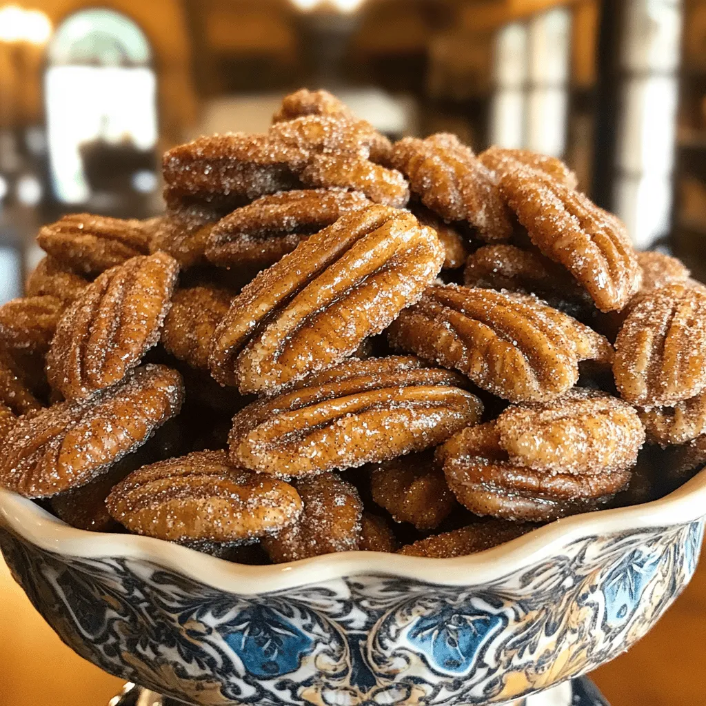 To make cinnamon sugar pecans, you need a few key items. Gather these: - 2 cups pecan halves - 1 cup granulated sugar - 2 tablespoons ground cinnamon - 1/4 teaspoon salt - 1/4 cup unsalted butter - 1 teaspoon vanilla extract - Cooking spray (for greasing) These ingredients create a sweet and crunchy treat. The pecans shine with the warm flavors of cinnamon and vanilla. Though the basic recipe is great, you can add extra flavors. Consider these options: - A pinch of nutmeg for warmth - A dash of cayenne pepper for heat - A drizzle of honey for extra sweetness These additions can elevate the taste and make your pecans unique. Having the right tools makes cooking easier. You will need: - A large baking sheet - Parchment paper for lining - A medium mixing bowl for the sugar mix - A small saucepan for melting butter - A whisk for mixing These tools help ensure your cinnamon sugar pecans turn out perfect every time. For the full recipe, refer to the earlier section. First, heat your oven to 350°F (175°C). While it warms up, grab a large baking sheet. Line it with parchment paper to make clean-up easy. Lightly spray the paper with cooking spray to keep the pecans from sticking. In a medium bowl, whisk together the sugar, ground cinnamon, and salt. This mix will give your pecans a sweet and spicy flavor. Make sure everything blends well. You want a nice, fragrant coating. Next, melt the unsalted butter in a small saucepan over low heat. Once it melts, take it off the heat. Stir in the vanilla extract until it mixes well. Now, pour the pecans into a large bowl. Add the warm butter and vanilla mix. Toss the pecans gently to coat them fully. Sprinkle the cinnamon-sugar mixture over the pecans while you toss them. Do this slowly to ensure each pecan gets a good coating. This step is key to getting that sweet taste on every bite. Spread the pecans out in a single layer on the baking sheet. Make sure they are not crowded. Bake in the oven for 15 to 20 minutes. Stir the pecans every 5 minutes. Watch them closely, so they don’t burn. You want them golden brown and smelling amazing. After baking, take the baking sheet out. Let the pecans cool on the sheet. They will get crunchier as they cool. Once cooled, store them in an airtight container. They will stay fresh for up to two weeks. Enjoy your tasty cinnamon sugar pecans! Check out the Full Recipe for more details. To coat the pecans evenly, mix the melted butter and vanilla well. Pour this mixture over the pecans in a large bowl. Toss them gently but thoroughly. Gradually add the cinnamon-sugar blend while tossing. This method helps every pecan get a nice layer of flavor. Bake your pecans for 15 to 20 minutes. Stir them every 5 minutes. This ensures they cook evenly. Watch closely for a golden brown color. The smell will be amazing! Remove them from the oven when they look crisp and golden. Let them cool on the baking sheet. To avoid burning, keep an eye on the pecans during baking. If they start to darken too much, take them out. The oven can vary in heat, so adjust your time as needed. Always spread them out in a single layer. This helps them bake evenly and prevents burning. For the full recipe, check out the detailed instructions above. {{image_4}} You can easily add more nuts to your cinnamon sugar pecans. Try mixing in walnuts or almonds. They will add a nice crunch and flavor. Just keep the same coating method. The spices will balance well with the different nuts. Experiment with your favorite nuts for a fun twist. If you love maple flavor, this is for you! Swap half of the granulated sugar for maple sugar. Use real maple syrup instead of vanilla. The maple will add a warm, rich taste. It’s perfect for fall treats or cozy snacks. You can still follow the same baking method. For a savory twist, mix herbs with your sugar. Try rosemary or thyme for a unique flavor. Just reduce the sugar a little to balance the taste. Combine the herbs with nutmeg or cayenne for extra warmth. This mixture makes for a great snack or salad topping. These savory pecans can surprise your guests! Feel free to explore these variations! They will make your cinnamon sugar pecans even more delightful. For the full recipe, check out the Cinnamon Sugar Pecans section. To keep your cinnamon sugar pecans fresh, store them in an airtight container. This helps block air and moisture. Place them in a cool, dry spot away from sunlight. A pantry or cupboard works well. Avoid storing them in the fridge, as it can make them soggy. When stored properly, cinnamon sugar pecans can last up to two weeks. After that, they may lose their crunch and flavor. If you notice any odd smells or looks, it’s best to toss them out. Enjoy them while they are fresh for the best taste. If your pecans become soft, don’t worry! You can re-crisp them easily. Preheat your oven to 350°F (175°C). Spread the pecans on a baking sheet in a single layer. Bake for about 5-10 minutes. Keep an eye on them to avoid burning. Let them cool again, and they should be crunchy once more. Enjoy these tasty treats with ease! To make cinnamon sugar pecans, gather your ingredients and follow the steps. First, preheat your oven to 350°F (175°C). Line a baking sheet with parchment paper and spray it lightly with cooking spray. In a bowl, mix 1 cup of sugar, 2 tablespoons of cinnamon, and 1/4 teaspoon of salt. Melt 1/4 cup of unsalted butter and stir in 1 teaspoon of vanilla. Toss 2 cups of pecan halves in the butter mix, then coat them with the sugar mix. Spread the pecans on the baking sheet and bake for 15-20 minutes, stirring every 5 minutes. Let them cool and enjoy your tasty treat! Yes, you can use other nuts! Almonds, walnuts, or cashews work well. Each nut has its own flavor and texture. Be sure to adjust the baking time if you choose a different nut. Keep an eye on them as they bake. They should all turn golden brown and smell great. You can find pre-made cinnamon sugar pecans at many grocery stores. Check the snack aisle or the bulk foods section. They are often sold in bags or jars. You can also find them at specialty shops or online. Just make sure to read the label for quality. Cinnamon sugar pecans provide healthy fats, protein, and fiber. Pecans are rich in antioxidants, which help fight free radicals. They also contain vitamins and minerals like vitamin E and magnesium. However, they do have added sugar and fat. Enjoy them in moderation for a tasty snack. Yes, you can reduce the sugar in this recipe. Try cutting the sugar by half for a less sweet option. You can also use alternatives like stevia or monk fruit sweetener. Adjust the amount to your taste. Just keep in mind that it may change the final flavor and texture. Cinnamon sugar pecans are easy to make. We covered essential and optional ingredients, plus needed equipment. The step-by-step guide ensures you bake perfect pecans every time. Use tips for even coating and crunch. Try fun variations or store them well for later. Enjoy making these tasty snacks. They are great for sharing or keeping for yourself.