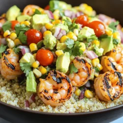 To create the Grilled Shrimp Bowl with Avocado Corn Salsa, gather these fresh ingredients: - 1 lb large shrimp, peeled and deveined - 2 tablespoons olive oil - 1 teaspoon garlic powder - 1 teaspoon smoked paprika - ½ teaspoon ground cumin - Salt and freshly ground black pepper to taste - 1 cup cooked quinoa - 1 cup corn (fresh off the cob or frozen) - 1 ripe avocado, diced - 1 small red onion, finely chopped - 1 cup cherry tomatoes, halved - Juice of 1 lime - Fresh cilantro, chopped (for garnish) Not all ingredients are set in stone. Here are some options: - Shrimp: Use chicken or tofu instead of shrimp for a twist. - Quinoa: Swap for brown rice or couscous based on preference. - Corn: Canned corn works well if fresh is not available. - Avocado: Try mango for a sweet and tangy flavor. - Lime: Lemon juice can substitute lime for a different zest. Using fresh ingredients often brings out the best flavors. However, frozen items can work great too. Here’s how they compare: - Shrimp: Fresh shrimp has a sweet flavor. Frozen shrimp can be just as good if thawed properly. - Corn: Fresh corn offers crispness. Frozen corn is convenient and retains nutrients. - Avocado: Always use fresh avocados for the best texture. Frozen avocados can lose their creaminess. By choosing the right ingredients, you ensure a delicious and colorful bowl. For the full recipe, check out the complete guide to grilling and assembling this delightful dish. First, we need to marinate the shrimp. Start with a medium bowl. Add 1 pound of peeled and deveined shrimp. Pour in 2 tablespoons of olive oil. Then, sprinkle in 1 teaspoon of garlic powder, 1 teaspoon of smoked paprika, and ½ teaspoon of ground cumin. Add salt and pepper to taste. Now, toss the shrimp until they are well-covered in the marinade. Let them sit for at least 15 minutes. This helps the shrimp soak up all the tasty flavors. Next, let’s make the avocado corn salsa. Grab another mixing bowl. Combine 1 cup of corn, diced avocado, finely chopped red onion, and halved cherry tomatoes. Squeeze in the juice of 1 lime. Gently mix everything together. Be careful not to mash the avocado! Set the salsa aside for a bit. This will let the flavors mix and grow. Now, it’s time to grill the shrimp. Preheat your grill or grill pan over medium-high heat. If you use wooden skewers, soak them in water for 30 minutes. This stops them from burning. Once hot, skewer the marinated shrimp. Grill them for 2 to 3 minutes on each side. You want them to be pink and opaque. When they’re done, take the skewers off the grill and let them rest. Let’s put the bowl together! Start with a scoop of cooked quinoa at the bottom of each bowl. Next, layer the grilled shrimp on top. Now, spoon a nice amount of the avocado corn salsa over the shrimp. Make it look colorful and inviting! Finally, sprinkle some fresh chopped cilantro on top for added flavor and color. Serve the bowls right away while the shrimp are warm. Enjoy your delicious creation! For more details, check the Full Recipe. To get perfectly grilled shrimp, start with large, fresh shrimp. They hold up well on the grill and cook evenly. Marinate the shrimp for at least 15 minutes. This lets the flavors soak in. Use a hot grill. Preheat it to medium-high. This helps sear the shrimp quickly. Grill the shrimp for about 2-3 minutes on each side. Look for them to turn pink and opaque. Avoid overcooking, as they can become rubbery fast. The avocado corn salsa gives a fresh taste to the bowl. You can enhance its flavor with a few simple tricks. Add a pinch of salt to the corn. This brings out the natural sweetness. For a zesty kick, try adding chopped jalapeño or a dash of hot sauce. Fresh lime juice is key for brightness. Mix it in just before serving to keep the salsa fresh. A beautiful presentation makes the dish more inviting. Use deep, colorful bowls to showcase the vibrant ingredients. Layer the quinoa first, then the grilled shrimp, and finally the salsa on top. Garnish with fresh cilantro for a pop of color. Adding lime wedges on the side not only looks nice but also gives guests extra zest. Serve right away while the shrimp are warm. For the full recipe, check [Full Recipe]. {{image_4}} You can easily add more protein to your grilled shrimp bowl. Try adding chicken, scallops, or even fish. Marinate these proteins just like the shrimp. Grill them until they are fully cooked. This adds different flavors and textures to the dish. A mix of proteins can make each bite exciting. Want a vegetarian option? Replace the shrimp with grilled tofu or tempeh. Both options soak up flavors well. Use the same marinade, then grill until golden. You can also add chickpeas for protein and crunch. This way, you keep the bowl filling and healthy. The avocado corn salsa still shines with these choices. If you love heat, spice up your dish! Add diced jalapeños to the avocado corn salsa. You can also sprinkle some cayenne pepper on the shrimp before grilling. For a smoky kick, try chipotle powder in the marinade. These spicy twists bring a new level of flavor to your grilled shrimp bowl. Each bite will be a fun surprise! Explore the Full Recipe for more details on flavors and cooking techniques. After you enjoy your grilled shrimp bowl, you might have some leftovers. To keep them fresh, place the shrimp and salsa in separate airtight containers. This helps preserve their flavors. Store the containers in the fridge for up to three days. If you mix them, the salsa can make the shrimp soggy. To reheat the shrimp, place them on a skillet over medium heat. Cook for about 2-3 minutes, turning once. This method helps keep the shrimp juicy. You can also use a microwave, but do it in short bursts of 30 seconds to avoid overcooking. Reheat the salsa in a bowl at room temperature for a few minutes before serving. If you have more leftovers than you can eat, freezing is a great option. Place the grilled shrimp in a freezer-safe bag, removing as much air as possible. The shrimp can last up to three months in the freezer. For the salsa, it's best to freeze it without the avocado. Add fresh avocado when you serve it later. When ready to eat, thaw the shrimp in the fridge overnight before reheating. Enjoy the full recipe for a fresh taste! Yes, you can! Feel free to swap shrimp for scallops or fish. They both grill well and add great taste. Keep in mind, cooking times may vary. Fish cooks faster, while scallops need a bit more time. Experiment with your favorites to find the best match. This dish is naturally gluten-free! Just ensure your ingredients, like the olive oil and spices, are certified gluten-free. Quinoa is a great base that is safe for those with gluten sensitivities. Enjoy this bowl without worry! Serve this bowl with a crisp green salad or some fresh tortilla chips. You can also add lime wedges for extra zest. A refreshing drink, like iced tea or lemonade, pairs well too. Create a full meal that impresses your guests. Leftovers will last about three days in the fridge. Store them in an airtight container to keep them fresh. Reheat the shrimp gently to avoid overcooking. Enjoy this dish again without losing any flavor! In this blog post, we explored the key ingredients and steps to making a tasty Grilled Shrimp Bowl. We discussed marinating shrimp, making salsa, and grilling techniques. I shared tips for perfect shrimp and ways to enhance flavor. We also looked at different variations and how to store your leftovers. Now, you can enjoy a delicious meal that suits your taste and keeps well. I hope you feel inspired to try this recipe and get creative with your own twists!