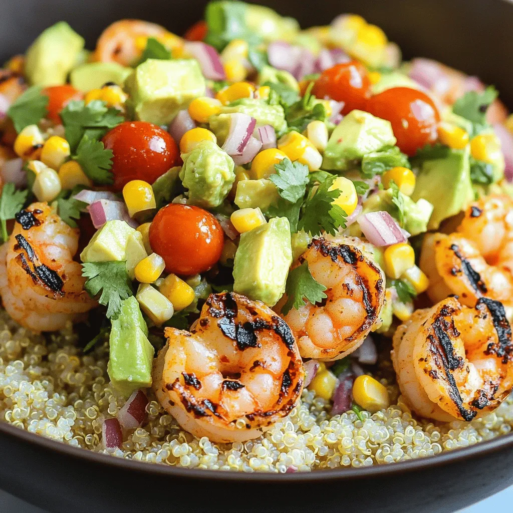 To create the Grilled Shrimp Bowl with Avocado Corn Salsa, gather these fresh ingredients: - 1 lb large shrimp, peeled and deveined - 2 tablespoons olive oil - 1 teaspoon garlic powder - 1 teaspoon smoked paprika - ½ teaspoon ground cumin - Salt and freshly ground black pepper to taste - 1 cup cooked quinoa - 1 cup corn (fresh off the cob or frozen) - 1 ripe avocado, diced - 1 small red onion, finely chopped - 1 cup cherry tomatoes, halved - Juice of 1 lime - Fresh cilantro, chopped (for garnish) Not all ingredients are set in stone. Here are some options: - Shrimp: Use chicken or tofu instead of shrimp for a twist. - Quinoa: Swap for brown rice or couscous based on preference. - Corn: Canned corn works well if fresh is not available. - Avocado: Try mango for a sweet and tangy flavor. - Lime: Lemon juice can substitute lime for a different zest. Using fresh ingredients often brings out the best flavors. However, frozen items can work great too. Here’s how they compare: - Shrimp: Fresh shrimp has a sweet flavor. Frozen shrimp can be just as good if thawed properly. - Corn: Fresh corn offers crispness. Frozen corn is convenient and retains nutrients. - Avocado: Always use fresh avocados for the best texture. Frozen avocados can lose their creaminess. By choosing the right ingredients, you ensure a delicious and colorful bowl. For the full recipe, check out the complete guide to grilling and assembling this delightful dish. First, we need to marinate the shrimp. Start with a medium bowl. Add 1 pound of peeled and deveined shrimp. Pour in 2 tablespoons of olive oil. Then, sprinkle in 1 teaspoon of garlic powder, 1 teaspoon of smoked paprika, and ½ teaspoon of ground cumin. Add salt and pepper to taste. Now, toss the shrimp until they are well-covered in the marinade. Let them sit for at least 15 minutes. This helps the shrimp soak up all the tasty flavors. Next, let’s make the avocado corn salsa. Grab another mixing bowl. Combine 1 cup of corn, diced avocado, finely chopped red onion, and halved cherry tomatoes. Squeeze in the juice of 1 lime. Gently mix everything together. Be careful not to mash the avocado! Set the salsa aside for a bit. This will let the flavors mix and grow. Now, it’s time to grill the shrimp. Preheat your grill or grill pan over medium-high heat. If you use wooden skewers, soak them in water for 30 minutes. This stops them from burning. Once hot, skewer the marinated shrimp. Grill them for 2 to 3 minutes on each side. You want them to be pink and opaque. When they’re done, take the skewers off the grill and let them rest. Let’s put the bowl together! Start with a scoop of cooked quinoa at the bottom of each bowl. Next, layer the grilled shrimp on top. Now, spoon a nice amount of the avocado corn salsa over the shrimp. Make it look colorful and inviting! Finally, sprinkle some fresh chopped cilantro on top for added flavor and color. Serve the bowls right away while the shrimp are warm. Enjoy your delicious creation! For more details, check the Full Recipe. To get perfectly grilled shrimp, start with large, fresh shrimp. They hold up well on the grill and cook evenly. Marinate the shrimp for at least 15 minutes. This lets the flavors soak in. Use a hot grill. Preheat it to medium-high. This helps sear the shrimp quickly. Grill the shrimp for about 2-3 minutes on each side. Look for them to turn pink and opaque. Avoid overcooking, as they can become rubbery fast. The avocado corn salsa gives a fresh taste to the bowl. You can enhance its flavor with a few simple tricks. Add a pinch of salt to the corn. This brings out the natural sweetness. For a zesty kick, try adding chopped jalapeño or a dash of hot sauce. Fresh lime juice is key for brightness. Mix it in just before serving to keep the salsa fresh. A beautiful presentation makes the dish more inviting. Use deep, colorful bowls to showcase the vibrant ingredients. Layer the quinoa first, then the grilled shrimp, and finally the salsa on top. Garnish with fresh cilantro for a pop of color. Adding lime wedges on the side not only looks nice but also gives guests extra zest. Serve right away while the shrimp are warm. For the full recipe, check [Full Recipe]. {{image_4}} You can easily add more protein to your grilled shrimp bowl. Try adding chicken, scallops, or even fish. Marinate these proteins just like the shrimp. Grill them until they are fully cooked. This adds different flavors and textures to the dish. A mix of proteins can make each bite exciting. Want a vegetarian option? Replace the shrimp with grilled tofu or tempeh. Both options soak up flavors well. Use the same marinade, then grill until golden. You can also add chickpeas for protein and crunch. This way, you keep the bowl filling and healthy. The avocado corn salsa still shines with these choices. If you love heat, spice up your dish! Add diced jalapeños to the avocado corn salsa. You can also sprinkle some cayenne pepper on the shrimp before grilling. For a smoky kick, try chipotle powder in the marinade. These spicy twists bring a new level of flavor to your grilled shrimp bowl. Each bite will be a fun surprise! Explore the Full Recipe for more details on flavors and cooking techniques. After you enjoy your grilled shrimp bowl, you might have some leftovers. To keep them fresh, place the shrimp and salsa in separate airtight containers. This helps preserve their flavors. Store the containers in the fridge for up to three days. If you mix them, the salsa can make the shrimp soggy. To reheat the shrimp, place them on a skillet over medium heat. Cook for about 2-3 minutes, turning once. This method helps keep the shrimp juicy. You can also use a microwave, but do it in short bursts of 30 seconds to avoid overcooking. Reheat the salsa in a bowl at room temperature for a few minutes before serving. If you have more leftovers than you can eat, freezing is a great option. Place the grilled shrimp in a freezer-safe bag, removing as much air as possible. The shrimp can last up to three months in the freezer. For the salsa, it's best to freeze it without the avocado. Add fresh avocado when you serve it later. When ready to eat, thaw the shrimp in the fridge overnight before reheating. Enjoy the full recipe for a fresh taste! Yes, you can! Feel free to swap shrimp for scallops or fish. They both grill well and add great taste. Keep in mind, cooking times may vary. Fish cooks faster, while scallops need a bit more time. Experiment with your favorites to find the best match. This dish is naturally gluten-free! Just ensure your ingredients, like the olive oil and spices, are certified gluten-free. Quinoa is a great base that is safe for those with gluten sensitivities. Enjoy this bowl without worry! Serve this bowl with a crisp green salad or some fresh tortilla chips. You can also add lime wedges for extra zest. A refreshing drink, like iced tea or lemonade, pairs well too. Create a full meal that impresses your guests. Leftovers will last about three days in the fridge. Store them in an airtight container to keep them fresh. Reheat the shrimp gently to avoid overcooking. Enjoy this dish again without losing any flavor! In this blog post, we explored the key ingredients and steps to making a tasty Grilled Shrimp Bowl. We discussed marinating shrimp, making salsa, and grilling techniques. I shared tips for perfect shrimp and ways to enhance flavor. We also looked at different variations and how to store your leftovers. Now, you can enjoy a delicious meal that suits your taste and keeps well. I hope you feel inspired to try this recipe and get creative with your own twists!