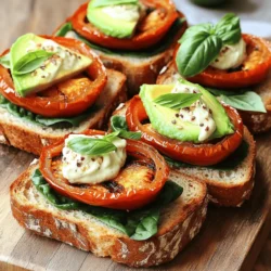 For the Roasted Tomato Sandwiches, we'll need some key ingredients. Here’s what to gather: - 4 large ripe tomatoes, halved - 2 tablespoons extra virgin olive oil - 1 teaspoon balsamic vinegar - Salt and pepper, to taste - 1 teaspoon dried oregano - 8 slices of whole grain bread - 1 cup fresh spinach leaves, washed and dried - 1 ripe avocado, thinly sliced Choosing ripe tomatoes is key. Ripe tomatoes have rich flavor and juicy texture. Look for tomatoes that feel heavy for their size. They should have smooth skin without any soft spots. Quality bread also matters. Whole grain bread adds a hearty texture and nutty taste. Fresh herbs and vegetables elevate the flavor. They bring brightness and freshness to your sandwich. Now, let's talk about the vegan aioli. You'll need: - 1 garlic clove, finely minced - 1/2 cup vegan mayonnaise - 1 tablespoon freshly squeezed lemon juice Using vegan mayonnaise is a great choice. It gives a creamy texture without eggs. Plus, it’s easy to find in stores. When choosing garlic, pick fresh bulbs. Look for garlic that is firm and without any sprouts. Fresh garlic gives a strong flavor, which makes the aioli special. You can find the Full Recipe to get all the steps for making this delicious dish. To roast the tomatoes, start by preheating your oven to 400°F (200°C). Cut the large ripe tomatoes in half and place them cut side up on a baking sheet. Drizzle them with extra virgin olive oil and balsamic vinegar. For seasoning, sprinkle salt, pepper, and dried oregano over the tomatoes. This mix brings out their natural sweetness and flavor. Roast your tomatoes for 25 to 30 minutes. Watch for them to soften and caramelize lightly. This caramelization adds a rich, deep flavor to your sandwich. While your tomatoes roast, it’s time to make the vegan aioli. Take a medium bowl and combine the vegan mayonnaise, minced garlic, and lemon juice. Stir the mix until it’s smooth and well blended. If you want a thicker aioli, add more vegan mayo. For a thinner texture, just add a bit of water. This creamy sauce adds a fresh taste to the sandwich and balances the roasted tomatoes perfectly. Once your tomatoes are ready, toast the slices of whole grain bread until they are crisp. Spread a generous layer of aioli on one side of each slice. On four slices, layer fresh spinach leaves, then the roasted tomatoes, and finish with sliced avocado. Top with the remaining four slices of bread, aioli side down, to create a delicious sandwich. Gently press the sandwiches together to hold everything in place. Slice each sandwich in half for easy eating. Add fresh basil leaves on top for a burst of flavor and color. Enjoy your Roasted Tomato Sandwiches with Vegan Aioli! Roasting tomatoes brings out their sweet flavor. Set your oven to 400°F (200°C) for the best results. Roast the tomatoes for 25 to 30 minutes. This allows them to soften and caramelize. You can check if they are done by looking for a tender feel and a slight browning. To avoid mistakes, don’t overcrowd the tomatoes. Give them space to breathe. Ensure you coat them well with olive oil for even roasting. If they look dry, add a bit more oil. Remember to season them well with salt, pepper, and oregano. This adds depth to their flavor. To keep your sandwich intact, start with the right bread. Whole grain bread holds up well. Toast it lightly for extra strength. When spreading the vegan aioli, use a generous amount. This helps glue the ingredients together. Layer your ingredients wisely. Start with spinach, then add roasted tomatoes. Finish with avocado on top. This order keeps the sandwich balanced and tasty. Feel free to add extras like fresh basil or arugula for added flavor. Roasted tomato sandwiches pair well with simple sides. Serve them with a fresh salad or crispy chips. You can also add a soup for a cozy meal. For presentation, use a rustic wooden board. Arrange the sandwiches neatly. Add a small bowl of extra vegan aioli for dipping. Garnish with fresh basil for color. This makes your meal look inviting and delicious. For the full recipe, check out the Roasted Tomato Bliss Sandwiches. {{image_4}} You can customize your roasted tomato sandwiches in many ways. Try using different vegetables like grilled zucchini or roasted bell peppers. These add great flavor and color. Instead of spinach, consider arugula for a peppery kick. For bread, whole grain is fantastic, but sourdough or ciabatta also works well. Each type adds its own taste and texture. To spice up your sandwich, add seasonings like crushed red pepper or smoked paprika. These bring a warm, bold taste. You can also try different types of vegan aioli. Garlic aioli is classic, but you could use chipotle for a smoky flavor or basil aioli for a fresh twist. Each aioli will change the vibe of your sandwich. Preparing your ingredients ahead of time makes meals easier. Roast a big batch of tomatoes and store them in the fridge. They last for about a week. You can also make the vegan aioli ahead. Keep it in a sealed container in the fridge for up to five days. Slice your bread just before serving to keep it fresh and crisp. To keep your roasted tomato sandwiches fresh, wrap them tightly. Use plastic wrap or foil. You can also place them in an airtight container. This helps prevent them from drying out. Store the sandwiches in the fridge. They stay good for about 2-3 days. If you want to enjoy them later, separate the ingredients. Keep the roasted tomatoes and vegan aioli in their own containers. This keeps the bread from getting soggy. To reheat your sandwiches, use an oven or a skillet. Avoid the microwave, as it can make the bread chewy. If using an oven, preheat it to 350°F (175°C). Wrap the sandwich in foil to keep it moist. Heat for about 10-15 minutes. If using a skillet, warm it on low heat. Add a little oil to help crisp the bread. Cook for about 5 minutes on each side. Check that the tomatoes are warm, and enjoy the revived flavors. If you have extra vegan aioli, use it as a dip. It pairs well with fresh veggies or chips. You can also spread it on other sandwiches for extra flavor. For leftover roasted tomatoes, consider adding them to pasta. They make a great topping for pizza too. Mix them into salads or grain bowls for a burst of flavor. These options help minimize waste and keep meals exciting. Yes, you can use many types of bread. Sourdough, ciabatta, or gluten-free bread work well. Choose what you like best. Each bread adds a unique texture and flavor. Just make sure it can hold up to the fillings. Look for tomatoes that are tender and slightly caramelized. They should be soft but not mushy. The skin may wrinkle a bit, showing they are done. You can also smell the rich, sweet aroma as they roast. You can use hummus, tahini, or mashed avocado. Each option adds a different taste and texture. Choose what suits your diet and flavor preference. These alternatives keep your sandwich creamy and delicious. Yes, you can prepare the components ahead of time. Roast the tomatoes and make the vegan aioli a day before. Keep them in the fridge. Assemble the sandwich just before serving for the best taste. This recipe is not gluten-free as written. However, you can use gluten-free bread. Check labels to ensure no gluten is present. Enjoy the same great taste while meeting your dietary needs. For the complete recipe, check out the Full Recipe above. In this post, I shared how to create delicious roasted tomato sandwiches. You learned the importance of ripe tomatoes and fresh herbs. I guided you through making a vegan aioli and assembling your sandwich. Remember, perfecting your roasted tomatoes can elevate your meal. Use fresh ingredients and store leftovers properly for later enjoyment. Explore variations to keep your meals exciting. With these tips, you can create a delightful sandwich that impresses every time. Enjoy every bite!