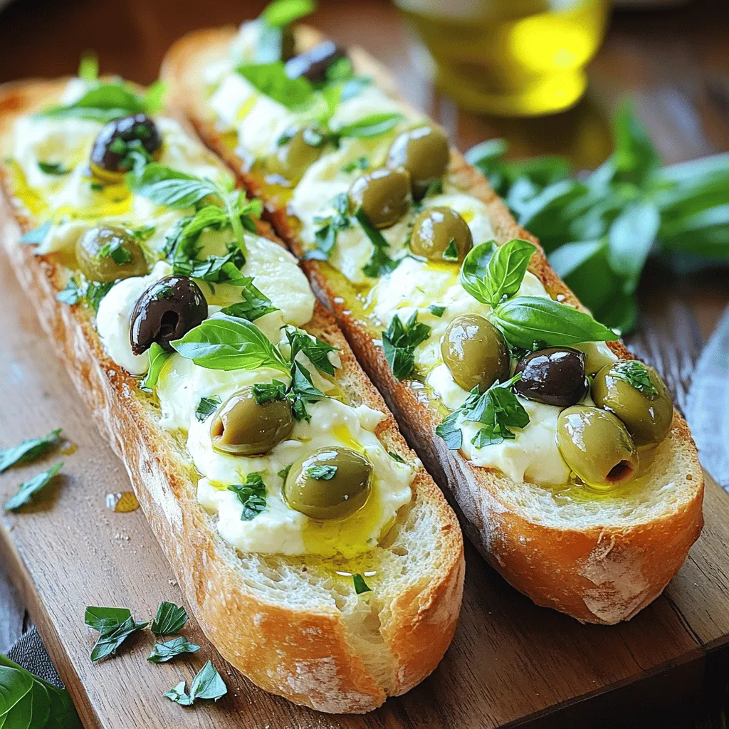 - 1 large French baguette - 1 cup pitted Kalamata olives, finely chopped - 1 cup green olives, finely chopped - 2 cups shredded mozzarella cheese - 1 cup cream cheese, softened - 2 tablespoons fresh parsley, finely minced - 2 tablespoons fresh basil, finely minced - 1 tablespoon garlic powder - 1 teaspoon onion powder - ½ teaspoon red pepper flakes (optional) - Salt and pepper to taste - 2 tablespoons extra virgin olive oil Gathering the right ingredients is key for this olive cheese bread. You need a fresh baguette as the base. The baguette should be crusty and soft inside. For olives, use both Kalamata and green olives. Their flavors mix well and provide a nice contrast. The cheeses play a big role too. Mozzarella gives you that stretchy, gooey texture. Cream cheese adds smoothness and richness. For a burst of freshness, use minced parsley and basil. Garlic and onion powder enhance the flavor. If you like some heat, add red pepper flakes. Don't forget salt and pepper to taste. Finally, drizzle some extra virgin olive oil. This adds richness and helps the bread crisp up. All these ingredients come together in perfect harmony. If you want to see how to mix and bake these delicious layers, check the Full Recipe for step-by-step guidance! - Preheat the oven to 375°F (190°C). - Slice the French baguette in half lengthwise. - Combine olives, cheeses, herbs, and spices in a bowl. - Mix until well incorporated. - Spread the mixture evenly on the baguette halves. - Drizzle with olive oil and bake for 15-20 minutes. This simple process makes Olive Cheese Bread a fun dish to create. You will love how easy it is to prepare. Follow the full recipe for exact measurements and instructions. Each step adds flavor and fun to your cooking experience. Enjoy the smell of melting cheese as it fills your kitchen! - Use a serrated knife for clean cuts. - Ensure even distribution of the filling. To slice the bread well, a serrated knife works best. This type of knife cuts through the crust without squishing the soft inside. When you slice, be gentle and steady. After baking, each piece should still hold its shape. For the filling, spread it evenly to make sure every bite is tasty. - Adjust red pepper flakes for spice levels. - Experiment with different cheese varieties. To control the heat, you can change the amount of red pepper flakes. If you want a little kick, add more. If not, skip them. You can also switch up the cheese. Try mixing mozzarella with cheddar or feta. Each type of cheese will bring a new flavor. - Serve on a wooden board or decorative platter. - Garnish with parsley and basil sprigs. When it comes to serving, choose a wooden board or a pretty platter. This makes the bread look inviting. For a final touch, add sprigs of parsley or basil. These not only add color but also a fresh aroma. Your Olive Cheese Bread will look as good as it tastes! {{image_4}} You can change the cheese to fit your taste. Swap mozzarella for cheddar for a sharper flavor. Cheddar melts well and gives a nice bite. Feta is another great option. It offers a salty kick and creamy texture. You can also add a layer of goat cheese. Goat cheese adds a tangy flavor that pairs well with olives. Herbs can change the whole vibe of this dish. Use thyme for an earthy taste. Oregano gives a warm, strong flavor that works well with cheese. If you can't find fresh herbs, use dried ones. They are easy to store and still give a good taste. Feel free to get creative with the mix-ins. Sun-dried tomatoes add a sweet and tangy flavor. Roasted garlic gives a rich, mellow taste that enhances the cheese. Diced bell peppers add a nice crunch and a hint of sweetness. Each of these additions makes the dish even more special. Store any leftover Olive Cheese Bread in an airtight container. This helps keep it fresh. You can keep it refrigerated for up to 3 days. If you want to save it for later, wrap it tightly in plastic wrap. This keeps out air and moisture. It’s best used within 1 month for optimal flavor. To reheat your Olive Cheese Bread, I suggest using the oven. This gives the bread a crispy texture. If you prefer a softer option, you can microwave it. Just be careful not to overheat it. Yes, you can prepare the filling and assemble it the night before. Just store it in the fridge. This makes it easy to bake right before your guests arrive. Consider adding jalapeños or other spiced olives. This adds a fun kick. You can also try mixing in some red pepper flakes for extra heat. Yes, all the ingredients are vegetarian. This makes it a great choice for those who avoid meat. The olives and cheese give it lots of flavor and richness. Cut into small pieces for easy sharing at parties. This way, your guests can grab a piece without fuss. Pair it with drinks for a fun snack. Enjoy your Olive Cheese Bread! For the full recipe, check above. This blog post covered how to make Olive Cheese Bread with simple ingredients and steps. We discussed the main components, flavor enhancers, and variations for extra taste. Store leftovers properly for the best flavor later. Remember, you can personalize this dish to fit your taste. Try different cheeses or add herbs for fun twists. Use it as a crowd-pleaser at your next gathering. Enjoy your cooking adventure and share your results!