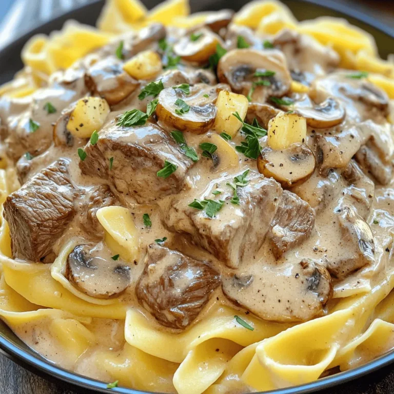 To make a great Beef Stroganoff, you need these key ingredients: - 1 lb (450g) beef sirloin, thinly sliced against the grain - 2 tablespoons olive oil, divided - 1 large onion, finely chopped - 3 cloves garlic, minced - 8 oz (225g) mushrooms, sliced (cremini or button varieties) - 1 teaspoon smoked paprika - 1 cup beef broth, low-sodium preferred - 1 tablespoon Worcestershire sauce - 1 cup sour cream, at room temperature - 2 tablespoons all-purpose flour - Salt and freshly ground black pepper to taste - Fresh parsley, chopped (for garnish) - 8 oz (225g) egg noodles (or pasta of your choice) These ingredients form the heart of the dish. The beef gives it a rich flavor, while mushrooms add depth. The sour cream brings creaminess, and paprika adds a hint of warmth. To make your meal even better, consider these garnishes and sides: - Fresh parsley for color - A sprinkle of paprika for extra flavor - Steamed green beans or broccoli as a side - Crusty bread for dipping in the sauce These options can enhance your experience and keep things interesting. You can swap some ingredients if needed: - Use chicken or turkey instead of beef for a lighter option. - Greek yogurt can replace sour cream for a tangy twist. - Vegetable broth works well for a vegetarian version. - Any pasta can replace egg noodles if you prefer. These substitutions let you customize the dish while keeping the essence of Beef Stroganoff intact. For the complete recipe, check out the Full Recipe. Start by filling a large pot with water. Add a good amount of salt. Bring the water to a rolling boil. Once boiling, add the egg noodles. Cook them as per the package instructions until al dente. It usually takes about 6-8 minutes. When they’re done, drain the noodles and keep them warm. This step ensures your noodles are ready to soak up all the tasty sauce later. Grab a large skillet and heat 1 tablespoon of olive oil over medium-high heat. Add the thinly sliced beef in small batches. Avoid overcrowding the pan. Each batch needs about 2-3 minutes to brown. You want that nice caramelized look. Once browned, remove the beef from the skillet and place it on a plate. Cover it loosely with foil to keep it warm while you cook the rest. In the same skillet, lower the heat to medium and add the other tablespoon of olive oil. Toss in the finely chopped onion. Sauté it until it turns soft and clear, which takes about 4-5 minutes. Then, add the minced garlic and cook for one more minute. Stir often so it doesn’t burn. Next, add the sliced mushrooms and sauté them for about 5-7 minutes. They should release their moisture and turn a lovely brown. Now, sprinkle in the smoked paprika and mix everything well. Pour in the beef broth and Worcestershire sauce. Let this simmer for a couple of minutes to blend the flavors. To thicken the sauce, whisk together flour and sour cream in a small bowl. Stir this into the skillet gradually. Mix well to keep it creamy, and cook for about 3-4 minutes until it thickens. Finally, return the seared beef to the skillet, mixing it well with the sauce. Adjust the seasoning with salt and black pepper to taste. Enjoy this delicious meal with your warm noodles, topped with the rich beef stroganoff mixture. Don’t forget the sprinkle of fresh parsley for that extra touch! For the full recipe, check [Full Recipe]. To make your beef tender, always slice against the grain. This means cutting across the fibers of the meat. Thin slices help too. Next, don't overcrowd the pan while searing. If the beef cooks too close together, it steams instead of browning. Sear in batches for the best texture. To get that creamy texture, use room temperature sour cream. If it's cold, it can curdle in the heat. Mix flour into the sour cream first to create a smooth paste. Stir this into your sauce slowly. This way, you avoid lumps and create a rich, velvety sauce that clings to the beef. Good timing is key. Start boiling your noodles as you sear the beef. While the beef rests, sauté the onions and mushrooms. This saves time and keeps everything warm. When the sauce thickens, your noodles will be ready. This coordination means you serve a hot meal full of flavor and texture. For the full recipe, check out the [Full Recipe]. {{image_4}} You can swap beef with other proteins. Pork or chicken works well. These meats absorb flavors nicely and stay tender. For a lighter touch, use shrimp or fish. They cook fast and add a unique twist to your dish. Feel free to experiment with your favorite protein. To make a vegetarian version, replace beef with mushrooms or tofu. Both options add great texture and flavor. Use vegetable broth instead of beef broth. For vegan versions, stick with plant-based sour cream and noodles. You can also add lentils for protein and heartiness. These changes keep the spirit of stroganoff alive. Different countries have their own takes on beef stroganoff. In Hungary, they add paprika for warmth and a rich flavor. In Sweden, they often include pickles for a tangy bite. Some variations use cream instead of sour cream, adding a different taste. Explore these regional styles to find your favorite. Each version tells a story and brings a new flavor to the table. For the full classic experience, try the Full Recipe! Store your beef stroganoff in an airtight container. Make sure it cools down first. Place it in the fridge if you plan to eat it within three days. If you need to keep it longer, consider freezing it. To reheat, use a skillet on medium heat. Add a splash of beef broth or water. Stir often to keep it creamy. Heat until warm. You can also use the microwave. Place it in a bowl and cover it. Heat in short bursts, stirring in between. For freezing, use a freezer-safe container. Leave some space for expansion. To defrost, move it to the fridge overnight. Reheat it gently on the stove. You can also use the microwave, but stir often to avoid hotspots. This helps keep the flavors intact. Enjoy your creamy mushroom beef stroganoff later! Beef stroganoff comes from Russia. It dates back to the 19th century. The dish honors a Russian nobleman named Stroganov. Originally, it featured tender beef in a creamy sauce. Today, many cultures have their own take on this classic. Yes, you can use different pastas for beef stroganoff. Options like fettuccine or penne work well. Choose any pasta you enjoy. Just cook it according to the package instructions. The key is to have a base that holds the creamy sauce well. To make beef stroganoff gluten-free, swap regular flour for a gluten-free blend. Use gluten-free pasta, like rice noodles or corn pasta. You can also check broth labels for gluten-free options. This way, you can enjoy the same creamy goodness without the gluten. For the full recipe, check out the link. Beef Stroganoff is a classic dish. We've covered the key ingredients, from essential items to tasty garnishes. You learned step-by-step instructions for cooking, ensuring tender beef and a creamy sauce. We also explored variations and storage tips to keep your meal fresh. In conclusion, enjoy making this dish in your kitchen. Experiment with flavors and share it with loved ones. Your meals can be delicious and satisfying.