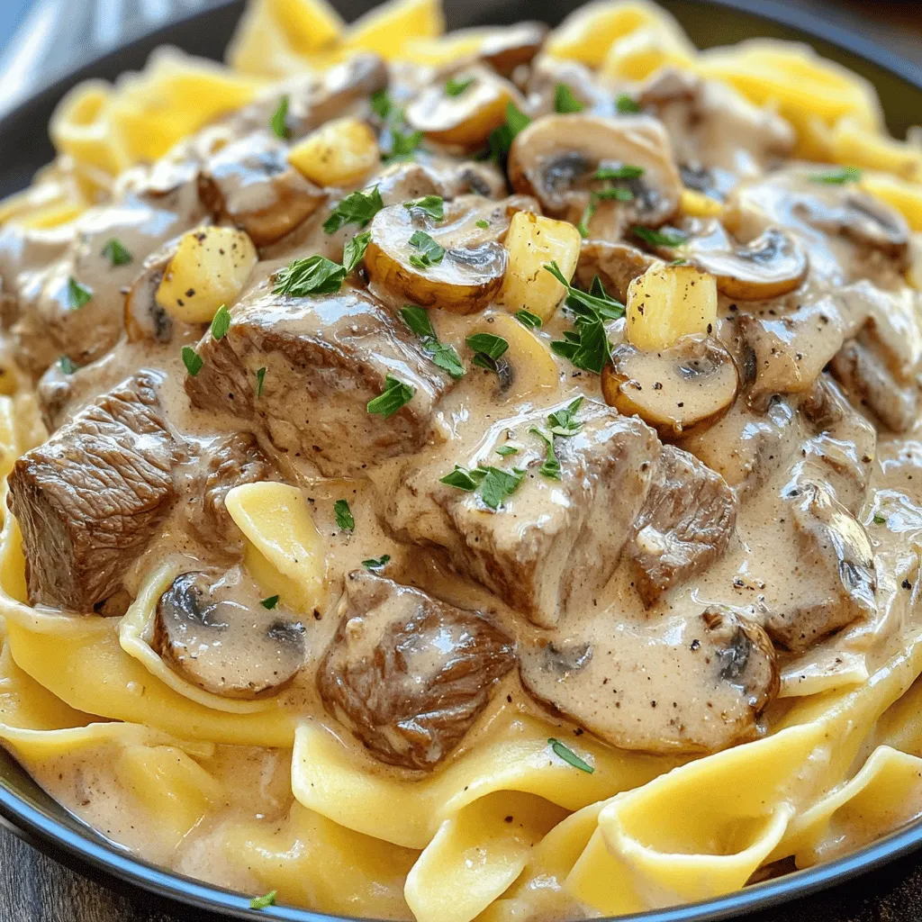 To make a great Beef Stroganoff, you need these key ingredients: - 1 lb (450g) beef sirloin, thinly sliced against the grain - 2 tablespoons olive oil, divided - 1 large onion, finely chopped - 3 cloves garlic, minced - 8 oz (225g) mushrooms, sliced (cremini or button varieties) - 1 teaspoon smoked paprika - 1 cup beef broth, low-sodium preferred - 1 tablespoon Worcestershire sauce - 1 cup sour cream, at room temperature - 2 tablespoons all-purpose flour - Salt and freshly ground black pepper to taste - Fresh parsley, chopped (for garnish) - 8 oz (225g) egg noodles (or pasta of your choice) These ingredients form the heart of the dish. The beef gives it a rich flavor, while mushrooms add depth. The sour cream brings creaminess, and paprika adds a hint of warmth. To make your meal even better, consider these garnishes and sides: - Fresh parsley for color - A sprinkle of paprika for extra flavor - Steamed green beans or broccoli as a side - Crusty bread for dipping in the sauce These options can enhance your experience and keep things interesting. You can swap some ingredients if needed: - Use chicken or turkey instead of beef for a lighter option. - Greek yogurt can replace sour cream for a tangy twist. - Vegetable broth works well for a vegetarian version. - Any pasta can replace egg noodles if you prefer. These substitutions let you customize the dish while keeping the essence of Beef Stroganoff intact. For the complete recipe, check out the Full Recipe. Start by filling a large pot with water. Add a good amount of salt. Bring the water to a rolling boil. Once boiling, add the egg noodles. Cook them as per the package instructions until al dente. It usually takes about 6-8 minutes. When they’re done, drain the noodles and keep them warm. This step ensures your noodles are ready to soak up all the tasty sauce later. Grab a large skillet and heat 1 tablespoon of olive oil over medium-high heat. Add the thinly sliced beef in small batches. Avoid overcrowding the pan. Each batch needs about 2-3 minutes to brown. You want that nice caramelized look. Once browned, remove the beef from the skillet and place it on a plate. Cover it loosely with foil to keep it warm while you cook the rest. In the same skillet, lower the heat to medium and add the other tablespoon of olive oil. Toss in the finely chopped onion. Sauté it until it turns soft and clear, which takes about 4-5 minutes. Then, add the minced garlic and cook for one more minute. Stir often so it doesn’t burn. Next, add the sliced mushrooms and sauté them for about 5-7 minutes. They should release their moisture and turn a lovely brown. Now, sprinkle in the smoked paprika and mix everything well. Pour in the beef broth and Worcestershire sauce. Let this simmer for a couple of minutes to blend the flavors. To thicken the sauce, whisk together flour and sour cream in a small bowl. Stir this into the skillet gradually. Mix well to keep it creamy, and cook for about 3-4 minutes until it thickens. Finally, return the seared beef to the skillet, mixing it well with the sauce. Adjust the seasoning with salt and black pepper to taste. Enjoy this delicious meal with your warm noodles, topped with the rich beef stroganoff mixture. Don’t forget the sprinkle of fresh parsley for that extra touch! For the full recipe, check [Full Recipe]. To make your beef tender, always slice against the grain. This means cutting across the fibers of the meat. Thin slices help too. Next, don't overcrowd the pan while searing. If the beef cooks too close together, it steams instead of browning. Sear in batches for the best texture. To get that creamy texture, use room temperature sour cream. If it's cold, it can curdle in the heat. Mix flour into the sour cream first to create a smooth paste. Stir this into your sauce slowly. This way, you avoid lumps and create a rich, velvety sauce that clings to the beef. Good timing is key. Start boiling your noodles as you sear the beef. While the beef rests, sauté the onions and mushrooms. This saves time and keeps everything warm. When the sauce thickens, your noodles will be ready. This coordination means you serve a hot meal full of flavor and texture. For the full recipe, check out the [Full Recipe]. {{image_4}} You can swap beef with other proteins. Pork or chicken works well. These meats absorb flavors nicely and stay tender. For a lighter touch, use shrimp or fish. They cook fast and add a unique twist to your dish. Feel free to experiment with your favorite protein. To make a vegetarian version, replace beef with mushrooms or tofu. Both options add great texture and flavor. Use vegetable broth instead of beef broth. For vegan versions, stick with plant-based sour cream and noodles. You can also add lentils for protein and heartiness. These changes keep the spirit of stroganoff alive. Different countries have their own takes on beef stroganoff. In Hungary, they add paprika for warmth and a rich flavor. In Sweden, they often include pickles for a tangy bite. Some variations use cream instead of sour cream, adding a different taste. Explore these regional styles to find your favorite. Each version tells a story and brings a new flavor to the table. For the full classic experience, try the Full Recipe! Store your beef stroganoff in an airtight container. Make sure it cools down first. Place it in the fridge if you plan to eat it within three days. If you need to keep it longer, consider freezing it. To reheat, use a skillet on medium heat. Add a splash of beef broth or water. Stir often to keep it creamy. Heat until warm. You can also use the microwave. Place it in a bowl and cover it. Heat in short bursts, stirring in between. For freezing, use a freezer-safe container. Leave some space for expansion. To defrost, move it to the fridge overnight. Reheat it gently on the stove. You can also use the microwave, but stir often to avoid hotspots. This helps keep the flavors intact. Enjoy your creamy mushroom beef stroganoff later! Beef stroganoff comes from Russia. It dates back to the 19th century. The dish honors a Russian nobleman named Stroganov. Originally, it featured tender beef in a creamy sauce. Today, many cultures have their own take on this classic. Yes, you can use different pastas for beef stroganoff. Options like fettuccine or penne work well. Choose any pasta you enjoy. Just cook it according to the package instructions. The key is to have a base that holds the creamy sauce well. To make beef stroganoff gluten-free, swap regular flour for a gluten-free blend. Use gluten-free pasta, like rice noodles or corn pasta. You can also check broth labels for gluten-free options. This way, you can enjoy the same creamy goodness without the gluten. For the full recipe, check out the link. Beef Stroganoff is a classic dish. We've covered the key ingredients, from essential items to tasty garnishes. You learned step-by-step instructions for cooking, ensuring tender beef and a creamy sauce. We also explored variations and storage tips to keep your meal fresh. In conclusion, enjoy making this dish in your kitchen. Experiment with flavors and share it with loved ones. Your meals can be delicious and satisfying.