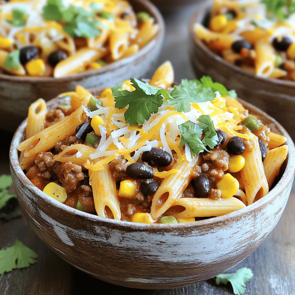 - 12 oz pasta (penne or rotini) - 1 lb ground beef or ground turkey - 1 medium onion, finely diced - 2 cloves garlic, minced - 1 can (15 oz) black beans, rinsed and drained - 1 can (15 oz) diced tomatoes with green chilies - 1 cup corn kernels - 1 tablespoon chili powder - 1 teaspoon ground cumin - 1 teaspoon smoked paprika - Salt and black pepper to taste - 1 cup shredded cheese - 2 tablespoons olive oil - Fresh cilantro or parsley for garnish When making cowboy pasta, fresh ingredients make a big difference. I love using a mix of flavors that dance together. Start with your choice of pasta; penne or rotini works best here. Then, choose your protein: ground beef or turkey both add great taste. Next, you'll need an onion and garlic for that aromatic base. Do not skip the black beans; they add protein and fiber. The diced tomatoes with green chilies give a nice kick. Corn adds some sweetness, while chili powder, cumin, and smoked paprika bring warmth to the dish. Season with salt and black pepper to taste. Top it all off with shredded cheese for creaminess. Finally, a sprinkle of fresh herbs like cilantro or parsley makes it pretty and fresh. For the full recipe, follow the steps I outlined to create a hearty meal that's sure to please the whole family. - Bring salted water to a boil. - Add the pasta and cook until al dente, about 8-10 minutes. - Drain and set aside. - Heat olive oil in a skillet over medium heat. - Sauté the diced onion until it becomes translucent, about 3-4 minutes. - Add the minced garlic and ground meat. Cook until browned, about 6-8 minutes. - Season the mixture with chili powder, ground cumin, smoked paprika, salt, and black pepper. - Stir in the diced tomatoes, black beans, and corn. - Simmer for about 5 minutes to meld the flavors. - Add the cooked pasta to the skillet. - Toss everything to combine, adjusting consistency with a splash of water if needed. - Top with shredded cheese and cover to let it melt. Enjoy making this cowboy pasta! For the full recipe, check the recipe card above. To avoid mushy pasta, cook it until al dente. This means it should be firm to the bite. When you drain it, don’t rinse the pasta. Rinsing washes away the starch that helps the sauce stick. For seasoning meat, always start with salt and pepper. Then, use chili powder, cumin, and smoked paprika. These spices add depth and warmth. Adjust the seasoning based on your taste. To melt cheese perfectly, sprinkle it generously on top. Then, cover the skillet with a lid for a few minutes. The steam helps melt the cheese without burning it. For presentation, use rustic dishes or cast iron skillets. These add a hearty feel to the meal. A bright lime wedge on the side adds a zesty touch and looks great. Pair cowboy pasta with a light salad or cornbread. A cold drink, like iced tea, complements the flavors well. For garnishing, fresh cilantro or parsley adds color and freshness. You can also sprinkle extra cheese on top for richness. For the full recipe, check the main section. {{image_4}} You can easily make a vegetarian version of cowboy pasta. Simply substitute the meat with lentils or mushrooms. Lentils add protein and fiber, while mushrooms give a nice texture. You can also add more vegetables for nutrition. Try bell peppers, zucchini, or spinach. This not only boosts the health factor but also adds color and flavor to your dish. Want to adjust the spice level? You can make it mild or hot. To keep it mild, reduce the chili powder. For those who love heat, add jalapeños or crushed red pepper flakes. You can also serve extra hot sauce on the side. This way, everyone can adjust to their own taste. If you need a gluten-free option, use gluten-free pasta brands. They work well in this recipe. Just check the cooking time, as it may differ. You might also want to add a splash of extra sauce to keep it moist. This ensures that you enjoy every bite without worrying about gluten. You can store leftovers of cowboy pasta in the fridge for up to three days. Use airtight containers to keep the pasta fresh and flavorful. Glass or plastic containers work well. Make sure to let the pasta cool down before sealing it. This helps prevent moisture build-up. To freeze cowboy pasta, let it cool completely. Then, transfer it to freezer-safe bags or containers. Remove as much air as possible to prevent freezer burn. This meal can last up to three months in the freezer. When reheating frozen cowboy pasta, it's best to thaw it overnight in the fridge first. Then, heat it in a skillet over medium heat. Add a splash of water or broth to keep it moist. Stir until it’s heated through. You can also microwave it in short bursts, stirring in between, for a quicker option. For the full recipe, check out the Cowboy Pasta Delight section. Enjoy your hearty meal! Cowboy pasta is a hearty dish that blends pasta with flavors of the Southwest. It brings together ground meat, beans, corn, and spices. This dish is not just filling; it also tells a story of comfort food from cowboy culture. Many families enjoy this meal for its rich taste and easy prep. It’s a favorite for gatherings and weeknight dinners. Yes, you can use turkey instead of beef in cowboy pasta. Turkey gives a lighter flavor and less fat. It may change the overall taste slightly, but it still works well. If you choose turkey, make sure to season it well to enhance its flavor. Ground turkey cooks just like beef, so you can follow the same steps in the recipe. If you want a dairy-free option, you can skip the cheese altogether. Nutritional yeast adds a cheesy flavor without dairy. You can also use plant-based cheese made from nuts or soy. These alternatives melt differently, so be sure to check the package instructions. For those who prefer no cheese, fresh herbs can add flavor. In this blog post, we explored how to make Cowboy Pasta, a tasty and hearty dish. We covered the ingredients, step-by-step cooking instructions, and tips for a perfect meal. Don't forget to try the variations to suit your taste. This dish is versatile and fun to serve. I hope you feel inspired to create your own Cowboy Pasta at home. Enjoy the cooking process and the great flavors that come together in this comforting dish!