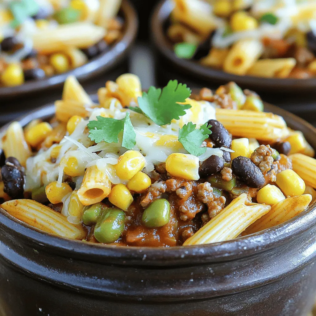 - 12 oz pasta (penne or rotini) - 1 lb ground beef or ground turkey - 1 medium onion, finely diced - 2 cloves garlic, minced - 1 can (15 oz) black beans, rinsed and drained - 1 can (15 oz) diced tomatoes with green chilies - 1 cup corn kernels - 1 tablespoon chili powder - 1 teaspoon ground cumin - 1 teaspoon smoked paprika - Salt and black pepper to taste - 1 cup shredded cheese - 2 tablespoons olive oil - Fresh cilantro or parsley for garnish When making cowboy pasta, fresh ingredients make a big difference. I love using a mix of flavors that dance together. Start with your choice of pasta; penne or rotini works best here. Then, choose your protein: ground beef or turkey both add great taste. Next, you'll need an onion and garlic for that aromatic base. Do not skip the black beans; they add protein and fiber. The diced tomatoes with green chilies give a nice kick. Corn adds some sweetness, while chili powder, cumin, and smoked paprika bring warmth to the dish. Season with salt and black pepper to taste. Top it all off with shredded cheese for creaminess. Finally, a sprinkle of fresh herbs like cilantro or parsley makes it pretty and fresh. For the full recipe, follow the steps I outlined to create a hearty meal that's sure to please the whole family. - Bring salted water to a boil. - Add the pasta and cook until al dente, about 8-10 minutes. - Drain and set aside. - Heat olive oil in a skillet over medium heat. - Sauté the diced onion until it becomes translucent, about 3-4 minutes. - Add the minced garlic and ground meat. Cook until browned, about 6-8 minutes. - Season the mixture with chili powder, ground cumin, smoked paprika, salt, and black pepper. - Stir in the diced tomatoes, black beans, and corn. - Simmer for about 5 minutes to meld the flavors. - Add the cooked pasta to the skillet. - Toss everything to combine, adjusting consistency with a splash of water if needed. - Top with shredded cheese and cover to let it melt. Enjoy making this cowboy pasta! For the full recipe, check the recipe card above. To avoid mushy pasta, cook it until al dente. This means it should be firm to the bite. When you drain it, don’t rinse the pasta. Rinsing washes away the starch that helps the sauce stick. For seasoning meat, always start with salt and pepper. Then, use chili powder, cumin, and smoked paprika. These spices add depth and warmth. Adjust the seasoning based on your taste. To melt cheese perfectly, sprinkle it generously on top. Then, cover the skillet with a lid for a few minutes. The steam helps melt the cheese without burning it. For presentation, use rustic dishes or cast iron skillets. These add a hearty feel to the meal. A bright lime wedge on the side adds a zesty touch and looks great. Pair cowboy pasta with a light salad or cornbread. A cold drink, like iced tea, complements the flavors well. For garnishing, fresh cilantro or parsley adds color and freshness. You can also sprinkle extra cheese on top for richness. For the full recipe, check the main section. {{image_4}} You can easily make a vegetarian version of cowboy pasta. Simply substitute the meat with lentils or mushrooms. Lentils add protein and fiber, while mushrooms give a nice texture. You can also add more vegetables for nutrition. Try bell peppers, zucchini, or spinach. This not only boosts the health factor but also adds color and flavor to your dish. Want to adjust the spice level? You can make it mild or hot. To keep it mild, reduce the chili powder. For those who love heat, add jalapeños or crushed red pepper flakes. You can also serve extra hot sauce on the side. This way, everyone can adjust to their own taste. If you need a gluten-free option, use gluten-free pasta brands. They work well in this recipe. Just check the cooking time, as it may differ. You might also want to add a splash of extra sauce to keep it moist. This ensures that you enjoy every bite without worrying about gluten. You can store leftovers of cowboy pasta in the fridge for up to three days. Use airtight containers to keep the pasta fresh and flavorful. Glass or plastic containers work well. Make sure to let the pasta cool down before sealing it. This helps prevent moisture build-up. To freeze cowboy pasta, let it cool completely. Then, transfer it to freezer-safe bags or containers. Remove as much air as possible to prevent freezer burn. This meal can last up to three months in the freezer. When reheating frozen cowboy pasta, it's best to thaw it overnight in the fridge first. Then, heat it in a skillet over medium heat. Add a splash of water or broth to keep it moist. Stir until it’s heated through. You can also microwave it in short bursts, stirring in between, for a quicker option. For the full recipe, check out the Cowboy Pasta Delight section. Enjoy your hearty meal! Cowboy pasta is a hearty dish that blends pasta with flavors of the Southwest. It brings together ground meat, beans, corn, and spices. This dish is not just filling; it also tells a story of comfort food from cowboy culture. Many families enjoy this meal for its rich taste and easy prep. It’s a favorite for gatherings and weeknight dinners. Yes, you can use turkey instead of beef in cowboy pasta. Turkey gives a lighter flavor and less fat. It may change the overall taste slightly, but it still works well. If you choose turkey, make sure to season it well to enhance its flavor. Ground turkey cooks just like beef, so you can follow the same steps in the recipe. If you want a dairy-free option, you can skip the cheese altogether. Nutritional yeast adds a cheesy flavor without dairy. You can also use plant-based cheese made from nuts or soy. These alternatives melt differently, so be sure to check the package instructions. For those who prefer no cheese, fresh herbs can add flavor. In this blog post, we explored how to make Cowboy Pasta, a tasty and hearty dish. We covered the ingredients, step-by-step cooking instructions, and tips for a perfect meal. Don't forget to try the variations to suit your taste. This dish is versatile and fun to serve. I hope you feel inspired to create your own Cowboy Pasta at home. Enjoy the cooking process and the great flavors that come together in this comforting dish!