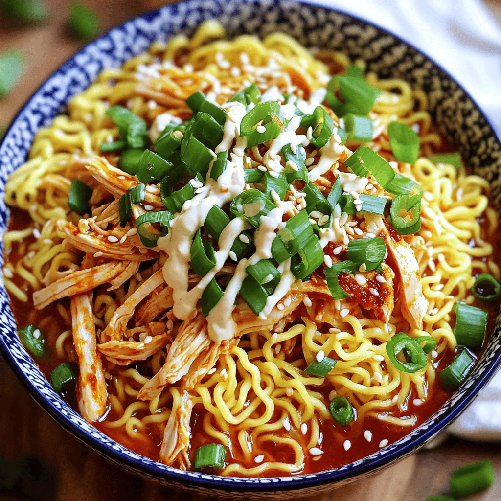 - 2 boneless, skinless chicken thighs - 2 cups chicken broth - 2 packs of ramen noodles - 1 tablespoon chili paste - 1 teaspoon garlic powder - 1 tablespoon fresh ginger, grated - ½ cup heavy cream - 1 tablespoon sesame oil - Salt and freshly cracked pepper to taste - 2 green onions, thinly sliced - Sesame seeds for garnish When making this fiery chicken ramen, gather all the ingredients first. The chicken thighs give the dish great flavor. Chicken broth adds richness to the ramen. The ramen noodles are the star of this recipe. For flavor, use chili paste, garlic powder, and fresh ginger. These will boost the taste nicely. The creamy sauce uses heavy cream and sesame oil for a rich finish. Don't forget salt and pepper for seasoning. Finally, prepare green onions and sesame seeds for garnishing. They add fresh flavor and a nice crunch. For the full recipe, check out the details above. Enjoy creating this tasty dish! - Combine soy sauce, chili paste, garlic powder, and ginger. - Coat chicken thighs and let sit for 30 minutes. Marinating the chicken adds flavor. The soy sauce gives umami, while chili paste brings heat. Garlic powder and ginger add depth. Allowing the chicken to marinate for 30 minutes helps it soak in these tasty flavors. - Heat vegetable oil and sear chicken on both sides until golden brown. - Transfer to a plate and let rest. Heat the vegetable oil in a large pot over medium-high heat. Once hot, add the marinated chicken thighs. Sear them for about 5 minutes on each side. This creates a nice golden crust. After cooking, let the chicken rest on a plate. This step keeps it juicy. - Pour chicken broth into the pot and bring to a gentle simmer. - Shred the seared chicken into bite-sized pieces. In the same pot, add chicken broth. Bring it to a gentle simmer. While it heats, take two forks to shred the seared chicken into bite-sized pieces. This makes it easy to eat later. - Add ramen noodles to the broth and cook according to package instructions. Add the ramen noodles to the simmering broth. Cook them for about 3 to 4 minutes, following the package instructions. Stir occasionally to keep them from sticking together. - Heat sesame oil, add heavy cream and remaining chili paste, whisking constantly. In a small saucepan, heat sesame oil over low heat. Add heavy cream and the leftover chili paste. Whisk constantly to mix well. Let it simmer for about 2 minutes until the sauce thickens and turns creamy. - Mix shredded chicken and noodles, season to taste, and serve with toppings. Once the noodles are cooked, add shredded chicken into the pot. Stir everything together to combine. Taste the mixture and season with salt and freshly cracked pepper as you like. Ladle the ramen into bowls and serve hot. Top each bowl with green onions and sesame seeds for crunch. For the complete recipe, check out the Full Recipe section. Enjoy! You can adjust the chili paste in the recipe. If you like it spicy, add more. If you prefer mild, use less. It’s all about what you enjoy. Taste as you go. This will help you find your perfect heat. Whisk the sauce really well while cooking. This keeps it smooth and creamy. If you stop whisking, it can scorch. I recommend using a low heat. This will help maintain that rich, creamy texture that makes this dish special. To make your meal even better, add some steamed vegetables. Broccoli or bok choy works great. You can also serve it with crusty bread. This gives you something to soak up all that tasty broth. Enjoy your bowl of ramen with a side for a full meal! {{image_4}} Try using tofu or shrimp in this recipe. Tofu gives a nice texture and soaks up flavors well. Shrimp cooks fast and adds a seafood twist. Both options keep the dish tasty and fun. You can use the same marinade from the chicken to flavor your tofu or shrimp. Just adjust the cooking time. For a vegetarian version, replace chicken with vegetable broth. This change keeps the flavor while making it meat-free. Add mushrooms, bok choy, or spinach for extra nutrition. You can also toss in carrots or bell peppers for more color and crunch. Cooking the vegetables in the broth enhances their taste. Feel free to experiment with different types of noodles. Udon or soba noodles can offer new textures. You can also switch sauces, like using miso or teriyaki. This adds layers of flavor and keeps things exciting. Play around and find your favorite combination. Each variation can change the whole vibe of your ramen. For the full recipe, check back to ensure you have all the basics covered. Store leftovers in an airtight container in the fridge for up to 3 days. This keeps the flavors fresh. When you are ready to eat, just open the container and enjoy. Freeze components separately to maintain texture; consume within a month. This helps prevent soggy noodles or clumpy sauce. To freeze, place the chicken and sauce in one container and the noodles in another. Reheat on the stove with a splash of broth or water to restore consistency. This method warms everything evenly and keeps the dish tasty. Avoid using the microwave, as it can dry out the noodles. For best results, gently stir while heating. Yes, instant ramen noodles can be used; just adjust cooking time. Instant noodles cook faster than fresh ones. Usually, they take about 2-3 minutes to soften. You may need to reduce the broth slightly to avoid a soupy mix. Use coconut cream or a dairy-free cream for a lighter option. Coconut cream adds a nice flavor while keeping it rich. You can also try cashew cream for a nutty taste. Both options work well in this dish. Reduce the amount of chili paste or use a milder sauce. You can start with half the chili paste. Taste as you go. Adding a bit of sugar can also help balance the heat. Yes, you can prepare the sauce in advance and reheat when ready to serve. Just store it in an airtight container in the fridge. When ready to use, gently warm it on the stove while stirring. This keeps it smooth and creamy. For the full recipe, check out the details above. This blog post outlined a simple yet rich chicken ramen recipe. I shared key ingredients, easy steps, and helpful tips. You learned how to enhance flavors and create a creamy sauce. Remember, you can switch proteins or adjust spice levels for your taste. This meal is versatile and can fit any occasion. Enjoy making this dish and sharing it with loved ones. Your kitchen will smell amazing, and every bite will satisfy. Get cooking!