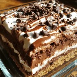- 12 chocolate graham crackers - 1 cup heavy cream - 8 oz cream cheese, softened to room temperature - 1 cup powdered sugar The main ingredients make this dessert rich and creamy. Chocolate graham crackers form the base and layers. Heavy cream adds fluffiness. The cream cheese and powdered sugar mixture brings sweetness and a smooth texture. - 1 cup milk (preferably whole milk for creaminess) - 1 package (3.4 oz) instant chocolate pudding mix - 1 cup semi-sweet chocolate chips - 1 cup Cool Whip or whipped topping The milk and instant chocolate pudding mix create a thick, luscious layer. Semi-sweet chocolate chips add extra chocolate flavor and a nice crunch. Cool Whip gives a light and airy finish to the dessert. - Shaved chocolate or chocolate curls Garnishes like shaved chocolate or curls add a touch of elegance. They make your chocolate lasagna look beautiful and inviting. Plus, they enhance the chocolate flavor, making it even more tempting. For the complete recipe, check out the [Full Recipe]. 1. Start with an 8 oz block of softened cream cheese. Place it in a large mixing bowl. 2. Add 1 cup of powdered sugar gradually. Mix until smooth. Use an electric mixer on medium speed. 3. In a separate bowl, pour 1 cup of heavy cream. Whip it until it forms stiff peaks. 4. Carefully fold the whipped cream into the cream cheese mixture. Use a spatula to keep it light. 1. Grab a clean mixing bowl. Pour in 1 cup of milk, preferably whole milk for the best taste. 2. Add a package of instant chocolate pudding mix (3.4 oz). 3. Whisk the milk and pudding mix together for about 2 minutes. Keep whisking until it thickens. 1. Choose a 9x13 inch dish. Lay 4 chocolate graham crackers flat on the bottom. 2. Spread half of the cream cheese mixture over the graham crackers. Smooth it out for an even layer. 3. Lay down another 4 chocolate graham crackers on top of the cream cheese layer. 4. Pour half of the chocolate pudding over this layer. Spread it evenly. 5. Add the remaining cream cheese mixture on top and smooth it out again. 6. Finish with the last 4 chocolate graham crackers on top. Pour the rest of the chocolate pudding over this layer. 1. Gently spread 1 cup of Cool Whip over the top layer of pudding. Be careful not to disturb the layers. 2. Sprinkle 1 cup of semi-sweet chocolate chips on top for extra flavor. 3. Cover the dish tightly with plastic wrap or a lid. 4. Refrigerate for at least 4 hours, or overnight for the best results. This allows the flavors to blend and the dessert to set. For the full recipe, check the previous section. Enjoy your Chocolate Heaven Lasagna! To make your chocolate lasagna look great, even layers matter. Start with four chocolate graham crackers on the bottom. Press them down gently but firmly for a solid base. When you spread your cream cheese mixture, use a spatula to smooth it out evenly. This helps each bite have the same taste. Avoid soggy graham crackers by not adding too much liquid. When you layer the pudding, spread it evenly. This way, the crackers stay crisp and delicious. Letting the dessert chill for a while also helps the layers set well. Whipping cream is key for a light texture. Start with cold heavy cream. Beat it on high speed until you see stiff peaks. This means the cream holds its shape well. Avoid whipping too long, or it will turn grainy. When you fold the whipped cream into your cream cheese mix, use a spatula. Gently lift and turn the mixture. This keeps the air in the whipped cream, making your dessert light and fluffy. Use pre-made ingredients to save time. You can find ready-made Cool Whip and instant pudding mix at your store. This cuts down on prep time and makes it easy. If you need shortcuts, consider using a food processor for mixing. It speeds up the process of making your cream cheese layer. With these methods, you can whip up this tasty dessert in no time. For the full recipe, check out the Chocolate Heaven Lasagna recipe above. {{image_4}} You can mix things up with flavored lasagna options. One popular choice is peanut butter chocolate lasagna. Just add peanut butter to the cream cheese layer. This gives a rich, nutty taste that pairs well with chocolate. Another fun option is mint chocolate lasagna. You can use mint extract in the cream cheese layer. This adds a fresh taste that makes the dessert feel special. You can also add crushed mint candies on top for extra crunch. If you want a lighter version, try low-fat cream cheese alternatives. These options work well in the cream cheese layer. They reduce calories without losing flavor. You can also use sugar substitutes if you want to cut back on sugar. Stevia or erythritol are good choices for a sweet taste without the extra calories. Seasonal variations can make your dessert even more exciting. In fall, try pumpkin chocolate lasagna. Just mix pumpkin puree with cream cheese for a warm flavor. In summer, you can whip up a berry-infused chocolate lasagna. Add fresh berries to the layers for a fruity twist. This makes the dessert bright and refreshing. For the full recipe, check out the Chocolate Heaven Lasagna. Enjoy experimenting with these fun variations! To keep your chocolate lasagna fresh, use a glass or plastic container. A tight lid is key. Wrap it with plastic wrap if you don't have a lid. Make sure to cover the surface to avoid drying out. This keeps the layers moist and tasty. In the fridge, your chocolate lasagna will last about 3 to 5 days. If you need to store it longer, freezing is an option. For freezing, cut the lasagna into pieces. Wrap each piece well. Use plastic wrap or freezer bags. It can last up to 2 months in the freezer. To revive frozen chocolate lasagna, let it thaw in the fridge overnight. This ensures it stays creamy. When serving, remove it from the fridge and let it sit for about 10 minutes. This makes slicing easier. You can garnish it with shaved chocolate right before serving. Enjoy your delicious treat! For the full recipe, check out the [Full Recipe]. Chocolate lasagna is a fun no-bake dessert. It has layers of chocolate graham crackers, cream cheese, and chocolate pudding. The texture is creamy and crunchy. You get a rich, sweet flavor in every bite. Each layer brings something unique, making this treat a crowd-pleaser. Yes, you can make chocolate lasagna ahead of time! In fact, it tastes better when chilled overnight. Just store it in the fridge, covered tightly. This lets the flavors mix well. It also helps the layers set, making it easier to slice. You can swap chocolate graham crackers for regular ones or even vanilla wafers. If you want a dairy-free option, use dairy-free cream cheese and coconut whipped cream. For a lower sugar option, try sugar-free pudding mix. You can add your favorite flavors! Mix in peanut butter with the cream cheese layer or use mint chocolate pudding. You can also add fruits like strawberries or bananas between the layers. Get creative and make it your own! Chocolate lasagna can be made gluten-free and dairy-free. Use gluten-free graham crackers and dairy-free cream cheese. This way, more people can enjoy this tasty dessert. Always check the labels to confirm that all ingredients fit the diet requirements. For the full recipe, check out the instructions to create your own Chocolate Heaven Lasagna! This blog post covers all you need to know about making chocolate lasagna. We explored main and additional ingredients, offering step-by-step instructions for a delightful dessert. I shared tips for perfect layering and some tasty variations. Storage practices ensure your treat stays fresh, while FAQs address common concerns. Get creative with flavors and enjoy this dessert your way. Chocolate lasagna is fun to make and share, perfect for any occasion.