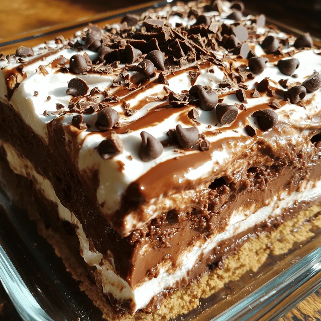 - 12 chocolate graham crackers - 1 cup heavy cream - 8 oz cream cheese, softened to room temperature - 1 cup powdered sugar The main ingredients make this dessert rich and creamy. Chocolate graham crackers form the base and layers. Heavy cream adds fluffiness. The cream cheese and powdered sugar mixture brings sweetness and a smooth texture. - 1 cup milk (preferably whole milk for creaminess) - 1 package (3.4 oz) instant chocolate pudding mix - 1 cup semi-sweet chocolate chips - 1 cup Cool Whip or whipped topping The milk and instant chocolate pudding mix create a thick, luscious layer. Semi-sweet chocolate chips add extra chocolate flavor and a nice crunch. Cool Whip gives a light and airy finish to the dessert. - Shaved chocolate or chocolate curls Garnishes like shaved chocolate or curls add a touch of elegance. They make your chocolate lasagna look beautiful and inviting. Plus, they enhance the chocolate flavor, making it even more tempting. For the complete recipe, check out the [Full Recipe]. 1. Start with an 8 oz block of softened cream cheese. Place it in a large mixing bowl. 2. Add 1 cup of powdered sugar gradually. Mix until smooth. Use an electric mixer on medium speed. 3. In a separate bowl, pour 1 cup of heavy cream. Whip it until it forms stiff peaks. 4. Carefully fold the whipped cream into the cream cheese mixture. Use a spatula to keep it light. 1. Grab a clean mixing bowl. Pour in 1 cup of milk, preferably whole milk for the best taste. 2. Add a package of instant chocolate pudding mix (3.4 oz). 3. Whisk the milk and pudding mix together for about 2 minutes. Keep whisking until it thickens. 1. Choose a 9x13 inch dish. Lay 4 chocolate graham crackers flat on the bottom. 2. Spread half of the cream cheese mixture over the graham crackers. Smooth it out for an even layer. 3. Lay down another 4 chocolate graham crackers on top of the cream cheese layer. 4. Pour half of the chocolate pudding over this layer. Spread it evenly. 5. Add the remaining cream cheese mixture on top and smooth it out again. 6. Finish with the last 4 chocolate graham crackers on top. Pour the rest of the chocolate pudding over this layer. 1. Gently spread 1 cup of Cool Whip over the top layer of pudding. Be careful not to disturb the layers. 2. Sprinkle 1 cup of semi-sweet chocolate chips on top for extra flavor. 3. Cover the dish tightly with plastic wrap or a lid. 4. Refrigerate for at least 4 hours, or overnight for the best results. This allows the flavors to blend and the dessert to set. For the full recipe, check the previous section. Enjoy your Chocolate Heaven Lasagna! To make your chocolate lasagna look great, even layers matter. Start with four chocolate graham crackers on the bottom. Press them down gently but firmly for a solid base. When you spread your cream cheese mixture, use a spatula to smooth it out evenly. This helps each bite have the same taste. Avoid soggy graham crackers by not adding too much liquid. When you layer the pudding, spread it evenly. This way, the crackers stay crisp and delicious. Letting the dessert chill for a while also helps the layers set well. Whipping cream is key for a light texture. Start with cold heavy cream. Beat it on high speed until you see stiff peaks. This means the cream holds its shape well. Avoid whipping too long, or it will turn grainy. When you fold the whipped cream into your cream cheese mix, use a spatula. Gently lift and turn the mixture. This keeps the air in the whipped cream, making your dessert light and fluffy. Use pre-made ingredients to save time. You can find ready-made Cool Whip and instant pudding mix at your store. This cuts down on prep time and makes it easy. If you need shortcuts, consider using a food processor for mixing. It speeds up the process of making your cream cheese layer. With these methods, you can whip up this tasty dessert in no time. For the full recipe, check out the Chocolate Heaven Lasagna recipe above. {{image_4}} You can mix things up with flavored lasagna options. One popular choice is peanut butter chocolate lasagna. Just add peanut butter to the cream cheese layer. This gives a rich, nutty taste that pairs well with chocolate. Another fun option is mint chocolate lasagna. You can use mint extract in the cream cheese layer. This adds a fresh taste that makes the dessert feel special. You can also add crushed mint candies on top for extra crunch. If you want a lighter version, try low-fat cream cheese alternatives. These options work well in the cream cheese layer. They reduce calories without losing flavor. You can also use sugar substitutes if you want to cut back on sugar. Stevia or erythritol are good choices for a sweet taste without the extra calories. Seasonal variations can make your dessert even more exciting. In fall, try pumpkin chocolate lasagna. Just mix pumpkin puree with cream cheese for a warm flavor. In summer, you can whip up a berry-infused chocolate lasagna. Add fresh berries to the layers for a fruity twist. This makes the dessert bright and refreshing. For the full recipe, check out the Chocolate Heaven Lasagna. Enjoy experimenting with these fun variations! To keep your chocolate lasagna fresh, use a glass or plastic container. A tight lid is key. Wrap it with plastic wrap if you don't have a lid. Make sure to cover the surface to avoid drying out. This keeps the layers moist and tasty. In the fridge, your chocolate lasagna will last about 3 to 5 days. If you need to store it longer, freezing is an option. For freezing, cut the lasagna into pieces. Wrap each piece well. Use plastic wrap or freezer bags. It can last up to 2 months in the freezer. To revive frozen chocolate lasagna, let it thaw in the fridge overnight. This ensures it stays creamy. When serving, remove it from the fridge and let it sit for about 10 minutes. This makes slicing easier. You can garnish it with shaved chocolate right before serving. Enjoy your delicious treat! For the full recipe, check out the [Full Recipe]. Chocolate lasagna is a fun no-bake dessert. It has layers of chocolate graham crackers, cream cheese, and chocolate pudding. The texture is creamy and crunchy. You get a rich, sweet flavor in every bite. Each layer brings something unique, making this treat a crowd-pleaser. Yes, you can make chocolate lasagna ahead of time! In fact, it tastes better when chilled overnight. Just store it in the fridge, covered tightly. This lets the flavors mix well. It also helps the layers set, making it easier to slice. You can swap chocolate graham crackers for regular ones or even vanilla wafers. If you want a dairy-free option, use dairy-free cream cheese and coconut whipped cream. For a lower sugar option, try sugar-free pudding mix. You can add your favorite flavors! Mix in peanut butter with the cream cheese layer or use mint chocolate pudding. You can also add fruits like strawberries or bananas between the layers. Get creative and make it your own! Chocolate lasagna can be made gluten-free and dairy-free. Use gluten-free graham crackers and dairy-free cream cheese. This way, more people can enjoy this tasty dessert. Always check the labels to confirm that all ingredients fit the diet requirements. For the full recipe, check out the instructions to create your own Chocolate Heaven Lasagna! This blog post covers all you need to know about making chocolate lasagna. We explored main and additional ingredients, offering step-by-step instructions for a delightful dessert. I shared tips for perfect layering and some tasty variations. Storage practices ensure your treat stays fresh, while FAQs address common concerns. Get creative with flavors and enjoy this dessert your way. Chocolate lasagna is fun to make and share, perfect for any occasion.