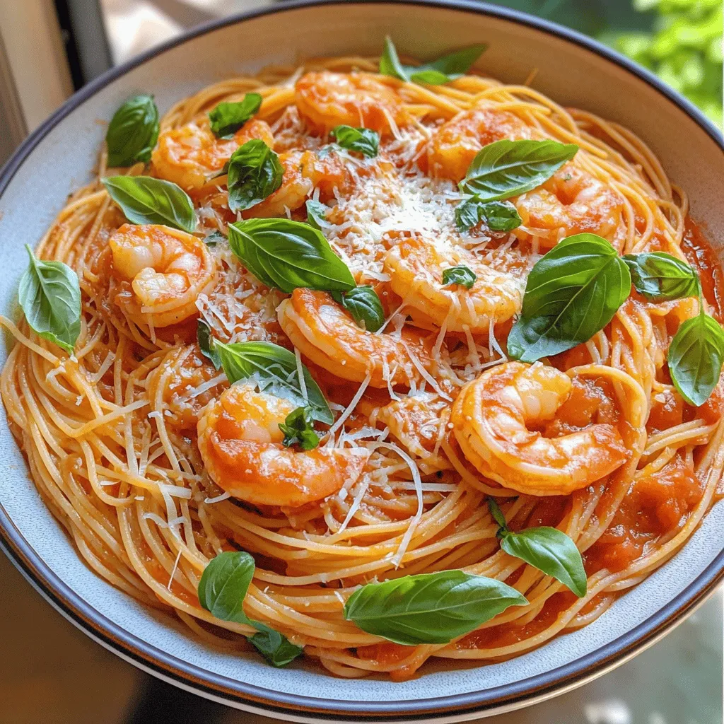 - 8 oz spaghetti - 1 lb large shrimp, peeled and deveined - 1 can (14 oz) crushed tomatoes - 1 cup heavy cream - 3 cloves garlic, minced - 1 small onion, finely chopped - 1 tablespoon olive oil - 1 teaspoon red pepper flakes (adjust for heat preference) - ½ cup grated Parmesan cheese - 1 tablespoon fresh basil, chopped (for garnish) - Salt and pepper to taste Each ingredient plays a special part in this dish. The spaghetti serves as the base, providing a hearty texture. Large shrimp add a nice protein punch and a sweet, ocean flavor. Crushed tomatoes give the sauce its body and rich taste. Heavy cream makes the sauce creamy and smooth, while garlic and onion build a fragrant foundation. Olive oil helps to sauté everything, and red pepper flakes offer a hint of heat. Parmesan cheese adds a salty, nutty flavor, and fresh basil gives a bright finish. Salt and pepper enhance all these flavors, bringing the dish together. For extra flair, consider these garnishes: - Extra chopped basil for freshness - A sprinkle of more Parmesan for richness - A drizzle of olive oil for added flavor - Lemon zest for a citrusy lift These optional touches can elevate your dish and make it even more delightful. For the full recipe, check out the detailed steps and tips. To cook spaghetti, start with a large pot. Fill it with water and add a pinch of salt. Bring the water to a rolling boil. Once boiling, add the spaghetti. Cook it according to the package instructions until it is al dente. This means it should be firm but not hard. After cooking, drain the spaghetti, but save about half a cup of the pasta water. This starchy water helps to adjust the sauce later. Next, we need to build flavor. In a large skillet, pour in some olive oil and heat it over medium heat. Once the oil is hot, add the finely chopped onion. Sauté it for about three minutes until it turns soft and clear. Then, add the minced garlic and sauté for another minute. You want the garlic to be fragrant, but not browned. This mix will give a tasty base to your sauce. Now it’s time for the sauce. In the same skillet, add a can of crushed tomatoes. Stir it well and let it simmer gently. After a few minutes, pour in the heavy cream. Mix it until combined. Add salt and pepper to taste. Let the sauce simmer for about five to seven minutes. Stir it occasionally. This allows it to thicken and develop a rich flavor. After the sauce is ready, return the cooked shrimp to the skillet. Then, add the drained spaghetti. If the sauce seems too thick, use some of that reserved pasta water to loosen it up. Toss everything gently. You want each piece of shrimp and spaghetti coated in that creamy tomato sauce. For the final touch, stir in the grated Parmesan cheese. This makes the sauce extra rich. For the complete recipe, check out the Full Recipe. To cook shrimp just right, start with fresh shrimp. Look for shrimp that smell like the ocean, not fishy. Peel and devein them before cooking. Heat your skillet until it’s hot, then add the shrimp quickly. Cook them for about 2-3 minutes. Watch for their color change to pink. This tells you they are done. Overcooked shrimp can turn rubbery, so keep an eye on them. For a creamy sauce, balance is key. Start with crushed tomatoes and then add heavy cream. Stir well to combine. Let the sauce simmer gently. If it gets too thick, use reserved pasta water to loosen it. This starchy water adds flavor and helps the sauce cling to your pasta. Aim for a smooth and rich texture that coats the spaghetti well. To serve your spaghetti beautifully, choose wide, shallow bowls. This style allows for a lovely presentation. Twirl the spaghetti in the center of the bowl for a nice look. Top with a sprinkle of fresh basil and extra Parmesan cheese. A twist of black pepper adds a nice touch too. The key is to make the dish look as good as it tastes, inviting everyone to dig in. {{image_4}} You can easily add veggies to this dish. Adding vegetables boosts nutrition and flavor. Here are some great options: - Spinach: Stir in fresh spinach at the end. It wilts quickly and adds color. - Bell Peppers: Chop and sauté bell peppers with onions for sweetness. - Zucchini: Slice zucchini thin and add it to the sauce. It cooks fast and blends well. - Mushrooms: Sauté sliced mushrooms for a meaty texture and earthy flavor. These veggies not only add nutrients but also make the dish more colorful and appealing. If you have dietary needs, don’t worry! You can adapt this recipe easily. - Gluten-Free: Use gluten-free spaghetti. Many brands offer great taste and texture. - Dairy-Free: Swap heavy cream with coconut cream or a dairy-free cream. Nutritional yeast can add a cheesy flavor. - Cheese Alternatives: Use a dairy-free cheese for topping. This way, you still get that creamy finish. These swaps keep the dish tasty while meeting your dietary needs. If you want a different protein, consider these options. They work well in this creamy sauce. - Chicken: Use bite-sized pieces of chicken. Cook them until golden brown before adding the sauce. - Tofu: Firm tofu can be cubed and added for a vegetarian choice. Sauté until golden for better texture. - Scallops: If you love seafood, scallops make a great alternative. They cook quickly and add a sweet flavor. These options let you enjoy a new twist on this classic dish. For the full recipe, check the earlier section. After enjoying your spaghetti with shrimp in creamy tomato sauce, store any leftovers in a shallow container. Make sure the dish is cool before sealing it. This helps keep moisture inside. Use an airtight container to avoid any odors from your fridge. Leftovers can stay fresh for up to three days. Always label your containers with the date. When you're ready to enjoy your leftovers, reheating them gently will keep flavors intact. Use a skillet over low heat to warm the dish. Add a splash of water or extra cream to keep it creamy. Stir often to ensure even heating. You can also use the microwave, but cover it loosely to avoid splatters. Heat in short bursts, stirring in between. If you want to save your spaghetti with shrimp for another day, freezing is a great option. Let the dish cool completely, then divide it into portions. Use freezer-safe bags or containers. Remove as much air as you can to prevent freezer burn. Your dish can remain in the freezer for about three months. To reheat, thaw it in the fridge overnight before warming it up. This keeps the texture and flavors fresh. Yes, you can use frozen shrimp. Just make sure to thaw them first. Place the shrimp in a bowl of cold water for about 15-20 minutes. This way, you can cook them evenly. The taste and texture will still be great in your creamy tomato sauce. If you want a lighter option, use half-and-half or whole milk mixed with cornstarch. You can also try coconut cream for a dairy-free choice. Each option gives a different taste, but they can work well in the sauce. To make more servings, simply double the amount of all ingredients. For example, use 16 oz of spaghetti and 2 lbs of shrimp. Keep the same cooking times, but check the sauce to ensure it thickens well. You can add more seasoning to taste. This blog post covered making a tasty spaghetti dish with shrimp and creamy sauce. You learned about key ingredients and how they create flavor. We discussed cooking tips to get perfect shrimp and sauce. I shared variations to suit your diet needs and storage methods to keep your meal fresh. Remember, cooking is fun and easy. Try this dish and enjoy the taste!