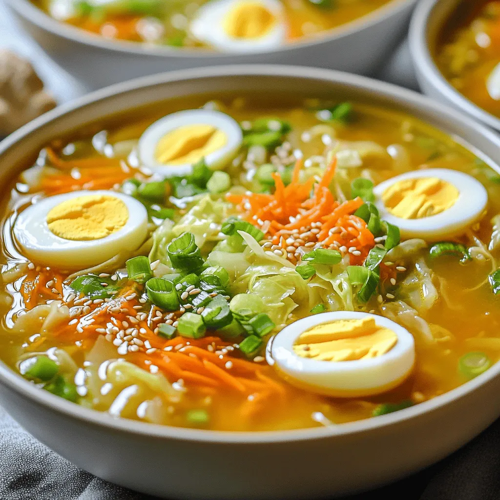 To make a tasty egg roll soup, gather these simple ingredients: - 1 tablespoon vegetable oil - 1/2 pound ground pork (or chicken) - 1 cup shredded carrots - 1 cup chopped green cabbage - 3 green onions, thinly sliced - 2 cloves garlic, minced - 1 tablespoon fresh ginger, minced - 4 cups chicken broth - 2 tablespoons low-sodium soy sauce - 1 tablespoon sesame oil - 1 teaspoon rice vinegar - 1/4 teaspoon crushed red pepper flakes (optional, adjust to taste) - Salt and pepper, to taste - 2 hard-boiled eggs, sliced (for garnish) - 1 tablespoon sesame seeds (for garnish) You can swap ingredients if needed. Here are some easy options: - Use ground turkey instead of pork or chicken. - Replace cabbage with bok choy or spinach for a different taste. - Try tamari instead of soy sauce for a gluten-free option. - If you don't have ginger, use a small amount of ground ginger. Garnishes add flavor and color to your soup. Here are my favorites: - Slices of hard-boiled eggs add richness. - A sprinkle of sesame seeds gives a nice crunch. - Fresh cilantro or parsley adds a bright touch. - A squeeze of lime juice enhances the flavors. For the full recipe, check the details above. Enjoy your cooking! To make egg roll soup, start with a large pot. Pour in 1 tablespoon of vegetable oil. Heat it over medium-high heat until it shimmers. Next, add 1/2 pound of ground pork or chicken. Cook for 4-5 minutes until the meat turns brown and crumbles easily. Stir often to break it apart. Then, mix in 2 cloves of minced garlic and 1 tablespoon of minced ginger. Sauté for 1 minute until fragrant. Add 1 cup of shredded carrots, 1 cup of chopped green cabbage, and 3 thinly sliced green onions to the pot. Stir these veggies in and cook for 3-4 minutes. You want them to soften but keep their bright colors. Now, pour in 4 cups of chicken broth. Add 2 tablespoons of low-sodium soy sauce, 1 tablespoon of sesame oil, and 1 teaspoon of rice vinegar. If you like heat, add 1/4 teaspoon of crushed red pepper flakes. Stir well and bring the mix to a gentle boil. Once boiling, reduce the heat to low. Let the soup simmer for 10-15 minutes. This step helps the flavors to blend nicely. After simmering, taste the soup. Adjust the seasoning with salt and pepper according to your taste. For serving, ladle the hot soup into bowls. Top each bowl with slices of 2 hard-boiled eggs and sprinkle 1 tablespoon of sesame seeds for crunch. A few key techniques make this soup special. First, use medium-high heat to brown the meat well. This adds deep flavor. Stirring often prevents burning and helps cook the meat evenly. When adding garlic and ginger, sauté them quickly to release their oils. This step gives the soup a nice aroma. Adding the vegetables in stages helps keep their texture. Cook them just enough to soften but not lose their color. Finally, simmering at a low heat melds all the flavors together, creating a rich broth. To ensure a tasty broth, use good-quality chicken broth. Low-sodium options give you better control over salt levels. The soy sauce and sesame oil add umami, so don’t skip those. Adding rice vinegar brightens the flavors, making the soup taste fresh. If you like spice, adjust the red pepper flakes to your taste. Let the soup simmer longer if you want a deeper flavor. Remember to taste and adjust salt and pepper for the best flavor. Enjoy the full recipe for more details! When making egg roll soup, avoid using too much oil. It can make the soup greasy. Also, don’t skip the garlic and ginger. They add great flavor. Make sure to chop your veggies small. This helps them cook evenly and look nice in the soup. Lastly, taste as you go. Adjusting salt and pepper is key to a balanced flavor. To boost the soup's flavor, try adding a splash of soy sauce. It deepens the taste. A dash of sesame oil gives a nutty aroma. You can also sprinkle fresh herbs like cilantro or basil just before serving. For a spicy kick, toss in a few more red pepper flakes. Remember, fresh ingredients enhance the soup more than dried ones. You can prep your egg roll soup ahead of time. Chop the veggies and store them in the fridge. You can also cook the meat and keep it in the fridge until you’re ready to finish the soup. If you make the whole soup, store it in an airtight container. Reheat it on the stove when you want to serve. This makes dinner quick and easy. For the full recipe, check out the detailed instructions above. {{image_4}} You can easily make this soup vegetarian or vegan. Replace the meat with tofu or tempeh. Use vegetable broth instead of chicken broth. Add more veggies like bell peppers or mushrooms for texture. This way, you still get a hearty soup without animal products. To make the soup gluten-free, use tamari instead of soy sauce. You can also check the broth label to ensure it is gluten-free. Most brands offer gluten-free options. This small change keeps the flavor while making it safe for those with gluten allergies. If you like heat, add more crushed red pepper flakes. Start with half a teaspoon and increase as needed. For a mild version, skip the red pepper flakes entirely. You can also add a splash of sriracha or chili oil for a different kick. Adjust these spices to suit your taste buds. To keep your Egg Roll Soup fresh, store it in an airtight container. Make sure it cools to room temperature first. This helps prevent moisture build-up. Place it in the fridge if you plan to eat it within three days. If you want to keep it longer, consider freezing it. When you’re ready to enjoy your leftovers, pour the soup into a pot. Heat it over medium heat. Stir often to help it warm evenly. If it seems too thick, add a splash of chicken broth or water. Heat until hot, but don’t let it boil. To freeze your Egg Roll Soup, use freezer-safe containers. Leave some space at the top, as the soup will expand. It’s best to freeze it without the garnishes. This keeps the texture and flavor intact. When you want some, thaw it overnight in the fridge before reheating. Enjoy the same delicious taste! Egg Roll Soup is a warm, tasty dish inspired by classic egg rolls. It has similar flavors but in a cozy broth. The soup includes ground meat, veggies, and a rich chicken broth. You can enjoy it as a quick meal or a starter. Yes, you can make Egg Roll Soup ahead of time. It keeps well in the fridge for a few days. To do this, prepare the soup as directed and let it cool. Store it in an airtight container. When ready to eat, just reheat it on the stove. To make more servings, simply double or triple the ingredients. Keep the same cooking steps. This way, you’ll have enough soup for family or friends. Adjust the seasoning as needed for larger batches. Egg Roll Soup likely comes from Chinese cuisine. It takes inspiration from egg rolls, which are popular in Chinese-American dishes. Many people enjoy this soup in Asian restaurants across the world. The soup has many healthy ingredients. Here are some benefits: - Ground Pork/Chicken: Good source of protein. - Cabbage: High in vitamins K and C. - Carrots: Packed with beta-carotene for good vision. - Garlic: May boost the immune system. - Ginger: Helps digestion and may reduce nausea. Using low-sodium soy sauce keeps the soup flavorful without too much salt. Enjoy a bowl of Egg Roll Soup for a warm, healthy meal! For the full recipe, check out the earlier sections. Egg Roll Soup is a fun and tasty dish you can make easily. We covered the key ingredients and how to swap them if needed. I shared cooking tips to ensure a flavorful broth. Remember to avoid common mistakes to enhance your soup's taste. You can also customize it for different diets or spice levels. Storing and reheating leftovers is simple for later enjoyment. Now you have all the tools to make this soup a hit in your kitchen! Enjoying homemade Egg Roll Soup can be a great experience.