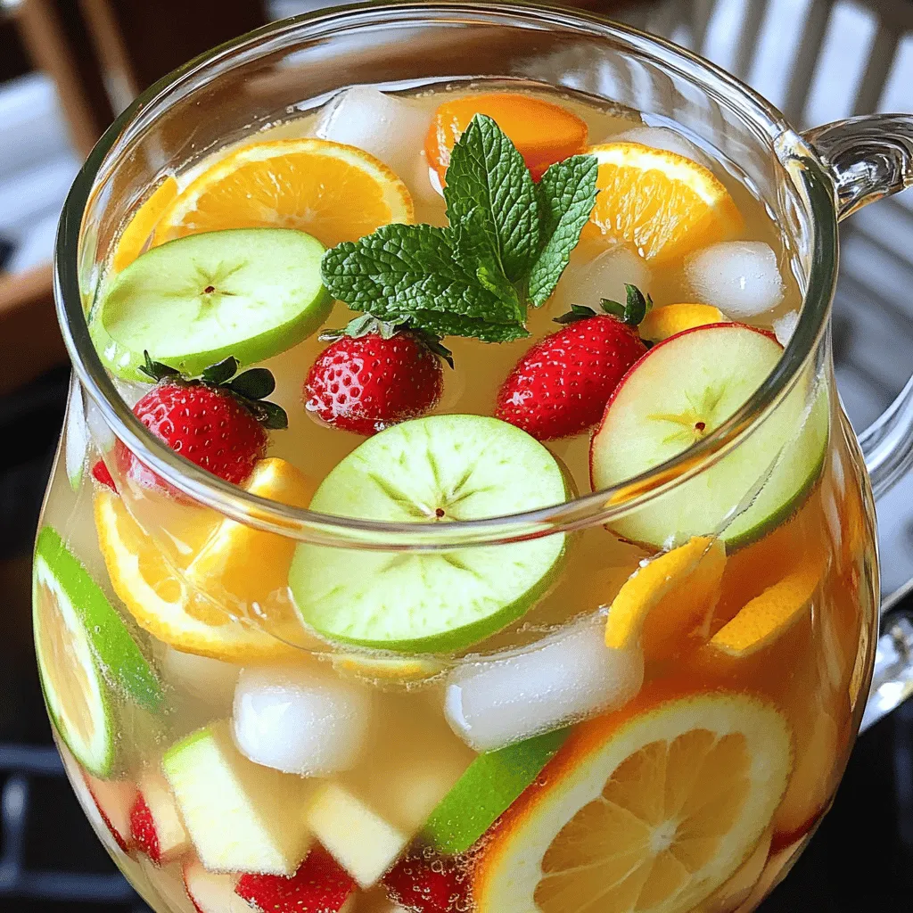 To make white sangria, you need the following ingredients: - 2 cups white grape juice - 1 cup sparkling water or lemon-lime soda - 1 cup peach or apricot nectar - 1 medium green apple, thinly sliced - 1 cup fresh strawberries, halved - 1 orange, thinly sliced - 1 lemon, thinly sliced - A handful of fresh mint leaves - Ice cubes For a great white sangria, I suggest using a dry white wine. Here are some options: - Sauvignon Blanc - Pinot Grigio - Chardonnay These wines have nice fruit notes and mix well. Keep the wine light. Avoid overly sweet options for balance. You can add more fruits for extra flavor. Here are some tasty choices: - Pineapple chunks - Raspberries - Kiwi slices Experiment with herbs, too. Try a sprig of basil or rosemary. They give a unique taste. For sweetness, consider adding a splash of agave syrup or honey. This can help balance the tartness of citrus fruits. To make white sangria, you need a pitcher and some fun. Start by pouring <strong>2 cups of white grape juice</strong> into the pitcher. Next, add <strong>1 cup of peach or apricot nectar</strong>. Stir them well. This mix is the base of your drink. Now, slowly add <strong>1 cup of sparkling water or lemon-lime soda</strong>. Adding it slowly keeps the bubbles fresh. Then, it’s time for the fruits. Slice <strong>1 medium green apple</strong> and add it. Halve <strong>1 cup of fresh strawberries</strong> and toss them in too. Don’t forget to slice <strong>1 orange</strong> and <strong>1 lemon</strong> thinly. Add these slices to the mix. As you stir, gently press the fruit. This helps their juices blend into the sangria. Next, toss in a handful of <strong>fresh mint leaves</strong>. This step adds a nice, fresh scent. Cover your pitcher and let it chill in the fridge for at least <strong>30 minutes</strong>. This waiting time helps the flavors mix well. To keep your sangria bubbly, add the sparkling water last. Pour it in gently. If you need to serve later, wait until just before serving to add the fizz. This way, your drink stays lively and fun. When you’re ready to serve, grab some glasses and fill them with <strong>ice cubes</strong>. Pour the chilled sangria over the ice. Make sure each glass has fruit. For a pretty touch, garnish with more mint leaves and a slice of citrus. This not only looks nice but also makes each sip even better. Enjoy your refreshing drink! To make your white sangria shine, start with the right wine. I recommend a dry white wine, like Sauvignon Blanc. This wine adds a crisp taste. Next, focus on your fruit. Use fresh, ripe fruit for the best flavor. Slice them thin to help the juices mix well. Let your sangria sit in the fridge for at least 30 minutes. This time helps the flavors blend perfectly. Finding the right balance is key. If your sangria tastes too sweet, add more citrus. Squeeze in fresh lemon or lime juice. This adds acidity and brightens the drink. If it’s too tart for your taste, stir in a bit of sugar or honey. Start with a teaspoon and taste as you go. Remember, you can always add more but can’t take it out! Want a tasty drink without the wine? Try the refreshing white sangria mocktail recipe. It’s perfect for everyone. The full recipe includes white grape juice, sparkling water, and fresh fruit. This drink is just as fun and flavorful as the original! Enjoy it at parties or on a sunny afternoon. {{image_4}} To make a tropical white sangria, you can use pineapple and mango. Start with 2 cups of white grape juice. Add 1 cup of pineapple juice. Mix in 1 cup of sparkling water. Include slices of fresh pineapple and mango for a sweet twist. Garnish with coconut flakes for a fun touch. This tropical version will bring a taste of the islands to your glass. For a zesty taste, try a citrus-infused sangria. Use 2 cups of white grape juice. Add 1 cup of orange juice for a bright flavor. Squeeze in juice from a lime and a lemon. Include slices of blood oranges and grapefruits for extra zing. The mix of citrus will wake up your taste buds and keep you refreshed. Change your sangria with the seasons. In summer, use berries like blueberries and raspberries. In fall, add slices of crisp pears and a sprinkle of cinnamon. Winter can bring in pomegranate seeds and cranberries for a festive look. In spring, try fresh herbs like basil or lavender for a fresh touch. Each season offers new flavors to explore in your sangria. Store leftover white sangria in a sealed container. This keeps it fresh. Use a pitcher with a lid or a glass jar. Make sure to keep it in the fridge. Consume the sangria within three days for the best taste. To keep your sangria fresh, avoid adding fruit until serving. Add fruits just before you pour. This prevents the fruits from getting too soggy. If you have leftover fruit, store it in the fridge too. Use it in smoothies or salads later. You can freeze the fruits used in sangria. Slice the fruits and place them on a tray. Freeze them for a couple of hours, then transfer to a bag. Frozen fruits are great for later. They add chill and flavor to your next batch of white sangria. The best wine for white sangria is light and fruity. I recommend using a dry white wine. Good options include Sauvignon Blanc, Pinot Grigio, or Chardonnay. These wines blend well with fruits and juices. Avoid heavy wines, as they can overpower the drink. You can keep white sangria in the fridge for up to three days. However, the fruit will start to lose its freshness after one day. For the best taste, enjoy it within 24 hours. If you want to keep the fizz, add sparkling water just before serving. Yes, you can make white sangria ahead of time! Prepare it a few hours before your event. This allows the flavors to mix well. Just remember to add sparkling water or soda right before serving. This keeps the drink bubbly and refreshing. For a non-alcoholic version, check out the Full Recipe! You learned how to make a tasty white sangria. We covered ingredients, key wines, and more. I shared easy steps for prep and tips for fizz. You can make fun variations, like tropical or citrus sangria. Don’t forget about storing leftovers the right way. With this guide, you can impress friends and family. White sangria is refreshing for any occasion. Enjoy making it your own!” /></p>
</p>
<h2>Variations</h2>
</p>
<h3>Tropical White Sangria Ideas</h3>
<p>To make a tropical white sangria, you can use pineapple and mango. Start with 2 cups of white grape juice. Add 1 cup of pineapple juice. Mix in 1 cup of sparkling water. Include slices of fresh pineapple and mango for a sweet twist. Garnish with coconut flakes for a fun touch. This tropical version will bring a taste of the islands to your glass.</p>
</p>
<h3>Citrus-Infused White Sangria Options</h3>
<p>For a zesty taste, try a citrus-infused sangria. Use 2 cups of white grape juice. Add 1 cup of orange juice for a bright flavor. Squeeze in juice from a lime and a lemon. Include slices of blood oranges and grapefruits for extra zing. The mix of citrus will wake up your taste buds and keep you refreshed.</p>
</p>
<h3>Seasonal Fruit Additions for Different Occasions</h3>
<p>Change your sangria with the seasons. In summer, use berries like blueberries and raspberries. In fall, add slices of crisp pears and a sprinkle of cinnamon. Winter can bring in pomegranate seeds and cranberries for a festive look. In spring, try fresh herbs like basil or lavender for a fresh touch. Each season offers new flavors to explore in your sangria.</p>
</p>
<h2>Storage Info</h2>
</p>
<h3>How to Store Leftover White Sangria</h3>
<p>Store leftover white sangria in a sealed container. This keeps it fresh. Use a pitcher with a lid or a glass jar. Make sure to keep it in the fridge. Consume the sangria within three days for the best taste.</p>
</p>
<h3>Best Practices for Preserving Freshness</h3>
<p>To keep your sangria fresh, avoid adding fruit until serving. Add fruits just before you pour. This prevents the fruits from getting too soggy. If you have leftover fruit, store it in the fridge too. Use it in smoothies or salads later.</p>
</p>
<h3>Freezing Tips for Sangria Fruits</h3>
<p>You can freeze the fruits used in sangria. Slice the fruits and place them on a tray. Freeze them for a couple of hours, then transfer to a bag. Frozen fruits are great for later. They add chill and flavor to your next batch of white sangria.</p>
</p>
<h2>FAQs</h2>
</p>
<h3>What is the best wine for making white sangria?</h3>
<p>The best wine for white sangria is light and fruity. I recommend using a dry white wine. Good options include Sauvignon Blanc, Pinot Grigio, or Chardonnay. These wines blend well with fruits and juices. Avoid heavy wines, as they can overpower the drink.</p>
</p>
<h3>How long can you keep white sangria in the fridge?</h3>
<p>You can keep white sangria in the fridge for up to three days. However, the fruit will start to lose its freshness after one day. For the best taste, enjoy it within 24 hours. If you want to keep the fizz, add sparkling water just before serving.</p>
</p>
<h3>Can you make white sangria ahead of time?</h3>
<p>Yes, you can make white sangria ahead of time! Prepare it a few hours before your event. This allows the flavors to mix well. Just remember to add sparkling water or soda right before serving. This keeps the drink bubbly and refreshing. For a non-alcoholic version, check out the Full Recipe!</p>
</p>
<p>You learned how to make a tasty white sangria. We covered ingredients, key wines, and more. I shared easy steps for prep and tips for fizz. You can make fun variations, like tropical or citrus sangria. Don’t forget about storing leftovers the right way. With this guide, you can impress friends and family. White sangria is refreshing for any occasion. Enjoy making it your own!</p>
<div id=